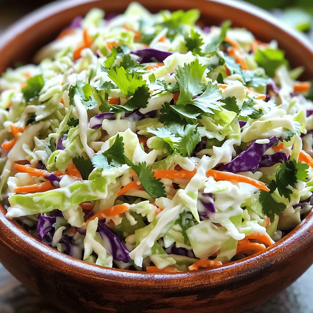 To make Spicy Cilantro Lime Coleslaw, you will need: - 4 cups green cabbage, thinly sliced - 1 cup purple cabbage, thinly sliced - 1 cup carrots, grated - 1/2 cup fresh cilantro, chopped - 1/4 cup mayonnaise - 2 tablespoons lime juice - 1 tablespoon honey - 1 teaspoon Sriracha (adjust to taste) - Salt and pepper to taste I often use a mix of green and purple cabbage. You can replace purple cabbage with more green cabbage if you like. Instead of mayonnaise, try Greek yogurt for a lighter option. You can swap honey for maple syrup or agave if you want a vegan choice. Sriracha adds heat, but you can use any hot sauce you prefer. Just keep tasting as you mix! When choosing cabbage, look for heads that feel heavy and firm. The leaves should be crisp and not wilted. For carrots, select those that are bright in color and firm to the touch. Fresh cilantro should smell strong and look vibrant green. Avoid any brown spots or wilting. Fresh ingredients make your coleslaw stand out! Start with fresh, vibrant veggies. You need four cups of green cabbage. Thinly slice it for the best texture. Next, take one cup of purple cabbage and slice it too. This adds color and a bit of crunch. Grate one cup of carrots for sweetness and a pop of orange. Then, chop half a cup of fresh cilantro. Use a sharp knife for clean cuts. In a small bowl, mix the dressing. Combine a quarter cup of mayonnaise with two tablespoons of lime juice. Honey adds a sweet touch, so include one tablespoon. For heat, add one teaspoon of Sriracha. Whisk this mix well until it is smooth. Adjust the Sriracha if you like more heat. Taste it to ensure it pleases your palate. In a large mixing bowl, add all the prepared vegetables. Pour the dressing over the top. Toss everything gently until the veggies are well coated. Add salt and pepper to taste, mixing again to blend the flavors. Chill the coleslaw for at least 30 minutes. This lets the flavors meld together beautifully. Serve it cold, and consider adding more cilantro on top for a lovely finish. For the full recipe, check out the section above. To get the best texture in your coleslaw, slice the cabbage thin. Thin slices mix better and are easier to crunch. Use a sharp knife or a mandoline. Grate the carrots finely for a nice balance. Remember to mix the veggies gently to keep them crisp. Want to change the heat? Start with one teaspoon of Sriracha. Taste the dressing before you mix it in. If you want more heat, add another half teaspoon. Always mix well and taste again. You can also add jalapeños for extra spice. Letting your coleslaw chill is key. Refrigerate it for at least 30 minutes. This helps the flavors blend and taste better. Stir the coleslaw before serving. Adding extra lime juice right before serving can boost the flavor. For the full recipe, check out [Full Recipe]. {{image_2}} You can add fruits to your coleslaw for a sweet twist. Fruits like pineapple, mango, or apple work great. These fruits give a nice balance to the heat of the Sriracha. To use fruit, chop it small and mix it in with the cabbage. You can add about one cup of fruit to keep flavors bright. This option makes the dish colorful and fun. For a crunchy texture, consider adding nuts or seeds. Almonds, pecans, or sunflower seeds can do the trick. Toast them lightly to enhance their flavor. Just chop the nuts or toss in seeds, and mix them with the coleslaw. A 1/2 cup of nuts or seeds adds a satisfying crunch. This makes every bite exciting! You can easily make this coleslaw vegetarian or vegan. Swap the mayonnaise for a plant-based alternative. There are many great vegan mayo options available now. You can also use yogurt or a cashew cream for a creamy texture. Just make sure the other ingredients are vegan-friendly. This way, everyone can enjoy your spicy cilantro lime coleslaw! For the full recipe, refer back to the previous section. After enjoying this spicy cilantro lime coleslaw, you may have some left. That’s great! To keep it fresh, place it in a covered container. This will help lock in the flavors and keep the coleslaw crisp. I recommend using glass or plastic containers with tight lids. Glass containers help you see the coleslaw and won’t stain. If you use plastic, make sure it is BPA-free and safe for food. Your coleslaw will last about three to five days in the fridge. The flavors will develop more over time. However, the cabbage may get a bit soft. For the best taste and texture, enjoy it within the first few days. For the full recipe, check the details above! Yes, you can make this coleslaw ahead of time. I often prepare it a day before. This gives the flavors more time to mix. Just keep it in the fridge. The coleslaw stays fresh and crunchy for a day or two. Be sure to stir it well before serving. If you notice extra liquid, drain it off. Coleslaw is a great side dish for many meals. It goes well with grilled meats, tacos, or sandwiches. I love serving it with pulled pork or fish tacos. The crunch and spice balance out rich flavors. You can also add it to burgers for a fresh twist. It’s a perfect companion for summer picnics and barbecues. Of course! You can use red cabbage, Napa cabbage, or Savoy cabbage. Each type adds a unique flavor and color. I often mix different cabbage types for a fun look. Just remember to slice them thinly. This helps keep the texture nice and crunchy. Feel free to experiment with what you have on hand. It’s all about making it your own! For the full recipe, check out the detailed instructions above. This article covered all the key elements for making coleslaw. We explored ingredients, step-by-step instructions, and tips for a great texture. I shared fun variations, storage tips, and answered common questions. Coleslaw is simple and fun to make. With fresh produce and a bit of creativity, you can enjoy a dish that brightens any meal. Now, go ahead and try making your own coleslaw! You'll love how easy it is.
