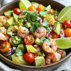 - Shrimp: You need 1 pound of shrimp for this salad. Make sure to peel and devein them. This helps keep the texture smooth and clean. - Fresh Produce: This salad shines with fresh ingredients. Use 2 ripe avocados, diced. They add creaminess and healthy fats. Include 1 cup of cherry tomatoes, halved for sweetness and color. A small red onion, finely chopped, gives a nice crunch. Lastly, add 1 jalapeño, finely diced. Remove the seeds if you want less heat. These veggies balance flavors beautifully. - Seasonings and Dressings: Lime juice is key here. Use 3 tablespoons to brighten the dish. It adds a zesty kick that pairs well with shrimp. Olive oil also plays a big role. Use 2 tablespoons to add richness and help the flavors blend. Don’t forget salt and pepper to taste. They enhance all the fresh ingredients. This simple list forms a fresh and healthy delight. You can find the full recipe above to guide you through the cooking process. To cook the shrimp, start with a large skillet. Set it over medium heat. Add a splash of olive oil. Once the oil is hot, add the shrimp. Make sure to season them with salt and pepper. Cook the shrimp for about 3 to 4 minutes. They will turn pink and opaque when done. This cooking method gives you juicy shrimp with great flavor. Remove the shrimp from heat and let them cool. Now, let’s mix the salad. In a big mixing bowl, combine the diced avocados, halved cherry tomatoes, chopped red onion, diced jalapeño, and cilantro. To keep avocados from browning, add lime juice right after cutting them. This helps keep their bright green color. Once the shrimp cool, chop them into bite-sized pieces. Add the shrimp to the bowl with the other ingredients. Next, we need to make the dressing. In a small bowl, whisk together lime juice and olive oil until they blend well. This is called emulsifying. Pour this dressing over the salad mixture. Now, gently toss everything together. Be careful not to mash the avocados. Adjust the seasoning with more salt and pepper if needed. Chill the salad in the fridge for about 15 minutes. This lets the flavors mix well. For the full recipe, check the details above. To make the best shrimp avocado salad, you need ripe avocados. Look for avocados that yield slightly when you press them. If they feel hard, they need more time to ripen. You can speed this up by placing them in a brown paper bag with an apple or banana. When cooking shrimp, I suggest using medium heat. This helps them cook evenly. A quick tip is to not overcrowd the pan. Cook shrimp in batches if needed. Once they turn pink and opaque, they are ready. This usually takes about 3-4 minutes. Presentation makes a big difference. Serve your salad in a large bowl or on individual plates. For a pop of color, add lime wedges and extra cilantro on top. You can also use a ring mold to shape the salad neatly on the plate. This adds a fun touch. Pair this salad with crusty bread or tortilla chips for an extra crunch. You could also serve it alongside a light soup or grilled vegetables. Preparing in advance can save time. You can chop the vegetables and store them in the fridge for a day. Keep the avocados whole until you are ready to serve them. This helps prevent browning. For storage, use an air-tight container. This keeps the salad fresh for a day. If you have leftover salad, eat it within two days for the best taste. Avoid freezing it, as shrimp can lose their texture when thawed. For the full recipe, check out the Shrimp Avocado Delight section. {{image_2}} You can make this salad your own. Add proteins like grilled chicken or tofu for more substance. These options not only boost the flavor but also enhance the nutrition. For extra crunch, toss in some sliced cucumbers or bell peppers. They add a nice texture and a fresh taste to your salad. You can also try nuts like almonds or walnuts for a unique twist. Want to change up the taste? Swap lime juice for lemon juice for a different zing. You can also use avocado oil instead of olive oil for a lighter flavor. Add spices like cumin or smoked paprika for a warm kick. Fresh herbs such as basil or dill can brighten your dish, too. These little changes can make a big difference in taste. This salad works for many dietary needs. If you're gluten-free, you’re all set! Just check your ingredients to ensure they are safe. For keto fans, keep the avocados and shrimp. Skip the tomatoes or limit them, as they have more carbs. If you're vegan, use chickpeas or lentils instead of shrimp. They provide protein and a nice texture. Substitute avocados with a plant-based dressing for a creamy touch. To keep your shrimp avocado salad fresh, store it in the fridge. Always use an air-tight container. This helps prevent the salad from drying out or absorbing other smells in your fridge. It is best to keep the dressing separate until you are ready to eat. This protects the salad's texture and taste. The shrimp avocado salad stays fresh for about two days in the fridge. The shrimp can last up to three days on its own. Avocados brown quickly, so check them first. If they turn dark or mushy, it’s time to toss them. Look for smells or a slimy texture. These are signs the salad is no longer fresh. You can freeze shrimp avocado salad, but I do not recommend it. Freezing changes the texture of the shrimp and avocado. If you want to freeze ingredients, do so separately. Freeze cooked shrimp in a zip-top bag. For avocados, mash them with a bit of lime juice to prevent browning before freezing. Shrimp is low in calories and high in protein. A 3-ounce serving has about 20 grams of protein and only 85 calories. It is also rich in vitamins B12 and D. These nutrients help your body function well and keep your bones strong. Avocados bring healthy fats to the table. They are high in monounsaturated fats, which may help lower bad cholesterol. One avocado has about 300 calories but is full of fiber, potassium, and vitamins. This makes avocados great for heart health and digestion. Yes, you can use frozen shrimp. First, thaw the shrimp in cold water for about 10-15 minutes. This helps them defrost quickly. After thawing, cook them just like fresh shrimp. Make sure they turn pink and opaque, which takes about 3-4 minutes. To add heat, try adding more jalapeños. You can also use a pinch of cayenne pepper. Another option is to mix in some hot sauce. These will give your salad a nice kick without overpowering the flavors. Yes, this salad is great for meal prep. You can make it ahead of time and store it in the fridge. Use an airtight container to keep it fresh. Just be sure to add the dressing right before serving. This keeps the salad crisp and tasty. You can serve this salad with a side of rice or quinoa for a full meal. Grilled vegetables or a light soup make great pairings too. If you want a crunch, serve it with tortilla chips or a crusty bread. For a refreshing drink, try iced tea or lemonade! For the full recipe, check out the complete Shrimp Avocado Delight instructions! In this blog post, we covered how to make a delicious Shrimp Avocado Salad. We discussed the key ingredients like shrimp, fresh veggies, and crucial seasonings. You learned step-by-step cooking and preparation methods, plus tips for perfecting your dish. I shared ways to customize the salad for different diets and how to store it properly for freshness. For the best salad, focus on fresh ingredients and bold flavors. Enjoy making this dish often—it’s healthy, tasty, and fun!