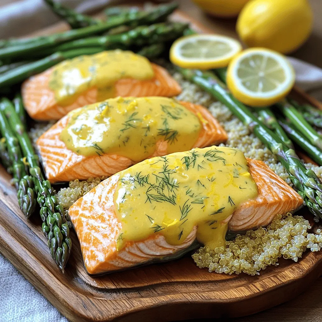 - 4 salmon fillets (6 oz each) - 2 tablespoons olive oil - Salt and black pepper to taste - 1 cup heavy cream - 2 tablespoons fresh dill, chopped (or 1 tablespoon dried dill) - Zest of 1 lemon - 2 tablespoons fresh lemon juice - 2 cloves garlic, minced - ½ teaspoon onion powder - ½ teaspoon paprika Gathering the right ingredients is key to making creamy lemon dill salmon a hit. You want fresh salmon for the best flavor. Olive oil adds richness and helps with seasoning. Salt and black pepper will enhance the taste of the fish. Heavy cream gives the dish its creamy texture, while dill adds a fresh herb taste. Lemon zest and juice brighten the flavors, bringing a pop of freshness. Minced garlic adds depth, and onion powder and paprika provide subtle warmth. You can easily find these items at your local grocery store or farmer's market. - Baking sheet - Parchment paper - Medium saucepan - Measuring cups and spoons - Spatula or whisk Using the right tools makes cooking easier. A baking sheet lined with parchment paper helps with cleanup and prevents sticking. A medium saucepan is perfect for making the creamy sauce. Measuring cups and spoons ensure you add the right amounts of each ingredient. A spatula or whisk is handy for mixing the sauce well. All these tools will help you create a great dish that impresses everyone. For the full recipe, check the complete details above. - Preheat the oven to 400°F (200°C) and prepare the baking sheet. - Season the salmon fillets with olive oil, salt, and pepper. First, you need to set your oven. Preheating it to 400°F makes sure the salmon cooks evenly. Grab your baking sheet, and line it with parchment paper. This helps with easy cleanup later. Next, take your salmon fillets. Pat them dry with paper towels. This step is key to getting a nice sear. Drizzle olive oil on both sides of each fillet. Sprinkle salt and pepper to taste. Place the fillets skin-side down on your baking sheet. - Prepare the creamy sauce in the saucepan and simmer. - Coat the salmon with sauce and bake until cooked. Now, let's make the creamy sauce. In a medium saucepan, mix heavy cream, minced garlic, lemon zest, lemon juice, chopped dill, onion powder, and paprika. Turn the heat to medium and stir. You want it to simmer gently. Let it cook for about 5-7 minutes. The sauce will thicken a bit. Once the sauce is ready, pour it over the salmon fillets. Make sure each fillet is coated evenly. Then, place the baking sheet in the oven. Bake for 12-15 minutes. You’ll know it’s done when the salmon flakes easily with a fork. - Rest the salmon and serve with additional sauce. - Garnish options for presentation. After baking, take the salmon out of the oven. Let it rest for a few minutes. This helps the flavors mix well. When you’re ready, place the salmon on a serving platter. Drizzle any extra creamy sauce over the top. For a beautiful touch, consider garnishing with fresh dill or lemon slices. These add a pop of color and flavor. Serve with sides like steamed asparagus and fluffy rice or quinoa. Enjoy your creamy lemon dill salmon dish, a delightful meal that is both simple and delicious! To cook salmon well, aim for a flaky texture. You can check for doneness by gently pressing the fish with a fork. If it flakes easily, it's ready! For the best flavor, use fresh dill. Fresh herbs bring a bright taste that dried herbs can't match. If fresh isn't an option, dried dill still works well, but use less. You can adjust the sauce to fit your taste. Adding capers gives a nice briny kick. A little mustard can add depth as well. If you like spice, try adding a pinch of red pepper flakes. It adds heat without overpowering the dish. You can also adjust the creaminess by using less heavy cream if desired. Explore these variations to make the dish your own. For the full recipe, check the beginning of this article. {{image_2}} To keep your creamy lemon dill salmon fresh, cool it down first. Let it sit at room temperature for no more than two hours. Use airtight containers to store the leftovers. Glass containers work best, as they do not retain odors. Refrigerate the salmon right away. It can last up to three days in the fridge. If you want to keep it longer, consider freezing it. Wrap the salmon tightly in foil or use freezer-safe bags. Frozen salmon can stay good for up to three months. When reheating salmon, you want to keep it moist. The best method is to use the oven. Preheat it to 275°F (135°C). Place the salmon in a baking dish, and cover it with foil. Heat for about 15 minutes or until warm. You can also use the microwave. Place the salmon on a plate and cover it with a damp paper towel. Heat in short bursts of 30 seconds. Check often to avoid drying it out. Leftover salmon is great in many meals. Flake it into salads or pasta dishes. You can also make salmon sandwiches with creamy sauce for a tasty lunch! Can I use frozen salmon for this recipe? Yes, you can use frozen salmon. Just thaw it fully before cooking. This helps the salmon cook evenly and ensures a nice texture. What can I serve with creamy lemon dill salmon? You can serve it with steamed asparagus and fluffy rice or quinoa. A side salad also pairs well with this dish. The fresh flavors of the sides will complement the salmon nicely. How do I know when the salmon is fully cooked? When the salmon flakes easily with a fork, it is done. You can also check if the meat turns opaque and has an internal temperature of 145°F (63°C). Can I substitute heavy cream for another ingredient? Yes, you can use coconut milk or cashew cream for a lighter option. These alternatives will give a different flavor but still create a creamy sauce. What's the best type of salmon to use for this dish? I recommend using sockeye or king salmon. They have great flavor and a rich texture. Both types hold up well during cooking and absorb the sauce nicely. How can I make this recipe dairy-free or gluten-free? To make it dairy-free, swap heavy cream with coconut cream or a nut-based cream. For gluten-free, ensure all other ingredients are certified gluten-free. In this post, we explored how to make creamy lemon dill salmon. We covered the ingredients, including salmon, cream, and fresh herbs. I shared tools you'll need, step-by-step cooking tips, and ways to adjust flavor. Plus, we discussed storage and reheating methods for leftovers. Remember, cooking can be fun. Experiment and find what works for you. Enjoy your delicious salmon!