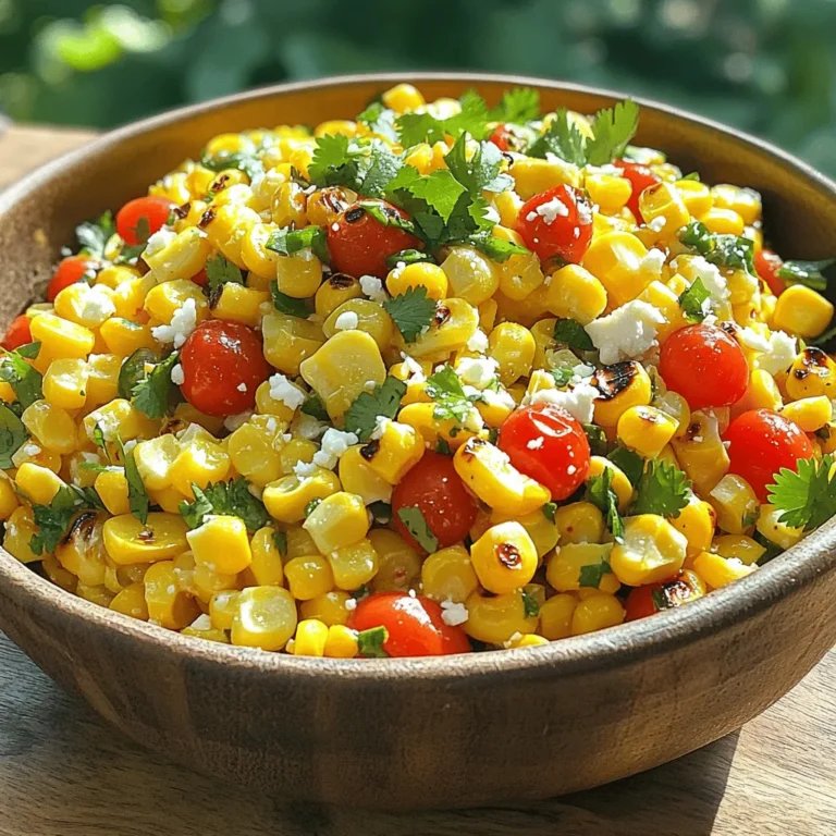 To make a great chili lime grilled corn salad, you need fresh and colorful ingredients. Here’s what you will need: - 4 ears of fresh corn, husked - 1 red bell pepper, diced - 1 jalapeño, finely chopped (seeds removed for less heat) - 1/2 cup red onion, finely chopped - 1/2 cup cherry tomatoes, halved - 1/4 cup fresh cilantro, chopped - Juice of 2 limes - 3 tablespoons olive oil - 1 teaspoon chili powder - Salt and pepper to taste - Crumbled feta cheese (optional, for garnish) If fresh corn is not available, you can use frozen corn. Frozen corn is picked at its peak and frozen quickly. It works well in this salad. Another option is canned corn. If you choose canned corn, drain and rinse it before use. Both alternatives can provide similar taste results. Fresh corn gives a sweet crunch, while frozen and canned corn offer convenience. The right seasonings make this dish pop. Lime juice and chili powder are key for that zesty flavor. You can also add garlic powder for extra depth. Fresh herbs like cilantro bring brightness. If you want to add more flair, crumbled feta cheese is a great topping. It adds creaminess and saltiness to balance the flavors. You could also try avocado slices for a creamy texture. To start, preheat your grill to medium-high heat. This step is key for getting those nice grill marks. Once your grill is hot, husk the corn and place the ears directly on the grill. Grill them for about 10-12 minutes. Turn them every few minutes. You want them to be charred and tender. After grilling, carefully take the corn off the grill and let it cool down a bit. Using a sharp knife, cut the kernels off the cobs. Be careful not to cut too deep. You want to keep some of that sweet corn flavor in each kernel. Put the kernels in a large mixing bowl. Now, let's make the dressing. Take a small bowl and add the juice of 2 limes. Next, pour in 3 tablespoons of olive oil. Then, add 1 teaspoon of chili powder, salt, and pepper to taste. Whisk these together until they blend well. This dressing gives the salad a bright and zesty flavor. Now it’s time to combine everything. Add the grilled corn to the bowl with the kernels. Then, toss in the diced red bell pepper, chopped jalapeño, finely chopped red onion, halved cherry tomatoes, and chopped cilantro. Next, drizzle your freshly made dressing over this colorful mix. Toss everything gently until it’s well combined. This ensures that every bite is bursting with flavor. Taste the salad and adjust the seasoning if needed. If you like, sprinkle crumbled feta cheese on top for an extra layer of taste. Serve this salad chilled or at room temperature. It’s a perfect side dish for summer meals. For the full recipe, check out the link provided. Enjoy! To get those perfect grill marks, heat your grill well. Aim for medium-high heat. Place your husked corn directly on the grill. Turn the corn every few minutes. This helps it cook evenly and char nicely. Don't rush this step; good grill marks come from patience. Aim for about 10-12 minutes of cooking time for the best flavor. Fresh corn is always the best choice for this salad. It has a sweet taste and a crisp texture. If fresh corn isn't available, frozen corn can work too. Just make sure to thaw and drain it before grilling. Fresh corn offers a more vibrant flavor, while frozen corn can be a quick backup. You can make this salad even better with extra herbs and spices. Try adding fresh basil or mint for a twist. A pinch of cumin can also add depth. If you like heat, toss in some extra jalapeños. Experiment with what you love! This salad is flexible, so feel free to make it your own. For the full recipe, check out the [Full Recipe]. {{image_2}} You can easily add protein to your Chili Lime Grilled Corn Salad. Grilled chicken or shrimp works well. Simply chop them into bite-sized pieces. You can also use black beans or kidney beans for a hearty touch. These options boost flavor and make the salad filling. If you like heat, add more jalapeños or red pepper flakes. You can also try a dash of hot sauce. If you want less spice, leave out the seeds from the jalapeño. Taste as you go to get the heat just right for you. To make this salad dairy-free or vegan, skip the feta cheese. You can add avocado for creaminess instead. Another option is using a vegan cheese that crumbles well. These swaps keep the salad fresh and tasty while meeting different diet needs. Check out the full recipe for more tips on how to make this salad your own! To keep your Chili Lime Grilled Corn Salad fresh, place it in an airtight container. Make sure to cool the salad to room temperature before storing. This helps avoid condensation, which can make the salad soggy. Store it in the fridge for up to three days. Always check for any off smells or changes in texture before eating. I don’t recommend freezing the salad. The texture of the corn and veggies changes when frozen. If you must freeze it, store it in a freezer-safe bag. To thaw, place it in the fridge overnight. Reheat it gently in a skillet over low heat. This helps keep the flavors intact, but it may not taste as fresh. Chili Lime Grilled Corn Salad lasts well in the fridge for three days. However, for the best taste, eat it within two days. After that, the flavors start to fade. Always check for freshness before serving. If it looks or smells off, it’s best to toss it. Enjoy your salad while it’s at its peak! To add heat, increase the jalapeño amount. You can keep some seeds in for more spice. You may also add a pinch of cayenne pepper to the dressing. If you love heat, try fresh chili flakes on top before serving. These tweaks give your salad a nice kick. Yes! You can prepare the corn salad in advance. Just keep it in the fridge for up to a day. Make sure to add the dressing right before serving. This keeps the salad fresh and crunchy. If you have leftovers, enjoy them the next day. The flavors deepen and taste great! This salad pairs well with grilled meats like chicken or steak. You can also serve it with tacos or fajitas. For a lighter meal, serve it with grilled fish. The bright flavors of the salad balance rich dishes. You can even enjoy it as a snack on its own! Want the full recipe? Check out the [Full Recipe]. Chili Lime Grilled Corn Salad brings fun flavors together. You learned about the best ingredients, cooking steps, and helpful tips. I shared ideas for making it your own, from spice to protein. Remember, fresh corn shines, but frozen works too. Store leftovers properly to enjoy them later. With these insights, you can confidently create a tasty dish. Dive into this recipe and enjoy the vibrant tastes you can share with others. Cooking should be fun and simple!