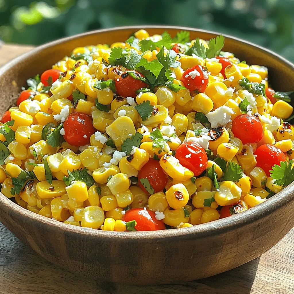 To make a great chili lime grilled corn salad, you need fresh and colorful ingredients. Here’s what you will need: - 4 ears of fresh corn, husked - 1 red bell pepper, diced - 1 jalapeño, finely chopped (seeds removed for less heat) - 1/2 cup red onion, finely chopped - 1/2 cup cherry tomatoes, halved - 1/4 cup fresh cilantro, chopped - Juice of 2 limes - 3 tablespoons olive oil - 1 teaspoon chili powder - Salt and pepper to taste - Crumbled feta cheese (optional, for garnish) If fresh corn is not available, you can use frozen corn. Frozen corn is picked at its peak and frozen quickly. It works well in this salad. Another option is canned corn. If you choose canned corn, drain and rinse it before use. Both alternatives can provide similar taste results. Fresh corn gives a sweet crunch, while frozen and canned corn offer convenience. The right seasonings make this dish pop. Lime juice and chili powder are key for that zesty flavor. You can also add garlic powder for extra depth. Fresh herbs like cilantro bring brightness. If you want to add more flair, crumbled feta cheese is a great topping. It adds creaminess and saltiness to balance the flavors. You could also try avocado slices for a creamy texture. To start, preheat your grill to medium-high heat. This step is key for getting those nice grill marks. Once your grill is hot, husk the corn and place the ears directly on the grill. Grill them for about 10-12 minutes. Turn them every few minutes. You want them to be charred and tender. After grilling, carefully take the corn off the grill and let it cool down a bit. Using a sharp knife, cut the kernels off the cobs. Be careful not to cut too deep. You want to keep some of that sweet corn flavor in each kernel. Put the kernels in a large mixing bowl. Now, let's make the dressing. Take a small bowl and add the juice of 2 limes. Next, pour in 3 tablespoons of olive oil. Then, add 1 teaspoon of chili powder, salt, and pepper to taste. Whisk these together until they blend well. This dressing gives the salad a bright and zesty flavor. Now it’s time to combine everything. Add the grilled corn to the bowl with the kernels. Then, toss in the diced red bell pepper, chopped jalapeño, finely chopped red onion, halved cherry tomatoes, and chopped cilantro. Next, drizzle your freshly made dressing over this colorful mix. Toss everything gently until it’s well combined. This ensures that every bite is bursting with flavor. Taste the salad and adjust the seasoning if needed. If you like, sprinkle crumbled feta cheese on top for an extra layer of taste. Serve this salad chilled or at room temperature. It’s a perfect side dish for summer meals. For the full recipe, check out the link provided. Enjoy! To get those perfect grill marks, heat your grill well. Aim for medium-high heat. Place your husked corn directly on the grill. Turn the corn every few minutes. This helps it cook evenly and char nicely. Don't rush this step; good grill marks come from patience. Aim for about 10-12 minutes of cooking time for the best flavor. Fresh corn is always the best choice for this salad. It has a sweet taste and a crisp texture. If fresh corn isn't available, frozen corn can work too. Just make sure to thaw and drain it before grilling. Fresh corn offers a more vibrant flavor, while frozen corn can be a quick backup. You can make this salad even better with extra herbs and spices. Try adding fresh basil or mint for a twist. A pinch of cumin can also add depth. If you like heat, toss in some extra jalapeños. Experiment with what you love! This salad is flexible, so feel free to make it your own. For the full recipe, check out the [Full Recipe]. {{image_2}} You can easily add protein to your Chili Lime Grilled Corn Salad. Grilled chicken or shrimp works well. Simply chop them into bite-sized pieces. You can also use black beans or kidney beans for a hearty touch. These options boost flavor and make the salad filling. If you like heat, add more jalapeños or red pepper flakes. You can also try a dash of hot sauce. If you want less spice, leave out the seeds from the jalapeño. Taste as you go to get the heat just right for you. To make this salad dairy-free or vegan, skip the feta cheese. You can add avocado for creaminess instead. Another option is using a vegan cheese that crumbles well. These swaps keep the salad fresh and tasty while meeting different diet needs. Check out the full recipe for more tips on how to make this salad your own! To keep your Chili Lime Grilled Corn Salad fresh, place it in an airtight container. Make sure to cool the salad to room temperature before storing. This helps avoid condensation, which can make the salad soggy. Store it in the fridge for up to three days. Always check for any off smells or changes in texture before eating. I don’t recommend freezing the salad. The texture of the corn and veggies changes when frozen. If you must freeze it, store it in a freezer-safe bag. To thaw, place it in the fridge overnight. Reheat it gently in a skillet over low heat. This helps keep the flavors intact, but it may not taste as fresh. Chili Lime Grilled Corn Salad lasts well in the fridge for three days. However, for the best taste, eat it within two days. After that, the flavors start to fade. Always check for freshness before serving. If it looks or smells off, it’s best to toss it. Enjoy your salad while it’s at its peak! To add heat, increase the jalapeño amount. You can keep some seeds in for more spice. You may also add a pinch of cayenne pepper to the dressing. If you love heat, try fresh chili flakes on top before serving. These tweaks give your salad a nice kick. Yes! You can prepare the corn salad in advance. Just keep it in the fridge for up to a day. Make sure to add the dressing right before serving. This keeps the salad fresh and crunchy. If you have leftovers, enjoy them the next day. The flavors deepen and taste great! This salad pairs well with grilled meats like chicken or steak. You can also serve it with tacos or fajitas. For a lighter meal, serve it with grilled fish. The bright flavors of the salad balance rich dishes. You can even enjoy it as a snack on its own! Want the full recipe? Check out the [Full Recipe]. Chili Lime Grilled Corn Salad brings fun flavors together. You learned about the best ingredients, cooking steps, and helpful tips. I shared ideas for making it your own, from spice to protein. Remember, fresh corn shines, but frozen works too. Store leftovers properly to enjoy them later. With these insights, you can confidently create a tasty dish. Dive into this recipe and enjoy the vibrant tastes you can share with others. Cooking should be fun and simple!