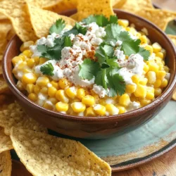 To make Mexican Street Corn Dip, you need a few key ingredients: - 2 cups corn kernels (fresh or frozen) - 1 cup cream cheese, softened - 1/2 cup sour cream - 1/2 cup mayonnaise - 1/2 cup crumbled queso fresco - 1/2 teaspoon chili powder - 1/2 teaspoon smoked paprika - 1 clove garlic, minced - 1 lime, juiced - 1/4 cup fresh cilantro, chopped - Salt and pepper to taste These ingredients create a rich, creamy base. The corn brings sweetness, and the spices add warmth. Queso fresco enhances the flavor with a tangy touch. To make your dip even better, consider these optional toppings: - Additional cheese options like shredded cheddar or mozzarella - Fresh herbs such as more cilantro or green onions for color These toppings add texture and freshness. You can mix and match based on your taste. To prepare this dip, you'll need: - A mixing bowl and measuring cups for easy mixing - A grill or stovetop for preparing the corn These tools help you get the job done quickly. A good mixing bowl makes combining the ingredients easy. The grill or stovetop is essential for that smoky flavor in the corn. For the complete process, check out the Full Recipe. You can use fresh corn or frozen corn for this dip. If you choose fresh corn, grill it for great flavor. Heat your grill to medium. Put the corn on the grill and cook for about 8-10 minutes. You want to see some nice char marks. Once it cools, cut the kernels off the cob. If you pick frozen corn, just thaw it out. Both options work well and taste good! Now it’s time to mix the creamy base. In a large mixing bowl, add the softened cream cheese, sour cream, and mayonnaise. Use a spatula to mix until everything is smooth and creamy. This step is key for a rich and tasty dip. Next, stir in the corn kernels. Add crumbled queso fresco, chili powder, smoked paprika, minced garlic, lime juice, and chopped cilantro. Mix everything together well. Taste and adjust with salt and pepper. You might want to add extra lime juice for a zesty kick. Once it’s ready, transfer the dip to a serving bowl. For a nice touch, sprinkle more queso fresco and cilantro on top. Serve with tortilla chips for dipping, and enjoy! For the complete recipe, check out the Full Recipe. To make your dip creamy, start with softened cream cheese. If it's too thick, add more sour cream or mayonnaise. You can also mix in a splash of milk or cream for extra smoothness. Adjust until you reach your favorite texture. Spices can really change this dip! Try adding more chili powder for heat. Smoked paprika gives it a nice depth. If you love garlic, add another clove. You can even stir in some lime zest for a bright flavor. Don't shy away from fresh herbs like parsley or green onions! Make your dip look great! After you mix everything, transfer it to a nice bowl. Sprinkle extra queso fresco and fresh cilantro on top. You can add lime wedges around the bowl for a pop of color. Serve it with tortilla chips on a pretty platter to impress your guests. For the full recipe, check out the details earlier in this article. {{image_2}} To add some heat, use jalapeños or cayenne pepper. Just chop jalapeños and mix them in. For cayenne, start with a pinch. You can always add more later. The spice level is up to you. This variation gives the dip a nice kick. It makes every bite exciting! If you want a dairy-free dip, swap cream cheese and sour cream for vegan options. You can use cashew cream or coconut yogurt. Both work well and taste great. The other ingredients stay the same. Your plant-based friends will love this version too! For a twist, add black beans or roasted red peppers. Black beans give it a hearty feel. Roasted red peppers add a sweet taste. Mix these in with the other ingredients. This variation brings a nice depth of flavor to your dip. It’s a fun way to change things up! For the full recipe, check out the details above. To keep your Mexican Street Corn Dip fresh, place it in an airtight container. This helps keep it flavorful. Store it in the fridge. It stays good for about 3-4 days. If you see any change in smell or color, it’s best to throw it away. Always use a clean spoon to serve from the container to avoid germs. You can freeze the dip for later use. First, place it in a freezer-safe container. Make sure to leave some space at the top. The dip may expand slightly when frozen. It will stay good for up to 2 months. When you want to eat it, move it to the fridge to thaw overnight. This way, it keeps its taste and texture. To refresh the dip for serving, you can reheat it gently. Place the dip in a saucepan over low heat. Stir it often so it heats evenly. You can also use a microwave. Heat it in short bursts, stirring in between. If it seems too thick, add a bit of sour cream or mayonnaise to bring back creaminess. Enjoy your dip warm with tortilla chips! You can store Mexican Street Corn Dip in the fridge for up to three days. Make sure to place it in an airtight container. This keeps the dip fresh and tasty. After three days, the flavors may fade, and the dip may spoil. Always check for any off smells or weird textures before eating leftovers. Yes, you can use canned corn for this dip. Canned corn is easy and convenient. Just drain and rinse the corn before adding it to your dip. However, fresh or frozen corn can give a better flavor and texture. Grilling or charring fresh corn adds a nice smoky taste. If you’re in a rush, canned corn works just fine. Mexican Street Corn Dip pairs well with many dippers. Here are some great options: - Tortilla chips - Fresh veggie sticks like carrots and celery - Pita chips for a crunchy twist - Sliced bell peppers for a sweet crunch You can also use crackers for a different texture. Each dipper brings out the flavors in the dip. Enjoy experimenting with what you like best! This blog post delves into making delicious Mexican Street Corn Dip. We covered the main ingredients like corn, cream cheese, and spices, plus optional toppings for extra flavor. I shared tips for getting the perfect dip consistency and offered various ways to customize your recipe. We also discussed storage methods and answered common questions. In short, you can easily create a tasty dip that suits your preferences. Enjoy experimenting with flavors and sharing this delightful dish with others!