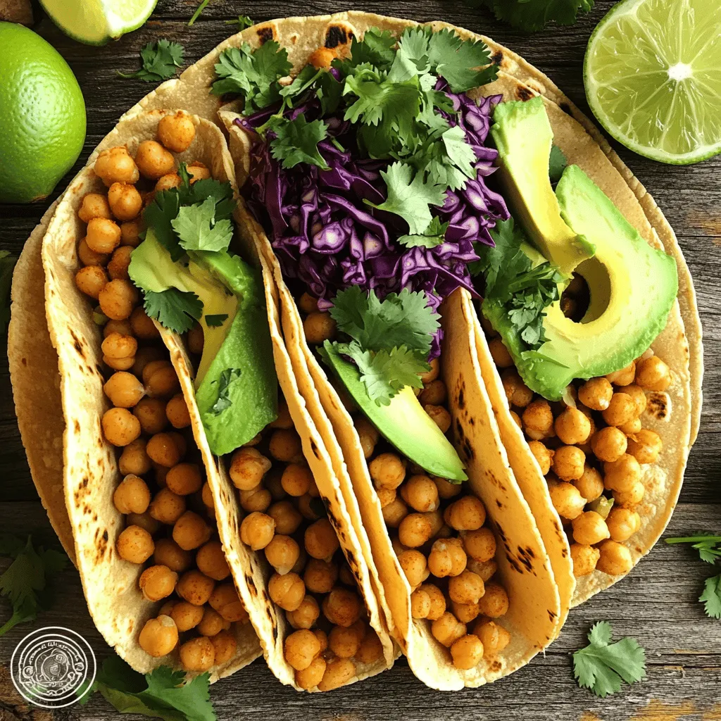 - 1 can (15 oz) chickpeas, drained and rinsed - 1 tablespoon olive oil - 1 teaspoon ground cumin - 1 teaspoon smoked paprika - 1/2 teaspoon garlic powder - 1/2 teaspoon onion powder - Salt and pepper to taste Chickpeas are the star of this dish. They are high in protein and fiber. This makes them a healthy choice. Rinsing and draining them helps reduce sodium. Olive oil adds richness and helps the spices stick. The seasonings are key to flavor. Ground cumin gives warmth. Smoked paprika adds a nice smoky taste. Garlic and onion powders boost the overall flavor. Don't forget salt and pepper to enhance everything. - 1 avocado, sliced - 1 cup shredded red cabbage - 1/2 cup fresh cilantro, chopped - 1 lime, cut into wedges - Optional: hot sauce for serving Toppings make your tacos fun and fresh. Avocado adds creaminess and healthy fats. Red cabbage gives a nice crunch and bright color. Cilantro offers a burst of flavor that many love. Lime wedges are a must. Squeezing fresh lime juice over the tacos brightens all the flavors. If you like heat, add hot sauce. It gives the dish an extra kick. - 8 small corn or flour tortillas You can choose corn or flour tortillas. Corn tortillas are gluten-free and have a nice texture. Flour tortillas are soft and easy to fold. Either option works well for holding your tasty fillings. Warm the tortillas before serving. This makes them pliable and easy to eat. You can use a skillet or microwave for warming. Enjoy your crispy chickpea tacos with these simple yet flavorful ingredients! For the full recipe, check here [Full Recipe]. To start, you need to dry and season the chickpeas. First, drain and rinse a can of chickpeas. Use a kitchen towel to pat them dry. This step is key to getting them crispy. Next, place the chickpeas in a bowl. Drizzle one tablespoon of olive oil over them. Then, sprinkle in one teaspoon of ground cumin, one teaspoon of smoked paprika, half a teaspoon of garlic powder, half a teaspoon of onion powder, and salt and pepper to taste. Toss everything together until the chickpeas are well coated. Now, let’s prepare the oven. Preheat it to 425°F (220°C). This high temperature helps the chickpeas become nice and crispy. The ideal temperature for baking chickpeas is 425°F. This heat crisps them up quickly. Bake the chickpeas for 20-25 minutes. Halfway through, shake the pan to ensure they cook evenly. You want them golden and crunchy. While the chickpeas bake, warm your tortillas. You can do this in a dry skillet over medium heat. Heat them for about 30 seconds on each side. This makes them soft and easy to fold. Once the chickpeas are done, it’s taco time! Take a tortilla and add a generous spoonful of crispy chickpeas. Next, layer on sliced avocado, shredded red cabbage, and chopped cilantro. You can also serve lime wedges and hot sauce on the side for extra flavor. You can find the Full Recipe for more details! To get crispy chickpeas, start by drying them well. Moisture makes them soggy. Use a clean kitchen towel to pat them dry. This step is key for that perfect crunch. For baking, set your oven to 425°F (220°C). Spread the chickpeas out in a single layer on a baking sheet. This allows the heat to circulate. Bake for 20 to 25 minutes. Shake the pan halfway through to cook them evenly. Spices make a big difference in flavor. I love using ground cumin and smoked paprika. They add warmth and depth. Garlic and onion powders also bring out great taste. Feel free to adjust these spices to your liking. For sauces, try a zesty lime crema or a spicy hot sauce. They add an extra kick to your tacos. While I recommend using a skillet to heat tortillas, there are other ways. You can wrap them in foil and warm them in the oven. This method keeps them soft. If you want to store soft tortillas, keep them in a sealed bag. This keeps them fresh and prevents them from drying out. Enjoy your delicious crispy chickpea tacos! For the full recipe, visit the link. {{image_2}} You can mix up your tacos by using different proteins. Chickpeas are amazing, but you can also add other legumes like black beans or lentils. They work well and give you a nice texture. If you want a heartier option, try vegan meat alternatives. Products made from soy or pea protein can add a great taste. They soak up the taco flavors and keep your meal filling. For those who love spice, add some chili powder or jalapeños to your chickpeas. This will bring a nice kick to each bite. You can also create sweet and savory tacos. Try adding mango salsa or roasted sweet potatoes. These flavors balance the spices and bring out the chickpeas' taste. Play around with flavors to find what you love! To make your meal even better, pair your tacos with sides. A fresh corn salad or a tangy slaw works great. They add crunch and freshness to your plate. For plating, stack your tacos neatly on a colorful plate. Add lime wedges and extra cilantro for a pop of color. This makes your dish look as good as it tastes. For the full recipe, check the detailed instructions above. To keep your crispy chickpea tacos fresh, store the leftovers right. Place the chickpeas in an airtight container. Use a container that seals well to keep moisture out. I recommend glass or plastic containers with tight lids. Store the toppings separately. Keep avocado, cabbage, and cilantro in their own containers. This keeps everything fresh and prevents sogginess. When you want to enjoy your tacos again, reheating is key. First, heat the chickpeas in the oven. Set it to 350°F (175°C) and bake for about 10 minutes. This makes them crispy again. For the tortillas, use a skillet. Warm them on medium heat for 20-30 seconds on each side. This method keeps them soft and pliable. Avoid the microwave if you want to keep that crunch. Can you freeze crispy chickpeas? Yes, you can! Freezing is a good way to save them for later. Let them cool completely before putting them in a freezer bag. Squeeze out as much air as possible before sealing. This helps prevent freezer burn. For best results, try to eat them within a month. When you're ready to eat, just reheat them in the oven. You can freeze the toppings too, but only the cabbage and cilantro. Avocado doesn’t freeze well, so add it fresh when you serve. To make crispy chickpeas, start by drying them well. Many people skip this step, and it leads to soggy results. You want to remove all moisture. Once dry, coat them in olive oil and your favorite spices. I suggest cumin, smoked paprika, and garlic powder for great flavor. Spread the chickpeas on a baking sheet in a single layer. Bake them at 425°F (220°C) for 20 to 25 minutes. Remember to shake the pan halfway through. This way, they cook evenly and get crispy all around. Yes, you can use canned chickpeas! Canned chickpeas save time and are very convenient. They are already cooked, so you just need to dry and season them. Dried chickpeas need soaking and longer cooking time. Canned versions are quick and easy for a busy day. If you need a tortilla alternative, try lettuce wraps. They are fresh and low-carb. You can also use rice paper for a fun twist. Other options include gluten-free tortillas made from almond or coconut flour. You can even serve the crispy chickpeas over rice or in a bowl with toppings. The options are endless! For more ideas, check out the Full Recipe. Making chickpea tacos is simple and fun. You learned about the main ingredients, like chickpeas and olive oil. We discussed the best toppings and how to warm tortillas. I shared tips to achieve crispy chickpeas and ways to enhance flavor. You also explored variations for protein and unique serving ideas. In the end, these tacos are tasty and versatile. Enjoy making them your own with different flavors!