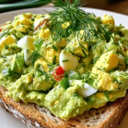 To make a tasty avocado egg salad, you need the right fresh ingredients. Here’s what you’ll need: - 4 large eggs, hard-boiled and peeled - 1 ripe avocado, pitted and scooped - 2 tablespoons Greek yogurt - 1 tablespoon Dijon mustard - 1 tablespoon lemon juice - 1/4 cup red bell pepper, finely diced - 2 tablespoons green onions, finely sliced - Salt and pepper to taste - Fresh dill or cilantro for garnish (optional) Choosing ripe avocados is key. A ripe avocado should yield slightly when you press it. If it's too hard, wait a few days. If it's too soft, it may be overripe. A perfectly ripe avocado adds a creamy texture and rich flavor to your salad. You can spice up your salad with extra ingredients. Consider adding: - Garlic powder or onion powder for depth - A pinch of paprika for a subtle kick - Chopped jalapeños for heat Herbs can brighten up your dish. Fresh dill or cilantro adds a pop of flavor and color. You can even top your salad with sliced radishes for crunch. These optional touches can turn your egg salad into a unique dish. For the full recipe, check out the details provided earlier. To make the perfect avocado egg salad, start by hard-boiling your eggs. Here’s how to do it: 1. Place 4 large eggs in a pot and cover them with water. 2. Bring the water to a boil over high heat. 3. Once boiling, cover the pot and turn off the heat. Let the eggs sit for 10-12 minutes. 4. After that, transfer the eggs to a bowl of ice water for 5 minutes. This stops the cooking and makes peeling easier. 5. Once cooled, peel the eggs and set them aside. Next, it’s time to mash the eggs and avocado: 1. Place the peeled eggs in a medium bowl. 2. Use a fork to mash the eggs into small pieces. 3. Now, take your ripe avocado and add it to the bowl. 4. Mash the avocado with the eggs until it’s creamy but still has some chunks. Now comes the fun part: mixing all the ingredients! 1. Stir in 2 tablespoons of Greek yogurt, 1 tablespoon of Dijon mustard, and 1 tablespoon of lemon juice. Mix until everything is well combined. 2. Fold in 1/4 cup of finely diced red bell pepper and 2 tablespoons of finely sliced green onions. This adds color and crunch. 3. Season with salt and pepper to taste. Adjust to your liking. For serving: 1. Chill the salad in the fridge for about 30 minutes. This lets the flavors meld together. 2. Serve the salad on whole grain bread or in lettuce wraps. 3. For a pretty touch, garnish with fresh dill or cilantro and a slice of lemon. This creamy avocado egg salad is not just tasty; it’s a delight for the eyes too. Enjoy making your dish! You can find the full recipe by following the link provided. When picking an avocado, look for a few signs of ripeness. A ripe avocado feels slightly soft when you press it gently. The skin should be dark green to nearly black. Avoid avocados with large dark spots or deep cracks. When you find the right one, store it at room temperature. If you want to keep it longer, place it in the fridge. This slows down the ripening process and keeps it fresh. To get a creamy texture, I often add Greek yogurt. This makes the salad rich and smooth without being too heavy. If you want more creaminess, mix in a bit more yogurt. For flavor enhancement, season with salt, pepper, and a splash of lemon juice. You can also try adding garlic powder or smoked paprika for extra punch. Experiment with fresh herbs like dill or cilantro to brighten the dish. These small tweaks make a big difference in your avocado egg salad. For the full recipe, check out the link. {{image_2}} If you want a gluten-free version, just use gluten-free bread or lettuce leaves. This salad fits well in a gluten-free diet. For a vegan option, swap the eggs with chickpeas. Mashed chickpeas give a great texture. You can also substitute the Greek yogurt with silken tofu or a vegan yogurt. This keeps the salad creamy and tasty. You can add many vegetables to your salad for extra flavor. Try adding diced cucumbers or shredded carrots. Both add crunch and color. Herbs like basil or parsley can give a fresh twist. For a spicy kick, add diced jalapeños or a dash of hot sauce. You can also try unique twists on the classic recipe. For a Mediterranean flavor, add olives and feta cheese. For a Mexican vibe, mix in corn and avocado. Each twist brings a new taste experience. This makes the salad fun to customize. For the full recipe, check out the creamy avocado egg salad. To keep your avocado egg salad fresh, store it in an airtight container. Make sure to press plastic wrap directly onto the surface of the salad. This helps limit air exposure, which can brown the avocado. The best spot for it is in the fridge, where it can stay cold. Signs that your salad has gone bad include a change in color and a slimy texture. If it smells sour or off, discard it. Always trust your senses! Preparing avocado egg salad in advance makes meals easy. You can make a batch to enjoy throughout the week. Just remember to store it right after making it. To keep it fresh longer, add lemon juice. This adds flavor and slows browning. If you want to prep ingredients in advance, chop the vegetables but wait to mix them in. This helps maintain the crunch and taste. For the full recipe, check out the creamy avocado egg salad recipe. Avocado egg salad can last about three to five days in the fridge. Make sure you store it in an airtight container. This keeps it fresh and prevents the avocado from browning. If you see any dark spots or smell a sour scent, it’s best to toss it. I do not recommend freezing avocado egg salad. Freezing changes the texture of the eggs and avocado. When you thaw it, the salad may become watery and mushy. It’s best enjoyed fresh. You can serve this salad on whole grain bread, in lettuce wraps, or with crackers. Pair it with a side of mixed greens or a light soup for a nice meal. You can also add pickles or sliced tomatoes for extra flavor. Yes, avocado egg salad is healthy! It has good fats from the avocado and protein from the eggs. One serving has around 200 calories, depending on the ingredients you use. It also provides vitamins and minerals like vitamin E and potassium. You can find the full creamy avocado egg salad recipe in this article. Enjoy making it! In this article, we explored the essentials for making avocado egg salad. We discussed key ingredients, preparation steps, and serving tips. You learned how to pick ripe avocados and adjust flavors for your taste. Remember, you can customize the recipe with various ingredients and storage methods to keep it fresh. Enjoy getting creative with this dish, making it suit your needs. With the right ingredients and techniques, your avocado egg salad can shine at any meal. Happy cooking!
