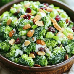 To make a Creamy Broccoli Almond Salad, you need fresh and simple ingredients. Here’s what you will use: - Fresh broccoli florets - Sliced almonds, toasted - Greek yogurt - Mayonnaise - Apple cider vinegar - Honey or maple syrup - Seasoning (salt and pepper) - Optional additions (dried cranberries, green onions) These ingredients work well together. The broccoli gives crunch and nutrition. The almonds add a nice nutty flavor. Greek yogurt and mayonnaise create a creamy texture. Apple cider vinegar brightens the taste. Honey or maple syrup brings a hint of sweetness. You can also add dried cranberries for a fruity twist. Chopped green onions can add a fresh bite. Each ingredient enhances the dish in its own way. For the full recipe, check the details above. Start by blanching the broccoli florets. Bring a pot of water to a boil. Add the florets and cook for 2-3 minutes. You want them bright green and crisp-tender. Next, prepare an ice bath. Fill a bowl with ice and water. Once the broccoli is done, move it to the ice bath. This stops the cooking and keeps the color. After 5 minutes, drain the broccoli well. Now, let’s make the dressing. In a large bowl, mix together the Greek yogurt, mayonnaise, and apple cider vinegar. Whisk until the mixture is smooth and creamy. Taste it and add salt and pepper. You can also adjust the flavor by adding honey or maple syrup. This will balance the tanginess of the vinegar. It’s time to combine everything! Gently fold in the cooled broccoli, sliced almonds, and any dried cranberries or green onions you want to add. Make sure all the ingredients are coated with the dressing. Let the salad chill in the fridge for at least 30 minutes. This helps the flavors meld together. Before serving, give it a gentle toss and taste again. Adjust the seasoning if needed. For the full recipe, check the details above. To get the best texture, blanch the broccoli just right. Cook it in boiling water for only 2-3 minutes. This keeps it bright green and crisp. After blanching, you must cool it quickly. An ice bath helps stop the cooking. Drain it well after 5 minutes to remove excess water. When it comes to sweetness and acidity, I suggest starting small. Add honey or maple syrup based on your taste. If you want a tangy kick, use apple cider vinegar. Mix the dressing well and taste it. Adjust it until it feels just right for you. This salad shines at potlucks and picnics. It’s also great for family dinners. Serve it as a side dish with grilled chicken or fish. The creamy texture pairs well with crunchy foods. You can enjoy this salad with fresh bread or a light soup. Its flavors blend well with other dishes. If you want to elevate it, add some cheese on top. For the full recipe, check out the complete guide. {{image_2}} You can play with nuts or seeds in this salad. Instead of sliced almonds, try walnuts or sunflower seeds. Both add a nice crunch and flavor. If you want a nut-free option, go for pumpkin seeds. They are tasty and bring a good texture. For a dairy-free version, swap Greek yogurt for a plant-based yogurt. You can also use silken tofu blended until smooth. This keeps the creaminess without the dairy. Use vegan mayonnaise for extra flavor if you want. You still get a rich taste that everyone will enjoy. Adding herbs or spices can make this salad even better. Fresh herbs like dill or parsley bring a bright taste. You can also sprinkle in some garlic powder or onion powder for depth. Just a pinch can change the whole dish. You might want to add more veggies, too. Chopped bell peppers or shredded carrots work well. These add color and more nutrients. You can mix and match to create a unique salad each time you make it. Enjoy experimenting with these ideas to find your favorite twist on this creamy broccoli almond salad! To keep your creamy broccoli almond salad fresh, store it in a sealed container. Place it in the fridge. It will stay tasty for up to three days. If you notice the salad getting watery, that’s normal. Just give it a good stir before you eat it. You can freeze this salad, but I don’t recommend it. The creamy dressing may change in texture. If you still want to freeze it, store it in a freezer-safe container. Use it within a month for the best taste. This salad stays fresh for about three days in the fridge. After that, it may lose its crunch and flavor. Look out for signs of spoilage. If the broccoli turns brown or smells off, it’s time to toss it. Also, if the dressing looks separated or watery, it may not taste good anymore. Trust your senses, and enjoy your food safely! You can use sour cream instead of Greek yogurt. It has a similar texture and taste. If you prefer a dairy-free option, try silken tofu blended until smooth. Another option is unsweetened coconut yogurt for a creamy texture. Yes, you can prepare this salad ahead of time. Make it a few hours before serving. This allows the flavors to blend well. Just store it in the fridge until you are ready to serve. Yes, this salad is gluten-free. All the ingredients are naturally gluten-free. Make sure to check labels for any added ingredients. To make this salad vegan, substitute Greek yogurt with a plant-based yogurt. You can also use vegan mayo instead of regular mayonnaise. This will keep the creamy texture while making it suitable for a vegan diet. This blog post covered a tasty broccoli salad, from fresh ingredients to simple steps. We discussed how to prepare broccoli, make a creamy dressing, and combine everything for great flavor. You learned tips for texture and serving ideas, plus how to customize your salad. In conclusion, this broccoli salad is fun to make and enjoy. You can adjust it to fit your taste. Remember to store any leftovers well so they stay fresh. Enjoy making and sharing this salad at your next meal!
