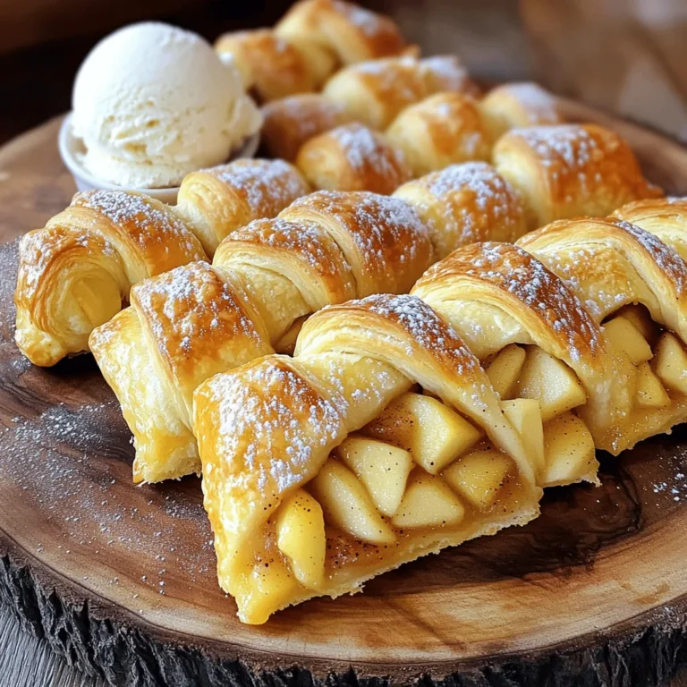 To make Apple Pie Crescent Rolls, you need a few simple ingredients that pack a lot of flavor. Here’s what you’ll need: - 1 can of crescent roll dough - 2 medium apples, peeled, cored, and diced - 1/4 cup brown sugar - 1 teaspoon cinnamon - 1 tablespoon lemon juice - 1/4 cup raisins (optional) - 1/4 cup chopped walnuts (optional) - 1 egg (beaten, for egg wash) - 1 tablespoon granulated sugar (for topping) These ingredients create a delicious balance of sweet and tart. The crescent roll dough serves as a perfect, flaky shell. The apples bring warmth and sweetness. The brown sugar and cinnamon add layers of flavor. You can also choose to add raisins and walnuts for extra texture and taste. When you gather these ingredients, make sure your apples are fresh. Crisp apples will give the best flavor and texture. I love using a mix of tart and sweet apples for a complex taste. You can check out the Full Recipe for more details on how to put it all together. 1. Prepping the apples and mixing the filling Start by peeling and coring the apples. Dice them into small pieces. In a medium bowl, mix the apples with brown sugar, cinnamon, and lemon juice. If you like, add raisins and walnuts for extra flavor. Ensure every piece of apple is coated well. 2. Separating the crescent roll dough Open your can of crescent roll dough. Gently pull apart the triangles along the perforated lines. Be careful not to tear the dough. Each triangle will hold your delicious filling. 3. Assembling the rolls Place a spoonful of the apple mixture near the wide end of each triangle. Roll the dough from the wide end to the point. Pinch the edges to seal the filling inside. Arrange the rolls on a lined baking sheet for baking. 1. Applying the egg wash Take a beaten egg and brush it over each roll. This gives them a lovely golden color. The egg wash also helps the sugar stick on top. 2. Baking temperature and time Preheat your oven to 375°F (190°C). Bake the rolls for 12-15 minutes. Watch for them to puff up and turn golden brown. This means they are ready! 1. Cooling the rolls for optimal flavor After baking, let the rolls cool for a few minutes on the baking sheet. This helps the flavors settle. They will be easier to handle once they cool slightly. 2. Serving suggestions Serve the rolls warm on a platter. For a fun twist, dust them with powdered sugar. Pair them with a scoop of vanilla ice cream for a sweet treat. Check out the Full Recipe for more details! To make sure your rolls don’t get soggy, avoid overfilling them. Use only a spoonful of the apple mixture. If you pack too much in, moisture can escape and make the dough wet. When you store pre-assembled rolls, keep them covered. Use plastic wrap or foil to prevent them from drying out. You can also place them in the fridge for up to 24 hours before baking. This helps flavors meld nicely. You can adjust the sweetness and spice levels in your filling. If you like it sweeter, add more brown sugar. For a spicier kick, increase the cinnamon. Adding nuts or raisins gives your rolls extra texture. Chopped walnuts add a nice crunch. Raisins offer a chewy surprise inside each bite. Feel free to mix and match to suit your taste. For the Full Recipe, check the earlier sections. {{image_2}} You can easily change up the flavors in these rolls. One tasty option is caramel apple crescent rolls. To make this, add a few tablespoons of caramel sauce to the apple mixture. The sweet and sticky caramel makes each bite extra special. Another fun idea is to create cinnamon roll-inspired versions. Instead of the apple filling, mix brown sugar, cinnamon, and cream cheese for a rich, sweet treat. This twist gives you a new dessert while keeping the same easy-to-make dough. If you follow a gluten-free diet, try using gluten-free crescent roll dough. Many brands offer great options that taste just as good. Just check the package for cooking times, as they may differ. For those on a vegan diet, you can make a few simple swaps. Use plant-based butter instead of regular butter in the dough. Replace the egg wash with a mixture of almond milk and a bit of maple syrup for a nice glaze. These changes keep the flavor while meeting your dietary needs. For the full recipe, check out Apple Pie Crescent Rolls. After enjoying your apple pie crescent rolls, you may have some left. To keep them fresh, store the rolls in an airtight container. This helps prevent them from drying out. You can leave them at room temperature for up to two days. If you need to keep them longer, place them in the fridge. They will last about a week this way. For even longer storage, you can freeze the rolls. Wrap each roll tightly in plastic wrap and then place them in a freezer-safe bag. They can last up to three months in the freezer. When you’re ready to enjoy the rolls again, reheating is key. For the best flavor and texture, use an oven. Preheat the oven to 350°F (175°C). Place the rolls on a baking sheet and cover them loosely with foil. Heat for about 10-15 minutes. This keeps them warm and soft. You can also use a microwave for quick reheating. Place the roll on a microwave-safe plate and cover with a damp paper towel. Heat for 15-20 seconds. Keep a close eye so they don’t get too hot and lose their taste. Enjoy your delicious apple pie crescent rolls just like fresh! Can I use store-bought apple pie filling instead? Yes, you can use store-bought apple pie filling. It saves time, and it works well. Just spoon it onto the crescent dough as you would with your fresh filling. It’s a great shortcut for busy days. How do I know when the rolls are done baking? Your rolls are done when they are golden brown and puffed up. It usually takes about 12-15 minutes at 375°F. Keep an eye on them in the last few minutes. A nice golden color means they are ready. Can I freeze the unbaked rolls for later use? Yes, you can freeze the unbaked rolls. Simply wrap them well in plastic wrap and then in foil. When you're ready to bake, let them thaw in the fridge overnight. Then, bake as usual. It’s a great way to have a sweet treat ready to go! What should I do if the dough tears? If the dough tears, don’t worry! Just pinch the edges back together. You can also use a little extra dough from another triangle if needed. Just make sure to seal it well. This helps keep the filling from leaking out. How to adjust baking time for different ovens? Every oven is a bit different. Start with the suggested time, but check your rolls a few minutes early. If they need more time, add a minute or two. Use a light hand with the oven door to keep the heat in. This way, your rolls bake evenly. In this post, we explored making delicious apple pie crescent rolls. We discussed ingredients, preparation steps, and baking techniques. I shared tips to avoid soggy rolls and ways to adjust flavor. You learned about fun variations and dietary alternatives. Finally, effective storage and reheating methods ensure your rolls stay fresh. Now, you’re ready to create these tasty treats. Enjoy every bite!