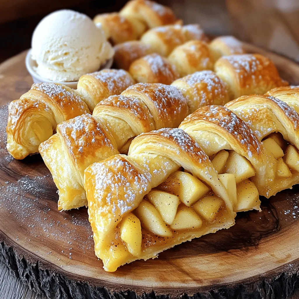 To make Apple Pie Crescent Rolls, you need a few simple ingredients that pack a lot of flavor. Here’s what you’ll need: - 1 can of crescent roll dough - 2 medium apples, peeled, cored, and diced - 1/4 cup brown sugar - 1 teaspoon cinnamon - 1 tablespoon lemon juice - 1/4 cup raisins (optional) - 1/4 cup chopped walnuts (optional) - 1 egg (beaten, for egg wash) - 1 tablespoon granulated sugar (for topping) These ingredients create a delicious balance of sweet and tart. The crescent roll dough serves as a perfect, flaky shell. The apples bring warmth and sweetness. The brown sugar and cinnamon add layers of flavor. You can also choose to add raisins and walnuts for extra texture and taste. When you gather these ingredients, make sure your apples are fresh. Crisp apples will give the best flavor and texture. I love using a mix of tart and sweet apples for a complex taste. You can check out the Full Recipe for more details on how to put it all together. 1. Prepping the apples and mixing the filling Start by peeling and coring the apples. Dice them into small pieces. In a medium bowl, mix the apples with brown sugar, cinnamon, and lemon juice. If you like, add raisins and walnuts for extra flavor. Ensure every piece of apple is coated well. 2. Separating the crescent roll dough Open your can of crescent roll dough. Gently pull apart the triangles along the perforated lines. Be careful not to tear the dough. Each triangle will hold your delicious filling. 3. Assembling the rolls Place a spoonful of the apple mixture near the wide end of each triangle. Roll the dough from the wide end to the point. Pinch the edges to seal the filling inside. Arrange the rolls on a lined baking sheet for baking. 1. Applying the egg wash Take a beaten egg and brush it over each roll. This gives them a lovely golden color. The egg wash also helps the sugar stick on top. 2. Baking temperature and time Preheat your oven to 375°F (190°C). Bake the rolls for 12-15 minutes. Watch for them to puff up and turn golden brown. This means they are ready! 1. Cooling the rolls for optimal flavor After baking, let the rolls cool for a few minutes on the baking sheet. This helps the flavors settle. They will be easier to handle once they cool slightly. 2. Serving suggestions Serve the rolls warm on a platter. For a fun twist, dust them with powdered sugar. Pair them with a scoop of vanilla ice cream for a sweet treat. Check out the Full Recipe for more details! To make sure your rolls don’t get soggy, avoid overfilling them. Use only a spoonful of the apple mixture. If you pack too much in, moisture can escape and make the dough wet. When you store pre-assembled rolls, keep them covered. Use plastic wrap or foil to prevent them from drying out. You can also place them in the fridge for up to 24 hours before baking. This helps flavors meld nicely. You can adjust the sweetness and spice levels in your filling. If you like it sweeter, add more brown sugar. For a spicier kick, increase the cinnamon. Adding nuts or raisins gives your rolls extra texture. Chopped walnuts add a nice crunch. Raisins offer a chewy surprise inside each bite. Feel free to mix and match to suit your taste. For the Full Recipe, check the earlier sections. {{image_2}} You can easily change up the flavors in these rolls. One tasty option is caramel apple crescent rolls. To make this, add a few tablespoons of caramel sauce to the apple mixture. The sweet and sticky caramel makes each bite extra special. Another fun idea is to create cinnamon roll-inspired versions. Instead of the apple filling, mix brown sugar, cinnamon, and cream cheese for a rich, sweet treat. This twist gives you a new dessert while keeping the same easy-to-make dough. If you follow a gluten-free diet, try using gluten-free crescent roll dough. Many brands offer great options that taste just as good. Just check the package for cooking times, as they may differ. For those on a vegan diet, you can make a few simple swaps. Use plant-based butter instead of regular butter in the dough. Replace the egg wash with a mixture of almond milk and a bit of maple syrup for a nice glaze. These changes keep the flavor while meeting your dietary needs. For the full recipe, check out Apple Pie Crescent Rolls. After enjoying your apple pie crescent rolls, you may have some left. To keep them fresh, store the rolls in an airtight container. This helps prevent them from drying out. You can leave them at room temperature for up to two days. If you need to keep them longer, place them in the fridge. They will last about a week this way. For even longer storage, you can freeze the rolls. Wrap each roll tightly in plastic wrap and then place them in a freezer-safe bag. They can last up to three months in the freezer. When you’re ready to enjoy the rolls again, reheating is key. For the best flavor and texture, use an oven. Preheat the oven to 350°F (175°C). Place the rolls on a baking sheet and cover them loosely with foil. Heat for about 10-15 minutes. This keeps them warm and soft. You can also use a microwave for quick reheating. Place the roll on a microwave-safe plate and cover with a damp paper towel. Heat for 15-20 seconds. Keep a close eye so they don’t get too hot and lose their taste. Enjoy your delicious apple pie crescent rolls just like fresh! Can I use store-bought apple pie filling instead? Yes, you can use store-bought apple pie filling. It saves time, and it works well. Just spoon it onto the crescent dough as you would with your fresh filling. It’s a great shortcut for busy days. How do I know when the rolls are done baking? Your rolls are done when they are golden brown and puffed up. It usually takes about 12-15 minutes at 375°F. Keep an eye on them in the last few minutes. A nice golden color means they are ready. Can I freeze the unbaked rolls for later use? Yes, you can freeze the unbaked rolls. Simply wrap them well in plastic wrap and then in foil. When you're ready to bake, let them thaw in the fridge overnight. Then, bake as usual. It’s a great way to have a sweet treat ready to go! What should I do if the dough tears? If the dough tears, don’t worry! Just pinch the edges back together. You can also use a little extra dough from another triangle if needed. Just make sure to seal it well. This helps keep the filling from leaking out. How to adjust baking time for different ovens? Every oven is a bit different. Start with the suggested time, but check your rolls a few minutes early. If they need more time, add a minute or two. Use a light hand with the oven door to keep the heat in. This way, your rolls bake evenly. In this post, we explored making delicious apple pie crescent rolls. We discussed ingredients, preparation steps, and baking techniques. I shared tips to avoid soggy rolls and ways to adjust flavor. You learned about fun variations and dietary alternatives. Finally, effective storage and reheating methods ensure your rolls stay fresh. Now, you’re ready to create these tasty treats. Enjoy every bite!