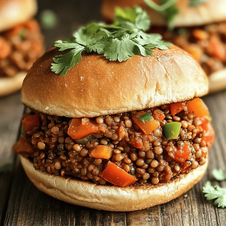 To make Vegan Lentil Sloppy Joes, you need some key ingredients. Here’s what you will need: - 1 cup dried green or brown lentils, rinsed - 3 cups vegetable broth - 1 tablespoon olive oil - 1 medium onion, finely chopped - 2 cloves garlic, minced - 1 bell pepper, finely chopped (any color) - 1 can (14 oz) diced tomatoes, with juices - 2 tablespoons tomato paste - 2 tablespoons maple syrup - 1 tablespoon apple cider vinegar - 1 tablespoon chili powder - 1 teaspoon smoked paprika - Salt and pepper to taste - 4 whole grain hamburger buns - Fresh cilantro or parsley, for garnish These ingredients create a hearty and tasty dish. The lentils give a meaty texture. The spices add a kick of flavor. You can add optional ingredients for more flavor. Consider these: - 1 teaspoon cumin for warmth - 1 tablespoon soy sauce or tamari for depth - Chopped jalapeños for spice - Corn or mushrooms for texture These ingredients can enhance your Sloppy Joes. Feel free to experiment with them based on your taste. If you lack some ingredients, don’t worry! Here are some substitutions: - Use canned lentils instead of dried lentils. - Swap vegetable broth with water or any broth you have. - Use any type of vinegar if you don't have apple cider vinegar. - Replace maple syrup with agave or another sweetener. These swaps can help you create a delicious meal even when you're missing something. Remember, cooking is all about being flexible! For the full recipe, check out the full recipe link. To start, rinse one cup of dried lentils in cold water. This step cleans the lentils and removes any dirt. Next, add the rinsed lentils to a medium pot. Pour in three cups of vegetable broth. Bring this mixture to a boil. Once boiling, reduce the heat to low. Cover the pot and let it simmer for 20 to 25 minutes. The lentils should be tender when done. While the lentils cook, heat one tablespoon of olive oil in a large skillet over medium heat. Add one finely chopped onion and sauté it for about five minutes. The onion should be soft and fragrant. Then, stir in two minced garlic cloves and one finely chopped bell pepper. Cook this mixture for three to four minutes until the pepper is tender. Now, add the cooked lentils to the skillet. Include one 14 oz can of diced tomatoes with juices, two tablespoons of tomato paste, and two tablespoons of maple syrup. Don’t forget one tablespoon of apple cider vinegar for a tangy kick! Add one tablespoon of chili powder and one teaspoon of smoked paprika. Season with salt and pepper to taste. Mix everything well and let it simmer for about ten minutes. This allows the flavors to meld and the mixture to thicken to your liking. Toast four whole grain hamburger buns until they are golden brown. This adds a nice crunch. Spoon the lentil mixture onto the bottom half of each bun. For a fresh touch, top with chopped cilantro or parsley. Serve these Sloppy Joes right away with the top bun on. You can pair them with a side of sweet potato fries or a fresh salad. Enjoy your tasty meal! For the full recipe, check out the section above. To get the best lentils, rinse them well before cooking. This helps remove dirt and dust. Use a medium pot and add three cups of vegetable broth for every one cup of lentils. Bring this mix to a boil. Reduce the heat and cover the pot. Let them simmer for about 20-25 minutes. Check for tenderness; they should be soft but not mushy. Start with the base flavors: onion, garlic, and bell pepper. These give a nice aroma. For heat, add more chili powder or a dash of cayenne pepper. If you like it sweet, up the maple syrup. Taste your mixture as it cooks. This way, you can add salt, pepper, or spices based on your preference. For great buns, use whole grain for added nutrition. Preheat your oven or a skillet. Lightly brush the buns with olive oil for a crispy texture. Toast them until they are golden brown. This step adds a nice crunch and keeps the bun from getting soggy when filled with the lentil mix. Enjoy your Vegan Lentil Sloppy Joes with these tips for a tasty meal. For the full recipe, check out the detailed instructions above. {{image_2}} If you want some heat, make spicy vegan lentil sloppy joes. You can add jalapeños or red pepper flakes. Start with one diced jalapeño. Mix it in with the onions while they cook. If you prefer red pepper flakes, add a teaspoon during the simmer. This will give your dish a nice kick. You can easily make these sloppy joes gluten-free. Just switch the whole grain buns for gluten-free ones. Many brands make tasty gluten-free buns, so you won’t miss out. Always check the labels to ensure they meet your needs. This way, everyone can enjoy this dish together. Boost the nutrition by adding more veggies. You can toss in chopped carrots, zucchini, or spinach. Just add them with the onions and bell peppers. They will cook well and add color. Plus, it makes the dish even healthier. You'll love the extra texture and flavor. For the full recipe, check out the recipe section above. To store leftovers, let the lentil mixture cool first. Place it in an airtight container. Keep it in the fridge for up to five days. Always label the container with the date. This helps you track how long it's been there. When you're ready to eat, reheat the lentil mixture. You can use a microwave or a stovetop. If using a microwave, place it in a bowl and cover it. Heat for about 2-3 minutes or until hot. If you prefer the stovetop, warm it in a pan over medium heat. Stir it gently to prevent sticking. You can also freeze the lentil mixture. Make sure it cools completely first. Then, transfer it to a freezer-safe container. It can last for up to three months in the freezer. To reheat, thaw it overnight in the fridge. Warm it up on a stovetop or microwave before serving. This makes meal prep easy and tasty! For the full recipe, check out the detailed instructions above. You can serve Vegan Lentil Sloppy Joes with many sides. Here are a few ideas: - Sweet potato fries - Coleslaw - Corn on the cob - Green salad - Pickles Each of these complements the rich flavors of the Sloppy Joes well. Sweet potato fries add a sweet crunch, while coleslaw gives a nice crunch and freshness. Corn on the cob brings a pop of sweetness. A green salad can lighten the meal, and pickles add a tangy bite. To make Vegan Lentil Sloppy Joes in a slow cooker, follow these steps: 1. Rinse the lentils and add them to the slow cooker. 2. Pour in the vegetable broth. 3. Add the chopped onion, minced garlic, and bell pepper. 4. Mix in the diced tomatoes, tomato paste, maple syrup, apple cider vinegar, chili powder, smoked paprika, salt, and pepper. 5. Stir until everything is well combined. 6. Cook on low for 6-8 hours or on high for 3-4 hours. Using a slow cooker makes this recipe even easier. You can set it and forget it, allowing the flavors to meld beautifully. Yes, you can use different types of lentils! Green or brown lentils work best for this recipe. They hold their shape and have a nice texture. Red lentils can also be used, but they cook faster and may become mushy. If you choose red lentils, reduce the cooking time. No matter which lentils you use, you’ll still get a tasty Sloppy Joe! In this article, we explored how to make delicious vegan lentil sloppy joes. You learned the key and optional ingredients to make them tasty. We also covered how to prepare the lentils, combine flavors, and serve them nicely. Cooking tips can help you perfect your dish. You can try variations like spicy or gluten-free options, and I shared storage tips too. These plant-based sloppy joes are not only healthy but also fun to make. Enjoy the process, and customize them to fit your tastes!