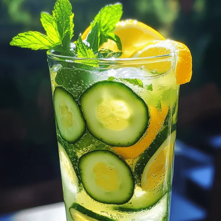 - 1 large cucumber, peeled and sliced - 1 cup fresh mint leaves, packed - 1/2 cup fresh lemon juice (about 4 lemons) - 1/2 cup honey or agave syrup (adjust to taste) - 4 cups cold water - Fresh mint sprigs for garnish - Lemon slices for garnish Cucumber is the star here. It gives a cool taste, perfect for summer. Fresh mint adds a burst of flavor that wakes up your senses. Lemon juice gives a zesty kick, balancing the sweetness. You can use honey or agave syrup to sweeten it, based on your choice. Cold water is essential to bring everything together and make it refreshing. - Sparkling water for fizz - Additional sweeteners (like stevia) - Other herbs (like basil) If you like bubbles, add sparkling water for a fun twist. You can also try other sweeteners like stevia if you prefer less sugar. Want to mix it up? Add herbs like basil for a unique flavor. - Blender - Fine mesh sieve - Large pitcher - Measuring cups For this drink, you'll need a blender to mix the cucumber and mint. A fine mesh sieve helps strain out the pulp, giving you a smooth drink. A large pitcher holds all your lemonade, and measuring cups ensure you get the right amounts. Check out the Full Recipe for all the steps! - Blending cucumber and mint Start by peeling and slicing one large cucumber. Place the slices in a blender. Add one cup of fresh mint leaves on top. Blend them together until the mixture is smooth. This step creates a fragrant and fresh base for your lemonade. - Straining the mixture Next, take a fine mesh sieve and place it over a large pitcher. Pour the blended mixture into the sieve. Use a spoon to press down and extract all the liquid. This gets rid of any pulp and leaves you with a clear cucumber-mint juice. - Adding lemon juice and sweetener To the pitcher, add half a cup of fresh lemon juice. This is about four lemons, so squeeze them well. Then, add half a cup of honey or agave syrup. Stir the mixture until the sweetener dissolves completely. Adjust the sweetness to your liking. - Incorporating cold water Now, pour in four cups of cold water. Mix everything well. This dilutes the strong flavors and makes the drink refreshing. Taste it and decide if it needs more sweetener. - Chilling tips For the best taste, chill the lemonade in the fridge for at least 30 minutes. This allows all the flavors to meld together. You can also make this drink a few hours ahead of time. - Garnishing the lemonade When ready to serve, fill tall glasses with ice. Pour the chilled cucumber mint lemonade over the ice. Garnish each glass with a fresh mint sprig and a lemon slice. This adds a nice touch and looks inviting. Make sure to check out the Full Recipe for more details! To make your cucumber mint lemonade just right, start with sweetness. The honey or agave syrup can vary in taste. You may want to add more or less based on your preference. Always taste as you mix. If it’s too sweet, add a bit more lemon juice. This will help balance the flavors. Next, think about acidity. Lemon juice gives this drink a nice zing. If you want more tang, add more lemon juice. If it’s too tart, adjust with honey. Finding the right mix is key to a refreshing drink. If you have leftovers, store your lemonade in the fridge. Use a covered pitcher to keep it fresh. It should last about three days. Always give it a good stir before serving again. If you want to make it ahead, mix everything but the cold water. Store it in the fridge. Just add the cold water when you're ready to serve. This keeps it fresh and fizzy. To make your lemonade look fancy, think about how you serve it. Try using tall, clear glasses. This way, the vibrant green of cucumber and mint shines. You can also add fun garnishes. Fresh mint sprigs and lemon slices make it pop. You could even add edible flowers for a colorful touch. These small changes can make your drink feel special and inviting. {{image_2}} You can mix cucumber mint lemonade with other flavors. One great option is watermelon. Just blend watermelon with cucumber and mint. This drink tastes sweet and refreshing. Another choice is a citrus blend. You can add oranges or grapefruits. This gives a zesty kick that pairs well with cucumber and mint. Experimenting with these combos adds fun twists to your drink. If you want a fun twist, try making cocktails with cucumber mint lemonade. You can mix it with gin or vodka. These spirits enhance the fresh flavors. For a unique touch, infuse the spirits with cucumber or mint. Just let the ingredients sit together for a few hours. This adds depth to your drinks without much effort. You can make cucumber mint lemonade even better with healthful additions. Try adding superfoods like chia seeds. They add fiber and omega-3s, which are great for your body. You can also mix in herbal teas. Green tea or chamomile can boost the flavor and health benefits. These additions make your drink tasty and nourishing. For the full recipe, check out the details above. Store cucumber mint lemonade in the fridge. Use an airtight container to keep it fresh. Avoid light and heat, as they can spoil the drink. Keep it away from strong-smelling foods to prevent flavor changes. Cucumber mint lemonade lasts about three days in the fridge. After that, it may lose its bright flavor. Signs of spoilage include a sour smell or change in color. If you see any mold, discard it right away. You can freeze cucumber mint lemonade, but it may change texture. To freeze, pour the lemonade into ice cube trays. Once frozen, transfer the cubes to a freezer bag. To defrost, place cubes in the fridge or let them sit at room temperature. Enjoy the refreshing taste even later with this easy method. For the full recipe, check out the Crisp Cucumber Mint Lemonade section! Cucumber mint lemonade is a bright and refreshing drink. It combines cucumber, mint, and lemon juice. This drink is perfect for hot summer days. It’s cool, sweet, and has a herbaceous flavor. You can enjoy it on its own or with meals. The crisp taste of cucumber and the zing of lemon create a delightful mix. To make cucumber mint lemonade vegan, use agave syrup instead of honey. You can also replace honey with maple syrup. Both options give a nice sweet taste while keeping it vegan. If you want, you can add more mint leaves for extra flavor. Yes, you can use bottled lemon juice, but fresh is better. Fresh lemon juice has a brighter taste. It also offers more vitamins and nutrients. Bottled juice may have preservatives that can alter the flavor. Fresh juice enhances the drink’s overall quality. You can find pre-made cucumber mint lemonade at many stores. Look for it in the beverage aisle or the juice section. Brands like Simply and Fresh Press often carry it. You can also check local juice bars or cafes for fresh options. Some grocery stores may even have house-made versions. Cucumber mint lemonade is a refreshing drink made from simple, fresh ingredients. We covered everything, from choosing the best ingredients to making variations and storing your drink. Remember, you can adjust the sweetness and experiment with flavors. This drink is easy to enjoy on warm days or at gatherings. Whether you are making it for yourself or guests, it’s a fun and tasty treat. Enjoy your homemade drink and share it with friends!