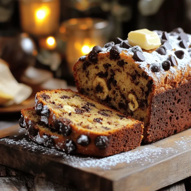 To make your chocolate chip banana bread, you'll need a few simple ingredients. These ingredients come together to create a sweet and moist bread that is perfect for breakfast or dessert. Here’s what you’ll need: - 3 ripe bananas, mashed - 1/2 cup unsalted butter, melted - 3/4 cup brown sugar - 1 large egg, beaten - 1 teaspoon vanilla extract - 1 teaspoon baking soda - 1/4 teaspoon salt - 1 1/2 cups all-purpose flour - 1/2 cup semi-sweet chocolate chips - 1/4 cup walnuts or pecans, chopped (optional) These ripe bananas add natural sweetness and moisture. The unsalted butter gives the bread a rich flavor. Brown sugar adds depth, while the egg helps with binding. Vanilla extract enhances the taste. Baking soda is key for rising, and salt balances the sweetness. All-purpose flour creates the structure, and chocolate chips bring that yummy chocolate flavor. You can also add nuts for extra crunch, but that’s up to you! For the full recipe, check out the detailed steps to enjoy this delicious treat. - Preheat your oven to 350°F (175°C). - Prepare a 9x5 inch loaf pan by greasing it or lining it with parchment paper. - In a large bowl, combine 3 ripe bananas and 1/2 cup melted unsalted butter. - Mix until smooth. - Add 3/4 cup brown sugar, 1 beaten egg, and 1 teaspoon vanilla extract. Stir until mixed well. - Sprinkle 1 teaspoon baking soda and 1/4 teaspoon salt into the mixture. Stir to combine. - Gradually add 1 1/2 cups all-purpose flour. Mix gently until just combined. - Fold in 1/2 cup semi-sweet chocolate chips and 1/4 cup chopped walnuts or pecans, if you'd like. - Pour the batter into the prepared loaf pan. - Bake for 60-65 minutes. Test doneness by inserting a toothpick into the center. If it comes out clean, the bread is ready! To get the best texture, avoid over-mixing your batter. Mix just until the flour disappears. This keeps the bread soft and light. For optimal baking time, check your bread at 60 minutes. Use a toothpick to test for doneness. If it comes out clean, your bread is ready. If not, bake for a few more minutes. Every oven is different, so watch closely. You can boost the flavor of your chocolate chip banana bread with some simple add-ins. Try adding a pinch of cinnamon for warmth. Nutmeg also adds a lovely touch. If you like crunch, fold in some chopped walnuts or pecans. They pair well with the chocolate and bananas. These extra ingredients can make your bread even more special. For a beautiful presentation, slice the banana bread and arrange the pieces on a rustic wooden board. It looks nice and inviting. Dust the top with powdered sugar for a sweet touch. You can also serve warm slices with a pat of butter. This adds richness and makes each bite even better. Enjoy the fun of sharing this treat with friends and family! {{image_2}} You can use many types of chocolate in banana bread. Dark chocolate chips add a rich taste. They have a bold flavor that pairs well with sweet bananas. White chocolate or butterscotch chips offer a creamy sweetness. These options change the flavor and make it fun to experiment. You can mix and match to find your favorite. Nuts can add texture and flavor to your banana bread. Pecans have a buttery taste and a softer crunch. Walnuts add a slightly bitter flavor that balances the sweetness. You can also try almonds or hazelnuts for a new twist. If you prefer, leave out the nuts for a nut-free version. This way, you can enjoy it without worries. If you need a gluten-free option, you can use different flours. Almond flour gives a nutty flavor and moist texture. Coconut flour is another choice, but use less because it absorbs more liquid. A gluten-free all-purpose flour blend works well too. Just make sure it has xanthan gum for the right texture. This way, everyone can enjoy delicious banana bread. For more details, check out the Full Recipe. To keep your banana bread fresh, use an airtight container. This helps prevent it from drying out. You can store the bread on the counter for up to three days. If you want it to last longer, refrigerate it. Just remember, chilling can change the texture a bit. If you want to save your banana bread for later, freezing is a great option. Wrap it tightly in plastic wrap or aluminum foil. Then, place it in a freezer bag. This keeps the bread safe from freezer burn. When you are ready to eat it, take it out and let it sit at room temperature. You can also thaw it in the fridge overnight. For a warm treat, heat slices in the oven or microwave. Enjoy your Choco-Banana Bliss Bread later with ease! Yes, you can use frozen bananas. Thaw them first and drain any excess liquid. This helps keep the bread moist. Frozen bananas work well because they become soft and easy to mash. Just remember, overripe bananas are best for flavor! To prevent dry banana bread, follow these tips: - Use very ripe bananas for extra moisture. - Do not over-mix the batter. - Check the bread a few minutes before the baking time ends. - Bake just until a toothpick comes out clean. Overbaking dries it out fast. For a vegan version, you can use: - 1/4 cup unsweetened applesauce - 1/4 cup mashed tofu - 1 tablespoon ground flaxseed mixed with 2.5 tablespoons water (let sit for 5-10 mins) These options work well and keep your banana bread moist. Homemade banana bread lasts about 3 to 4 days at room temperature. Store it in an airtight container. If you want it to last longer, you can freeze it. Wrapped well, it can stay fresh for up to 3 months. Enjoy this tasty treat any time! In this post, we explored the key ingredients and steps for making delicious Chocolate Chip Banana Bread. You learned how to prepare, mix, and bake to perfection. We also shared tips for texture and flavor enhancements, plus variations for personal preferences. Proper storage and freezing methods help keep leftovers fresh. Remember, banana bread is versatile and fun to make. Enjoy experimenting with flavors and sharing your tasty results! Cooking is all about joy, so keep baking and savoring each bite!
