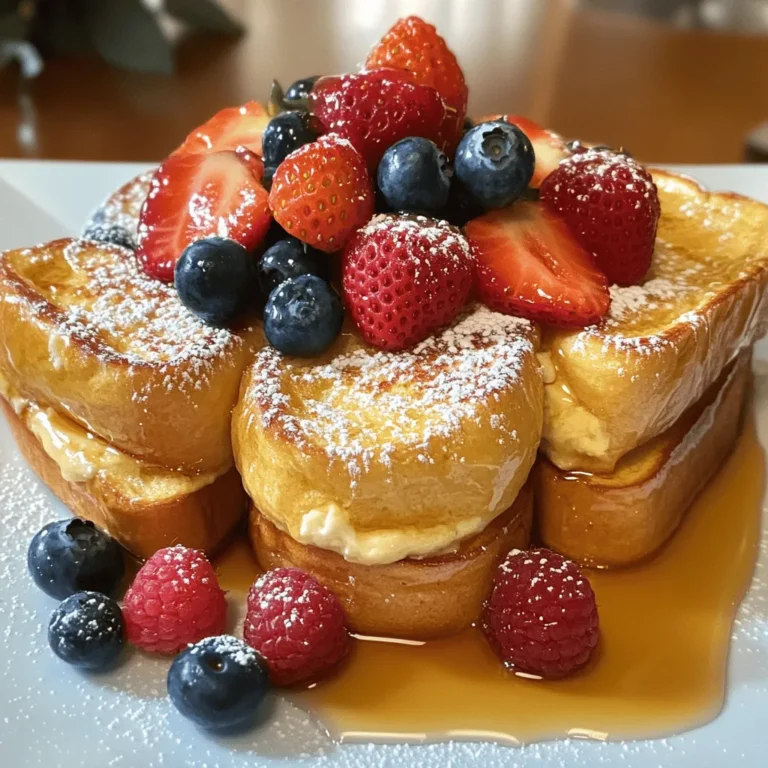 Making Easy Baked French Toast is simple. Here’s what you need: - 6 slices of thick bread (like challah or brioche) - 4 large eggs - 1 cup whole milk - 1/2 cup heavy cream - 1/4 cup maple syrup - 1 teaspoon vanilla extract - 1/2 teaspoon ground cinnamon - Pinch of salt - Fresh berries (for topping) - Powdered sugar (for dusting) These ingredients work together to create a soft, sweet dish. The thick bread soaks up the mixture well. The eggs and dairy make it rich and creamy. Maple syrup gives it a warm sweetness, while vanilla and cinnamon add flavor. Fresh berries and powdered sugar make the dish look and taste even better. For the full recipe, refer to the section above. 1. Preheat your oven to 350°F (175°C). Grease a 9x13 inch baking dish with butter or non-stick spray. 2. Take 6 slices of thick bread, like challah or brioche, and arrange them in the baking dish. Slightly overlap them for a nice look. 3. In a large bowl, whisk together the following: - 4 large eggs - 1 cup whole milk - 1/2 cup heavy cream - 1/4 cup maple syrup - 1 teaspoon vanilla extract - 1/2 teaspoon ground cinnamon - A pinch of salt 4. Pour this egg mixture evenly over the bread slices. Make sure each slice is soaked well. 5. Cover the dish with plastic wrap. Refrigerate it for at least 30 minutes. You can even leave it overnight for better flavor. 6. Once ready to bake, take the dish out of the fridge and uncover it. If you like, sprinkle a little more cinnamon on top. 7. Bake in the preheated oven for 30-35 minutes. It should puff up and turn golden brown. 8. While it bakes, prepare your berry topping. Mix fresh berries in a bowl. You can toss them with a little maple syrup if you want. 9. After baking, let the dish cool for a couple of minutes. Serve it warm, topped with your fresh berries and a dusting of powdered sugar. For the full recipe, please refer to the earlier section. To make your baked French toast great, use day-old bread. Fresh bread can get too soggy. Day-old bread holds its shape and has a nice texture. Bread like challah or brioche works best. Soak the bread overnight for the best flavor. The egg mixture needs time to soak in. This extra time helps the bread absorb the flavors. You will get a creamier and richer taste. If you’re short on time, soak it for at least 30 minutes. Serve your baked French toast right from the baking dish. It looks lovely and saves on dishes. For a special touch, garnish with fresh berries. Strawberries, blueberries, or raspberries add color and flavor. A drizzle of maple syrup on top adds sweetness. You can also dust with powdered sugar for a pretty finish. These simple steps make your dish look and taste fantastic. For the complete recipe, check the Full Recipe. {{image_2}} You can change up your baked French toast in fun ways. Try using cinnamon raisin bread for a sweet twist. The spices in the bread add flavor without extra work. You can also mix in chopped nuts or chocolate chips. Nuts give a nice crunch, while chocolate chips melt and become gooey. Both options make your dish unique and tasty. If you need gluten-free options, use gluten-free bread. It works just as well and keeps the dish delicious. For those who follow a vegan diet, you can swap the eggs and milk with plant-based alternatives. Try using flax eggs or silken tofu for eggs. Non-dairy milk like almond or oat milk works great too. These swaps make it easier for everyone to enjoy a slice of this tasty treat. To keep your baked French toast fresh, you should store it in the fridge. First, let it cool completely. Then, place it in an airtight container. It will last up to three days in the fridge. If you want to keep it longer, you can freeze it. Wrap each piece tightly in plastic wrap and then place them in a freezer bag. This helps to avoid freezer burn. Baked French toast can stay fresh in the freezer for up to three months. When you're ready to enjoy your leftovers, reheating is easy. For the best results, use the oven. Preheat it to 350°F (175°C). Place the French toast on a baking sheet and cover it with foil. Heat for about 15-20 minutes, or until warm. If you're in a hurry, you can use the microwave. Place a piece on a microwave-safe plate and heat for 30-45 seconds. Check to see if it’s warm. If not, heat it for another 15 seconds. Enjoy your warm, tasty baked French toast! Yes, you can prepare baked French toast the night before. After pouring the egg mixture over the bread, cover it with plastic wrap. Let it chill in the fridge overnight. This soaking time helps the bread absorb flavors well. In the morning, just bake it as directed. Thick bread works best. I recommend using challah or brioche. Their texture is soft and rich, which makes the dish tender. You can also try day-old bread for a different taste. Absolutely! You can use almond milk or oat milk instead of whole milk. For the heavy cream, coconut cream is a great choice. Just make sure to pick unsweetened options for a balanced flavor. This way, everyone can enjoy this tasty meal. For the full recipe, check out the details above. This blog post covered a tasty baked French toast recipe. We explored key ingredients like bread, eggs, and spices. I shared easy steps for preparation and baking. You can enhance your dish with tips for flavor and presentation. We discussed options for different diets, storage methods, and reheating tips. Baked French toast is a fun, flexible dish. Try adding your favorite flavors or toppings. Enjoy experimenting with this recipe to make it your own!
