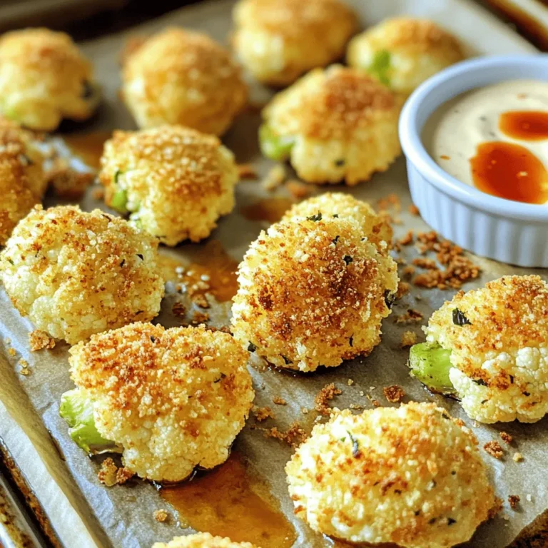 Creating crispy cauliflower nuggets starts with gathering the right ingredients. Each one plays a key role in flavor and texture. - 1 large head of cauliflower: This forms the base. Cut it into bite-sized florets. - 1 cup all-purpose flour: This helps the coating stick. You can use gluten-free flour if needed. - 1 cup breadcrumbs: Panko adds extra crunch. Regular breadcrumbs work too. - 1 teaspoon garlic powder: This gives a nice garlic flavor. - 1 teaspoon onion powder: It adds sweetness and depth. - 1 teaspoon paprika: This brings warmth and a hint of smokiness. - ½ teaspoon salt: It enhances all the flavors in the dish. - ½ teaspoon black pepper: It adds a mild kick. - 2 large eggs: These help bind the coating to the cauliflower. - 1 tablespoon olive oil: This adds richness and helps with crisping. - Optional: Hot sauce or your favorite dipping sauce for extra flavor. Feel free to customize your nuggets! You can swap spices or use different sauces for dipping. Want a spicy kick? Add more paprika or a dash of cayenne. The possibilities are endless with this base recipe. For the complete process, check the Full Recipe. First, you need to prepare the cauliflower. Start by cutting one large head of cauliflower into bite-sized florets. This size helps them cook evenly and makes them easy to dip. Next, get your three bowls ready. In the first bowl, mix 1 cup of all-purpose flour, 1 teaspoon of garlic powder, 1 teaspoon of onion powder, 1 teaspoon of paprika, ½ teaspoon of salt, and ½ teaspoon of black pepper. This mixture gives the nuggets a great base flavor. In the second bowl, beat 2 large eggs and add 1 tablespoon of olive oil. This mix helps the coating stick better. In your third bowl, place 1 cup of breadcrumbs. For extra crunch, use panko breadcrumbs. Now, it's time to coat the cauliflower. Dip each floret first into the flour mixture. Make sure it is fully coated. Then, dip it into the egg mixture, letting the excess drip off. Finally, roll it in the breadcrumbs, pressing gently to help the crumbs stick. Lay the coated nuggets on a baking sheet lined with parchment paper. Make sure to space them out. This spacing helps them cook evenly and stay crispy. Preheat your oven to 425°F (220°C). This high heat helps create that crunchy texture we all love. Bake the nuggets for 25-30 minutes. Halfway through, flip them to ensure even browning. You want them to turn golden brown and crispy. To check for doneness, look for that nice golden color. If they are golden and crispy, they are ready. Remove them from the oven and let them cool for a few minutes. You can serve them plain or with your favorite dipping sauce. For an extra kick, add some hot sauce. Enjoy these crispy cauliflower nuggets as a tasty treat! For the complete recipe, refer to the Full Recipe. To make your cauliflower nuggets extra crispy, follow a few key steps. First, always dry the florets well before coating them. Moisture can make them soggy. Next, use a blend of flour and breadcrumbs. I suggest using panko breadcrumbs for a crunchier bite. - Coat each floret in flour first. This helps the egg stick better. - Dip the floret into the egg mixture and then into the breadcrumbs. Press gently to ensure the crumbs stick. - Make sure to space the nuggets on the baking sheet. This allows hot air to circulate and crisp them up evenly. Adding flavor to your nuggets can make them even more fun. Try different seasonings to suit your taste. Here are some ideas: - Herbs: Add dried herbs like thyme or oregano for a fresh taste. - Spicy: Mix in some cayenne pepper or chili powder for heat. - Cheesy: Grate some Parmesan cheese into the breadcrumb mix for a savory kick. You can also marinate the cauliflower before coating. A simple mix of olive oil, lemon juice, and spices works great. Just let the florets sit for about 30 minutes to soak in the flavors. This method can elevate your crispy cauliflower nuggets to new heights. For the full recipe, check out the earlier section. {{image_2}} You can easily swap out ingredients in this recipe. If you need a gluten-free option, use gluten-free flour and gluten-free breadcrumbs. These substitutions work well and keep the nuggets crunchy. For a vegan twist, replace the eggs with a mix of ground flaxseed and water. Use one tablespoon of flaxseed meal with three tablespoons of water for each egg. This mix binds the ingredients and helps create a crispy coating. You can get creative with flavors in your crispy cauliflower nuggets. Consider adding different seasonings like cumin for a warm flavor or chili powder for some heat. A dash of lemon zest can brighten the taste. Regional twists can make your nuggets unique. For an Indian flavor, add garam masala and serve with a yogurt dip. If you prefer an Italian touch, use Italian seasoning and pair them with marinara sauce. These options let you customize the dish to your liking. No matter how you choose to change it, these nuggets will always be a tasty treat! For the full recipe, check the section above. To keep your crispy cauliflower nuggets fresh, store them in the fridge. Place them in an airtight container. This helps them stay crunchy and tasty. You can also freeze them for longer storage. Use a freezer-safe bag or container. Make sure to remove as much air as possible. This prevents freezer burn and keeps their flavor. For the best crunch, reheat your nuggets in the oven. Preheat your oven to 375°F (190°C). Spread the nuggets on a baking sheet. Heat them for about 10-15 minutes. This method keeps them crispy. You can also use an air fryer for a quicker option. Set it to 350°F (175°C) and reheat for 6-8 minutes. This will revive their crunchiness and flavor. How do I prevent the nuggets from becoming soggy? To keep your cauliflower nuggets crispy, make sure to coat them well. The flour and breadcrumb layers help create a barrier. Bake them on a lined sheet with space between each piece. This allows hot air to circulate and prevents sogginess. Can I make these nuggets ahead of time? Yes, you can prepare the nuggets in advance. Coat the cauliflower and place them on a baking sheet. Cover with plastic wrap and refrigerate for up to 24 hours. When ready to eat, bake them straight from the fridge. Just add a few extra minutes to the baking time. What are the best dipping sauces for cauliflower nuggets? You can serve these nuggets with many sauces. Some favorites include ranch, buffalo sauce, or honey mustard. You can also try a spicy sriracha mayo for a kick. Feel free to explore different flavors to find your perfect match! Caloric content and macronutrient breakdown One serving of these crispy cauliflower nuggets has about 200 calories. They contain approximately 10 grams of protein, 6 grams of fat, and 30 grams of carbs. This makes them a tasty, guilt-free treat! Variations in nutrition by ingredient changes If you switch to gluten-free flour and breadcrumbs, the calorie count may change slightly. Using less oil can lower the fat content. You can also add more spices for flavor without adding calories. Each tweak can make the nuggets fit your diet even better. For the full recipe, check out the details above and start cooking! In this blog post, we explored how to make crispy cauliflower nuggets. We covered each ingredient, preparation steps, and baking techniques. You learned tips for maximum crunch and flavor. Different variations and storage methods were also discussed. Crispy cauliflower nuggets are simple and tasty. You can customize them to fit your needs. With the right tips, you’ll enjoy a healthy snack. Enjoy your cooking and keep exploring new flavors!