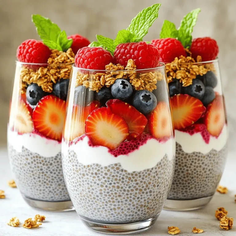 - 1 cup almond milk: You can also use any plant-based milk you enjoy. - 1/4 cup chia seeds: These tiny seeds are packed with nutrients and help thicken the pudding. - 2 tablespoons maple syrup: This sweetener adds flavor. You can adjust it based on your taste. - 1 teaspoon vanilla extract: This gives a warm, sweet note to the pudding. - 1 cup mixed berries: Use strawberries, blueberries, and raspberries for a colorful mix. - 1 cup Greek yogurt: It adds creaminess. You can swap this for plant-based yogurt if needed. - 2 tablespoons granola: For a crunchy topping, granola adds great texture. - Fresh mint leaves: These are perfect for garnish and add a nice touch. - Look for vibrant colors and firm textures. - Avoid berries that are mushy or have mold. - Check for freshness by smelling them; they should have a sweet aroma. - For a nut-free option, use oat or soy milk instead of almond milk. - You can replace Greek yogurt with a dairy-free option like coconut yogurt. - If you prefer less sugar, try using a sugar substitute or omitting the syrup entirely. These ingredients work together to make a delicious and healthy treat. Enjoy the vibrant colors and flavors in your parfait! For the complete recipe, check the [Full Recipe]. To make the chia pudding, you start by mixing the ingredients. In a bowl, combine 1 cup of almond milk, 1/4 cup of chia seeds, 2 tablespoons of maple syrup, and 1 teaspoon of vanilla extract. Whisk the mixture well to avoid clumping. This step is key for a smooth pudding. Next, cover the bowl and place it in the fridge. You need to chill it for at least 4 hours or overnight. This allows the chia seeds to absorb the liquid and swell. When they expand, they create a thick, pudding-like texture. To prevent clumping, stir the mixture every 15 minutes for the first hour. This helps distribute the chia seeds evenly. If you forget, don’t worry! Just whisk it again before serving. Now comes the fun part—layering your parfait! Start with a glass or bowl. Add a layer of chia pudding at the bottom. This creates a nice base. Next, spoon in a layer of Greek yogurt. This adds creaminess and a boost of protein. Follow this with a layer of mixed berries. Use a mix of strawberries, blueberries, and raspberries for color and flavor. Repeat the layers until the glass is full. For the best presentation, finish with a layer of berries on top. This makes your parfait look colorful and inviting. When it’s time to serve, think about garnishing. A sprinkle of granola adds a nice crunch. Fresh mint leaves give a pop of color and freshness. As for glassware, clear glasses work best. They show off the beautiful layers. You can use mason jars, small cups, or even elegant dessert glasses. For the full recipe, you can refer to the recipe section above. Enjoy your Berry Chia Pudding Parfaits! To make the best chia pudding, focus on texture. The key is to let the chia seeds soak long enough. I mix the almond milk, chia seeds, maple syrup, and vanilla extract. Then, I whisk until there are no clumps. After that, I cover the bowl and refrigerate it for at least 4 hours. This waiting time is vital. The seeds will swell and create a creamy texture. If you like your pudding sweeter, you can adjust the maple syrup. Start with two tablespoons and taste it. You can always add more syrup if needed. Remember, fresh berries also add natural sweetness. When it comes to serving, I love using clear glasses. They show off the beautiful layers. Start with a layer of chia pudding, then Greek yogurt, and finally, the berries. Repeat this until the glass is full. For a creative twist, try adding a dollop of nut butter or a sprinkle of coconut flakes. Pair these parfaits with a refreshing herbal tea or a cold smoothie. These drinks complement the flavors well and make the meal feel special. Try this Berry Chia Pudding Parfaits recipe for a fun and healthy treat! {{image_2}} You can switch up the fruit in your berry chia pudding parfaits. Strawberries, blueberries, and raspberries work great together. However, you can also try bananas, peaches, or even mango. Each fruit brings its own taste and adds a fun twist to your parfaits. Mixing fruits can create a colorful and tasty treat that everyone will love. You can also add flavors to the chia pudding. For a chocolate kick, stir in cocoa powder. A pinch of cinnamon or nutmeg can add warmth. Experimenting with flavors keeps your chia pudding exciting and new. Choose what you enjoy most! If you want a vegan option, swap Greek yogurt for plant-based yogurt. You can also use maple syrup as a sweetener. This keeps your parfaits tasty and free from animal products. It’s a great way to stick to your diet while still enjoying dessert. For nut-free options, use oat or coconut milk instead of almond milk. Be sure your yogurt is also nut-free. This way, you can enjoy your parfaits without worrying about allergies. These small changes make a big difference and fit many dietary needs. To keep your berry chia pudding parfaits fresh, use airtight containers. This method protects the pudding from air and moisture. I recommend storing them in the fridge. You can enjoy them for up to three days. After that, the texture may change, and they might not taste as good. Berry chia pudding parfaits are best served chilled. If you prefer room temperature, take them out of the fridge for about 10 minutes before eating. Do not heat them in the microwave. Chia seeds need to maintain their texture and health benefits, so serve them as they are. Can you make chia pudding in advance? Yes! You can make chia pudding a day ahead. Just mix your almond milk, chia seeds, maple syrup, and vanilla. Then, let it sit in the fridge overnight. This time allows the seeds to absorb the liquid and thicken up. It’s a great way to save time in the morning. Is chia pudding safe for children? Absolutely! Chia pudding is safe for kids. Chia seeds are full of fiber, protein, and omega-3s. But, always check for allergies first. You can also adjust the sweetness to make it more appealing for younger eaters. Why is my chia pudding too watery? If your chia pudding is watery, you may not have added enough chia seeds. Aim for a ratio of 1/4 cup of chia seeds to 1 cup of liquid. If it’s too runny, add more chia seeds and let it sit longer. The seeds will soak up the extra liquid. What to do if chia seeds clump together? Clumping happens if you don’t mix the seeds well. When you first combine the chia seeds with liquid, whisk quickly and thoroughly. If clumps do form, just stir well again after the pudding has set. It should break apart easily. What are the health benefits of chia seeds? Chia seeds are tiny but mighty! They are rich in fiber, which helps digestion. They also have protein to keep you full. Plus, they’re high in omega-3 fatty acids, which are good for heart health. These seeds also provide minerals like calcium and magnesium. Is this recipe gluten-free? Yes, this recipe is gluten-free! All the ingredients, like almond milk and chia seeds, are free from gluten. This makes it a great option for those with gluten sensitivities or celiac disease. Enjoy without worry! In this blog post, we explored the magic of berry chia pudding parfaits. We discussed ingredient details, preparation steps, and creative serving suggestions. You learned how to select fresh berries and adjust the sweetness to your taste. I shared tips for perfect layering and variations to meet dietary needs. Take these ideas to impress your family and friends. Enjoy experimenting with flavors and presentations. This treat is not just delicious; it’s also healthy! Dive in and make your own parfait today.