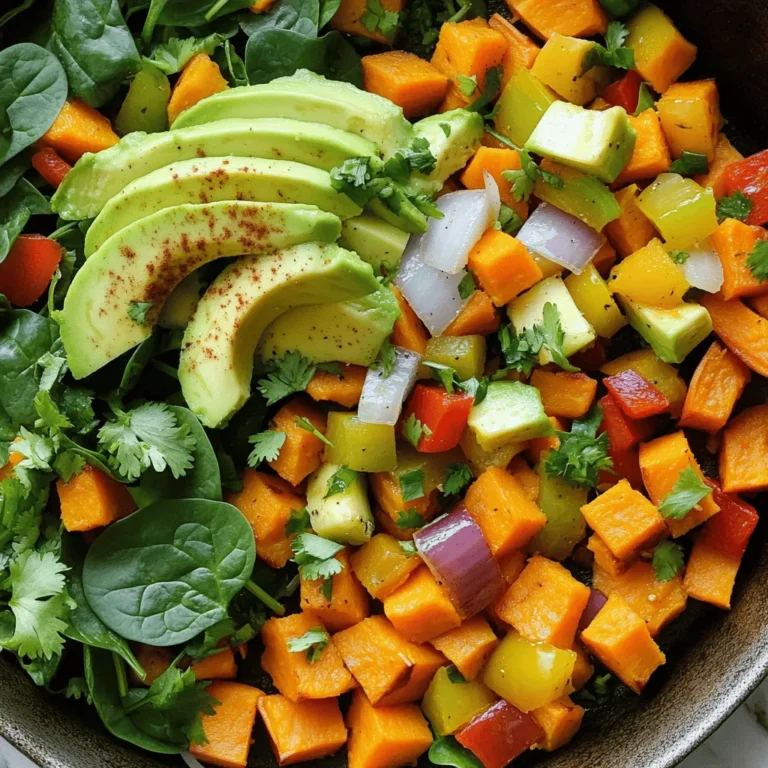 To make this tasty Vegan Sweet Potato Breakfast Hash, you need: - 2 medium sweet potatoes, peeled and diced - 1 red bell pepper, diced - 1 green bell pepper, diced - 1 small red onion, diced - 2 cups baby spinach - 2 cloves garlic, minced - 1 teaspoon smoked paprika - 1 teaspoon ground cumin - ½ teaspoon chili powder - Salt and pepper to taste - 2 tablespoons olive oil - Fresh avocado slices, for serving - Fresh cilantro, for garnish This recipe serves four. Each serving has: - Calories: 240 - Protein: 4g - Fat: 11g - Carbohydrates: 34g - Fiber: 6g - Sugar: 4g These numbers make it a great option for a healthy meal. You can change this recipe to fit your taste. Here are some ideas: - Swap sweet potatoes for regular potatoes or butternut squash. - Use any color bell pepper you like. - Try red onion, yellow onion, or shallots instead. - Add more greens, like kale or Swiss chard. - Use different spices, such as curry powder or Italian herbs. Feel free to make this hash your own! For the complete recipe, check out the Full Recipe. Start by washing and peeling your sweet potatoes. Dicing them into small cubes makes cooking easier and faster. Aim for ½-inch pieces. This size helps them cook evenly. After cutting, place them in a bowl. Sprinkle some salt, pepper, smoked paprika, cumin, and chili powder over them. This blend brings out the sweet flavor. Heat two tablespoons of olive oil in a large skillet over medium heat. Once hot, add the seasoned sweet potatoes. Stir them every few minutes. Cook for about 10 minutes until they are tender and slightly caramelized. Next, add the diced red onion and both bell peppers. Cook for another 5-7 minutes. You want the veggies to soften and smell great. Finally, stir in two minced garlic cloves and let them cook for one minute. The aroma will be wonderful. Add two cups of baby spinach to the skillet. Toss everything together until the spinach wilts, which takes about 2-3 minutes. Taste your hash and adjust the seasoning if needed. Once done, remove it from the heat. Serve hot, topping with fresh avocado slices and garnishing with cilantro. This dish is vibrant, healthy, and packed with flavor. For the full recipe, check the details above! Start with a large skillet. It gives you room to cook evenly. Heat olive oil over medium heat. This temperature helps sweet potatoes cook well without burning. Add the sweet potatoes first. They take the longest to soften. Stir them often to avoid sticking. Cook for about 10 minutes until they caramelize. Next, add the onions and peppers. They will bring a nice sweetness to the dish. Cook until they soften, about 5 to 7 minutes. Finally, toss in the spinach and garlic. Cook just until the spinach wilts. This keeps the flavors fresh. To boost the flavor, season well. Use smoked paprika for a smoky taste. Ground cumin adds warmth and depth. Chili powder will give a nice kick. Don't forget to taste as you go. Adjust salt and pepper to your liking. Fresh herbs can also brighten the dish. Cilantro adds a lovely freshness when served. You can even sprinkle some lime juice for zest. Serve the hash hot right from the skillet. Top it with fresh avocado slices. They add creaminess and healthy fats. Garnish with cilantro for a pop of color. This dish is great on its own but pairs well with toast or tortillas. You can also serve it with a side of fruit for a balanced meal. Check out the Full Recipe for more ideas. Enjoy your vibrant and energizing breakfast! {{image_2}} You can boost your hash with protein. Tofu or tempeh works great. Start by pressing the tofu to remove water. Cut it into cubes. Sauté it in olive oil until golden. Add it to the skillet with the sweet potatoes. For tempeh, slice it thinly and cook it the same way. Both options add texture and flavor to your meal. Feel free to mix in other veggies. Zucchini, mushrooms, or kale are excellent choices. Dice them into small pieces for even cooking. Add them to the skillet along with the peppers and onions. This not only adds color but also boosts the nutrition of your hash. You can even use leftover veggies from the fridge! If you like heat, add more spices. Try using cayenne pepper or red pepper flakes. Start with a pinch and taste as you go. If you want a smoky flavor, add more smoked paprika. Adjust spices to fit your taste. This way, you create a unique dish each time. For the complete recipe, check out the Full Recipe. After you enjoy your Vegan Sweet Potato Breakfast Hash, store leftovers in an airtight container. Make sure to cool the hash to room temperature first. This helps keep it fresh longer. You can keep it in the fridge for up to four days. To reheat, place the hash in a skillet over medium heat. Stir it occasionally for even warming. You can also use a microwave. Heat it in a microwave-safe bowl for about two minutes. Stir halfway through to ensure it warms evenly. If you want to prepare meals in advance, freezing is a great option. Portion the hash into freezer-safe containers. Label them with the date. It can last for up to three months in the freezer. To use, thaw it overnight in the fridge. Then, reheat it as mentioned above. This way, you always have a healthy meal ready to go! Yes, you can prepare this hash ahead of time. Cook it fully, then let it cool. Store it in an airtight container in the fridge for up to four days. When you're ready to eat, just reheat it in a skillet or microwave. This makes breakfast easy on busy mornings. You can also make smaller portions to enjoy throughout the week. This hash is very versatile. You can serve it with fresh avocado slices on top. You can also add a side of toast or tortillas. For a protein boost, serve it with tofu or chickpeas. A sprinkle of hot sauce can add a nice kick. Pairing it with a fresh fruit salad brings a sweet balance too. Yes, this recipe is gluten-free. All the ingredients, like sweet potatoes and vegetables, do not contain gluten. If you pair the hash with gluten-free bread or tortillas, you stay within the gluten-free guidelines. Always check labels for any pre-packaged items to ensure they are gluten-free. Enjoy this tasty dish without worry! This blog post covers how to make a tasty Vegan Sweet Potato Breakfast Hash. We discussed ingredients, cooking steps, and ways to customize the dish. You learned about adding proteins and adjusting spice levels. I shared tips for cooking and serving this meal. Lastly, I explained how to store and reheat leftovers. Enjoy making this dish your own and share it with friends. Cooking should be fun and easy!