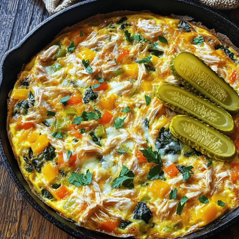 - 4 large eggs - 1 cup cooked chicken, shredded - 1/2 cup pickle juice - 1/2 cup cheese (cheddar or your choice), shredded - 1 small bell pepper, diced - 1/2 onion, finely chopped - 1 cup spinach, chopped - 1 teaspoon ranch seasoning - 2 tablespoons olive oil - Salt and pepper to taste The main ingredients for the Pickle Ranch Chicken and Veggie Frittata are simple yet packed with flavor. The eggs form the base, giving the frittata its structure. The shredded chicken adds protein, making it filling. Pickle juice gives a unique tang that brightens the dish. Shredded cheese brings creaminess, while bell pepper, onion, and spinach add texture and nutrients. - Oven-safe skillet - Mixing bowl - Whisk - Spatula You will need a few key pieces of equipment to make this dish. An oven-safe skillet is essential for cooking on the stove and then baking in the oven. A mixing bowl helps combine the egg mixture, while a whisk ensures everything blends smoothly. A spatula is perfect for flipping and serving the frittata. For the full recipe, check the details above. - Preheat your oven to 375°F (190°C). - In a large bowl, whisk together the eggs, pickle juice, ranch seasoning, salt, and pepper. This step mixes flavors and sets the base for your frittata. - Heat olive oil in a skillet over medium heat. - Add onion and bell pepper. Sauté them until softened, which takes about 3-4 minutes. - Then, toss in chopped spinach and cook until it wilts, about 1-2 minutes. This brings out the fresh flavors of the veggies. - Stir in the shredded chicken with the vegetables. This adds protein and heartiness to your dish. - Pour the egg mixture over the chicken and veggies, ensuring everything is covered. - Sprinkle cheese on top. Cook on the stove for about 2-3 minutes until the edges start to set. - Transfer the skillet to the oven. - Bake for 15-20 minutes. The frittata is done when it is set and slightly golden on top. - Let it cool slightly before slicing. This helps it firm up and makes serving easier. You can find the full recipe linked above if you want to explore more details. Enjoy the process and the delicious result! - Use fresh ingredients for the best flavor. Fresh eggs and veggies shine in this dish. - Avoid overcooking the vegetables to maintain texture. Crisp veggies add a nice bite. - Ensure the frittata is evenly cooked by stirring gently before baking. This helps it rise well. - Garnish with pickle slices or fresh parsley. This adds color and brightness to your dish. - Serve alongside a side salad or crusty bread. This makes for a hearty meal. - Experiment with different cheeses or ranch seasoning blends. Try feta or pepper jack for a twist. - Adjust seasoning to taste with herbs or spices. Fresh dill or chives can enhance the flavor. For the complete steps and ingredient list, check out the Full Recipe. {{image_2}} You can change the veggies in this frittata to match your taste. - Substitute spinach with kale or zucchini for a new twist. - Add mushrooms or tomatoes if you want extra flavor. These swaps keep the dish fresh and fun. Kale is hearty and gives a nice crunch. Zucchini adds moisture and mild taste. Mushrooms bring umami, while tomatoes add sweetness. Each choice opens a new flavor door. If you want to switch the chicken, I have some tasty options. - Use turkey, ham, or tofu as a chicken alternative. - Just adjust cooking time based on the protein you pick. Turkey is lean and still full of flavor. Ham gives a smoky touch, while tofu is great for a meat-free meal. Remember to cook longer for denser proteins and shorter for lighter ones. You can create a fun mix with your favorites. Want to change the taste? You can do that easily! - Incorporate different spices for unique flavor profiles. - Try different types of cheese for varied taste. Experiment with spices like paprika or oregano for a kick. Add some garlic powder for depth. For cheese, swap cheddar for feta or goat cheese. Each choice changes the whole dish, making it exciting every time! For the complete recipe, check out the [Full Recipe]. Store leftover frittata in an airtight container in the fridge. This keeps it fresh and tasty. Consume within 3-4 days for best quality. The flavors will stay vibrant during this time. You can freeze this frittata for up to 2 months. Make sure to wrap it well to prevent freezer burn. Use plastic wrap or foil for a nice seal. Thaw overnight in the refrigerator before reheating. This keeps the texture nice and firm. Reheat in the oven for the best texture. Preheat your oven to 350°F (175°C) and place the frittata in for about 10-15 minutes. If you need speed, the microwave works too. Heat it in short bursts, checking often. Ensure it’s heated through before serving. Enjoy every bite! Yes, you can prepare this frittata in advance. Just store it in the refrigerator. It tastes great even after a day or two. If you lack pickle juice, use lemon juice or vinegar. They add a tangy flavor too. The frittata is ready when it is set in the center. It should also look slightly golden on top. Yes, this frittata is perfect for meal prep. It gives you a balanced meal that’s easy to reheat. Enjoy it throughout the week! For the full recipe, check out the details above. This blog post showed how to make a tasty Pickle Ranch Chicken and Veggie Frittata. We covered key ingredients, step-by-step cooking instructions, and useful tips. With options for variations and storage, you can customize this dish to fit your taste and needs. Enjoy this recipe as a healthy meal or a fun twist for brunch. Get creative with your ingredients, and don’t forget to share your frittata stories!