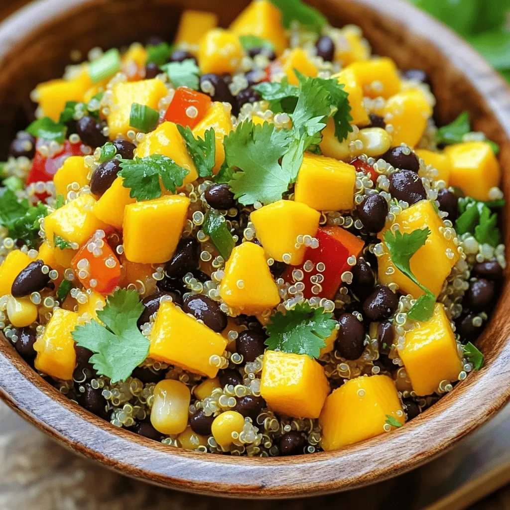 To make this refreshing Mango Black Bean Quinoa Salad, gather these items: - 1 cup quinoa, rinsed - 2 cups vegetable broth (or water) - 1 ripe mango, diced - 1 can (15 oz) black beans, drained and rinsed - 1 red bell pepper, diced - 1 small red onion, finely chopped - 1 cup corn (fresh, frozen, or canned) - 1/4 cup fresh cilantro, chopped - Juice of 2 limes - 2 tablespoons olive oil - 1 teaspoon cumin - Salt and pepper to taste These ingredients create a colorful and tasty salad. The quinoa gives a nice base, while the mango adds a sweet touch. The black beans provide protein, and the veggies add crunch. If you don't have some ingredients, you can try these swaps: - Use brown rice instead of quinoa for a different base. - Any type of beans works; try kidney beans or pinto beans. - Swap mango for pineapple for a tropical twist. - Green onions can replace red onion for a milder taste. - If you don't like cilantro, use parsley or omit it. These substitutions keep the salad fresh while letting you work with what you have. You can customize the flavors to suit your taste buds. This salad is not just tasty; it's also good for you. Here’s what you get per serving: - Calories: 300 - Protein: 10g - Carbohydrates: 50g - Fat: 10g - Fiber: 8g - Sugar: 4g This salad is packed with nutrients. It provides protein from the quinoa and beans. The veggies add vitamins and minerals, making it a balanced meal. For the full recipe, check out the details provided earlier. Enjoy your healthy eating! Start by rinsing 1 cup of quinoa under cold water. This helps remove the bitter coating called saponin. Next, bring 2 cups of vegetable broth to a boil in a medium saucepan. Add the rinsed quinoa and reduce the heat to low. Cover the pot and let it simmer for about 15 minutes. The quinoa will absorb all the broth. After 15 minutes, remove it from heat and let it sit, covered, for 5 more minutes. Then, fluff the quinoa with a fork. This gives it a light and airy texture. In a large mixing bowl, combine the cooked quinoa with the other ingredients. Add in the diced mango, which provides a sweet burst of flavor. Then, mix in the drained and rinsed black beans for protein and fiber. Add the diced red bell pepper for crunch and color. Toss in the finely chopped red onion for a sharp taste. Include 1 cup of corn for sweetness and texture. Finally, add 1/4 cup of fresh cilantro for a bright, herbal note. Make sure everything is mixed well so each bite has a bit of everything. In a small bowl, whisk together the juice of 2 limes, 2 tablespoons of olive oil, and 1 teaspoon of cumin. This dressing will add a zesty kick to the salad. Season it with salt and pepper to taste. Once the dressing is ready, pour it over the quinoa salad. Gently toss everything together until all the ingredients are coated. Taste the salad and adjust the seasoning if needed. If you want extra heat, you can add a pinch of cayenne pepper or a dash of hot sauce. For best results, chill the salad in the fridge for 30 minutes before serving. This allows the flavors to blend beautifully. Enjoy your Mango Black Bean Quinoa Salad! For the full recipe, check the earlier section. To cook quinoa, start with rinsing it. Rinsing removes the bitter coating. This helps your salad taste great. Use two cups of vegetable broth or water for one cup of quinoa. Bring the liquid to a boil. Then, add the quinoa and reduce the heat. Cover the pot and let it simmer for about 15 minutes. After the time is up, take it off the heat. Let it sit for five minutes without lifting the lid. Finally, fluff it with a fork. This process gives you fluffy, tender grains. Chilling your salad is key to good flavor. After mixing all the ingredients, cover the bowl and place it in the fridge. Let it chill for about 30 minutes. This waiting time allows the flavors to blend well. For best results, use an airtight container. It keeps the salad fresh and helps it cool faster. This salad is refreshing, especially on a hot day. To make your salad even better, add some spices. Cumin adds a warm, earthy taste. It’s already in the recipe, but you can add more if you like. If you want some heat, try cayenne pepper or hot sauce. Fresh lime juice brightens the dish. You could also add some zest from the lime for extra flavor. Fresh herbs, like cilantro, bring a burst of freshness. Mix and match these to find your perfect taste. You can check out the Full Recipe for more ideas. {{image_2}} You can make this salad heartier by adding protein. Grilled chicken or shrimp work great. Tofu is a good choice for a plant-based option. You can also mix in some cooked lentils or chickpeas. These options boost protein and make the salad a full meal. The base of this salad is already vegetarian and vegan-friendly. If you want to add cheese, use feta or goat cheese for a twist. For a vegan option, skip the cheese or use a dairy-free alternative. This way, everyone can enjoy this tasty dish. Use seasonal fruits and veggies for fresh flavors. In summer, try adding diced cucumbers or cherry tomatoes. In fall, roasted sweet potatoes or butternut squash can add warmth. Adjust the ingredients based on what’s fresh and available. This keeps your salad exciting and full of flavor. For more tips and recipes, check out the Full Recipe for Mango Black Bean Quinoa Salad. You can store leftover mango black bean quinoa salad in an airtight container. Make sure to cool the salad to room temperature before sealing it. This helps keep the flavors fresh. Store it in the fridge for up to three days. If you notice any liquid pooling in the container, just stir it back in before serving. I don't recommend freezing this salad. The texture of the quinoa and the fresh veggies may change when thawed. However, if you want to freeze it, do so without the dressing. Place the salad in a freezer-safe bag or container. It can last for up to a month. When you’re ready to eat it, thaw in the fridge overnight before adding the dressing. If you want to reheat the salad, do it gently. Place the salad in a microwave-safe bowl. Heat in short intervals, stirring in between. This helps avoid a mushy texture. If the salad feels dry, add a splash of lime juice or olive oil to freshen it up. Enjoy it warm or cold, as it tastes great either way! For the full recipe, check out the section above. Yes, you can make this salad ahead of time. This salad tastes even better after sitting. The flavors mix well when chilled. I suggest making it a few hours before you serve it. You can store it in the fridge. Just keep it in a sealed container for freshness. This salad pairs well with many dishes. You can serve it with grilled chicken or fish for protein. It also goes great with tacos or quesadillas. If you want a light meal, serve it with a bowl of soup. You can even enjoy it on its own as a filling lunch. The salad will stay fresh for about 3 to 5 days in the fridge. Make sure to keep it in an airtight container. If the salad seems dry after a few days, add a splash of lime juice or olive oil. Always check for freshness before eating, especially if it’s been a while. For the full recipe, check the earlier sections. In this blog post, we explored the key ingredients for Mango Black Bean Quinoa Salad, along with step-by-step instructions. We discussed tips for cooking quinoa perfectly and enhancing flavor. We also talked about fun variations, how to store leftovers, and answered common questions. Mango Black Bean Quinoa Salad is versatile and easy to make. You can enjoy it fresh, chilled, or even as a meal prep option. Try new ingredients and variations to keep it exciting! Enjoy your cooking journey and share this tasty dish with others.