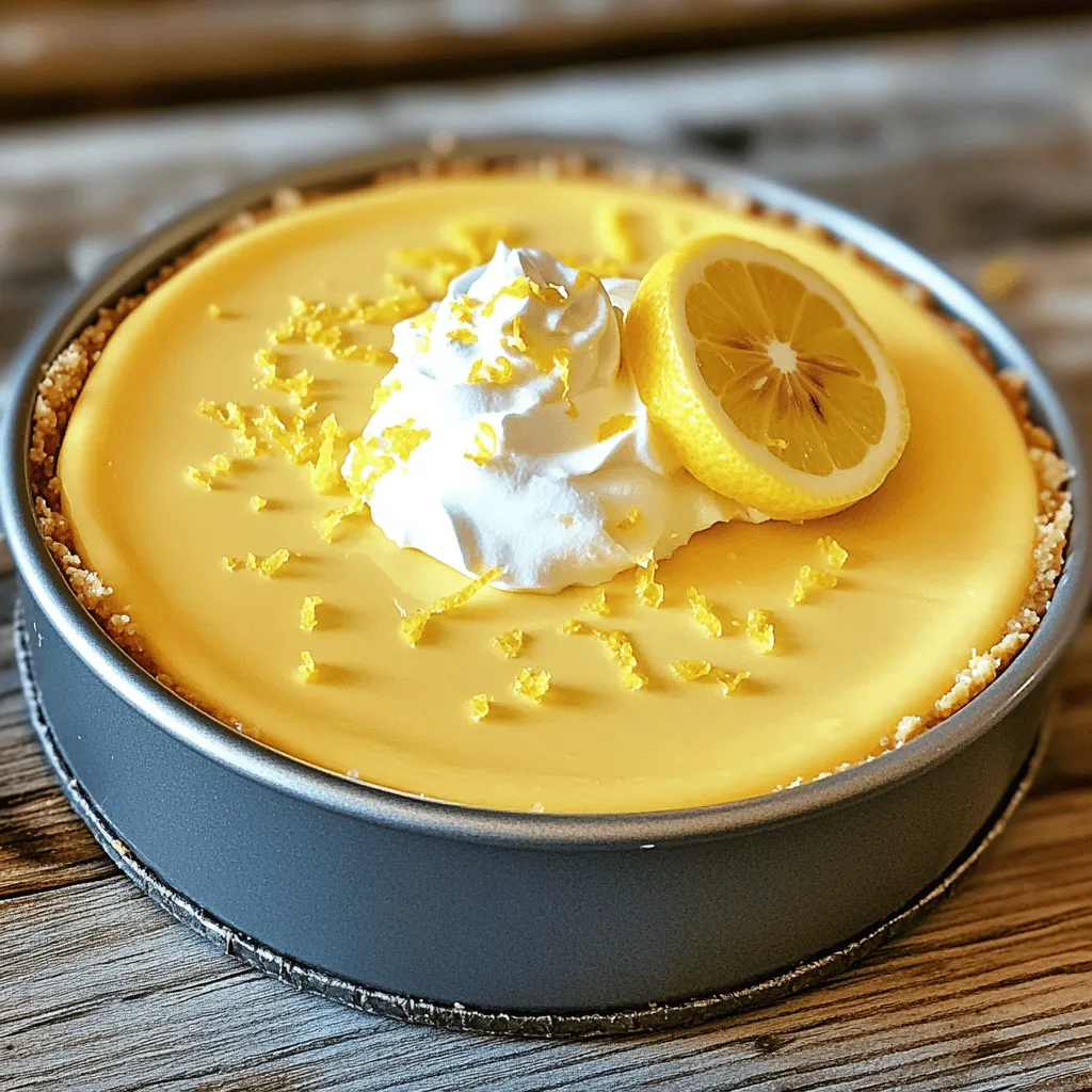 To make a delightful no-bake lemon cheesecake, you need these ingredients: - 1 ½ cups graham cracker crumbs - ½ cup unsalted butter, melted - 1 tablespoon sugar - 2 cups cream cheese, softened - 1 cup powdered sugar - 1/3 cup fresh lemon juice - Zest of 1 lemon - 1 teaspoon vanilla extract - 1 cup heavy whipping cream These key ingredients create a creamy texture and bright flavor. The graham cracker crumbs form a tasty crust. The cream cheese gives the cheesecake its rich base. Fresh lemon juice and zest add a refreshing zing that makes each bite special. You can enhance your cheesecake with these fun toppings: - Whipped cream dollops - Extra lemon zest - Thin lemon slices - Fresh berries These garnishes add color and extra flavor. They also make your dessert look more appealing. Feel free to get creative with your toppings! To prepare your no-bake lemon cheesecake, gather these tools: - Mixing bowls - Electric mixer - Spatula - 9-inch springform pan - Plastic wrap Having the right tools makes the process smooth and easy. The springform pan is key for easy removal. You’ll love how simple it is to whip up this dessert! Check out the Full Recipe for more guidance. First, gather these ingredients: - 1 ½ cups graham cracker crumbs - ½ cup unsalted butter, melted - 1 tablespoon sugar In a mixing bowl, combine the graham cracker crumbs, melted butter, and sugar. Stir until the crumbs feel like wet sand. This mixture should hold together when pressed. Next, take a 9-inch springform pan and press the crumb mix into the bottom. Make it even and compact. Chill the crust in the refrigerator for about 30 minutes. This helps it firm up nicely. Now, let’s create the creamy filling. You’ll need: - 2 cups cream cheese, softened - 1 cup powdered sugar - 1/3 cup fresh lemon juice - Zest of 1 lemon - 1 teaspoon vanilla extract - 1 cup heavy whipping cream In a large bowl, beat the softened cream cheese with an electric mixer. Make it smooth and creamy. Gradually add the powdered sugar, mixing well each time. This keeps the filling sweet without lumps. Then, pour in the fresh lemon juice, lemon zest, and vanilla extract. Beat again until it’s fluffy and smooth. Now, in a separate bowl, whip the heavy cream until stiff peaks form. Gently fold this whipped cream into the lemon mixture. Be careful; you don’t want to lose that airiness. This step makes your cheesecake light and airy. After making the filling, remove the chilled crust. Pour the lemon filling over it and smooth the top with a spatula. Cover the cheesecake tightly with plastic wrap. Chill it in the refrigerator for at least 4 hours. For the best results, leave it overnight. When it’s set, carefully remove the sides of the springform pan. Slice your cheesecake and serve it cold. For a lovely touch, add a dollop of whipped cream, a sprinkle of lemon zest, and a slice of fresh lemon on each piece. You can find the full recipe for this delightful dessert in the earlier sections. Enjoy! To get the best texture for your no-bake lemon cheesecake, make sure your cream cheese is very soft. Take it out of the fridge an hour before you start. This warmth helps it blend smoothly. When you fold in the whipped cream, do it gently. This keeps the air in and makes your cheesecake light and fluffy. One big mistake is not chilling the crust long enough. If it’s not cold, the filling won’t set well. Another common error is overmixing the cream cheese. This can make your cheesecake dense. Lastly, don’t skip the lemon zest. It adds a pop of flavor that brightens the whole dessert. Presentation is key for any dessert. After slicing your cheesecake, add a dollop of whipped cream to each piece. This makes it look fancy and inviting. Sprinkle some lemon zest on top for color. A slice of fresh lemon on the plate adds a cheerful touch. For a fun twist, serve it with fresh berries on the side. {{image_2}} You can change up the flavor of your cheesecake easily. Try adding fruit! Fresh strawberries or blueberries mix really well. For a tropical twist, use lime juice instead of lemon. You might also love using orange zest for a bright, new flavor. Mix in some chocolate or caramel for a richer taste. You can even swirl in raspberry puree for a fun look! If you’re missing an ingredient, don’t worry. You can use any cookie crumbs for the crust. Vanilla wafers or digestive biscuits work great. For cream cheese, try mascarpone or ricotta cheese. If you want a lighter version, use Greek yogurt instead. You can swap heavy cream for coconut cream for a dairy-free option. This cheesecake shines at any event. For birthdays, add colorful sprinkles on top. At summer barbecues, serve with fresh berries and mint leaves. For holidays, top with whipped cream and a dusting of graham crumbs. You can create individual cups for easy serving. Just layer the crust and filling in small jars. Everyone will love this fun treat! Visit the Full Recipe for more ideas. To keep your no-bake lemon cheesecake fresh, store it in the fridge. Use an airtight container or cover it tightly with plastic wrap. This helps prevent the cheesecake from drying out or absorbing other smells. Place it on a flat surface to avoid any damage. Refrigerate it for up to five days. You can also freeze your cheesecake for longer storage. First, make sure it is fully set. Slice the cheesecake into pieces. Wrap each slice in plastic wrap, then place them in a freezer-safe bag. This keeps the cheesecake fresh for up to three months. When ready to enjoy, thaw it in the fridge overnight. The shelf life of your no-bake lemon cheesecake is about five days in the fridge. Always check for any off smells or changes in texture before eating. If you see any signs of spoilage, it’s best to discard it. For frozen cheesecake, use it within three months for the best taste and texture. Enjoy this refreshing treat safely! For the complete recipe, check out the Full Recipe. You can tell your cheesecake is set when it feels firm to the touch. After chilling, the edges will be slightly firmer than the center. The center should jiggle a bit, like Jell-O. If it appears too soft, let it chill longer. Ideally, chill it overnight for the best results. This ensures a creamy texture that melts in your mouth. You can use both fresh and bottled lemon juice. However, fresh lemon juice offers a stronger flavor. Fresh lemons add brightness and zest to your cheesecake. Bottled juice works well if fresh lemons aren’t available. Just choose a quality brand for the best taste. Using a springform pan is not necessary, but it helps. This pan allows easy removal of the cheesecake. If you don’t have one, use a regular pie dish. Just be careful when slicing and serving from a standard pan. To make a gluten-free no-bake lemon cheesecake, swap the graham crackers. Look for gluten-free graham cracker crumbs or use crushed nuts. Almonds or pecans can create a tasty crust. Just ensure all ingredients are labeled gluten-free for safety. This no-bake lemon cheesecake is simple and fun to make. We covered key ingredients, step-by-step instructions, and helpful tips. Remember to avoid common mistakes and choose your toppings wisely. Feel free to try different flavors or make it gluten-free. Proper storage helps keep your cheesecake fresh longer. Enjoy your creation at any special event. Now, you have all the tools to impress friends and family with your delicious dessert. Happy baking!