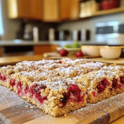 Here’s what you need for Cherry Oatmeal Squares: - 1 cup rolled oats - 1 cup all-purpose flour - 1/2 cup brown sugar, packed - 1/2 teaspoon baking powder - 1/2 teaspoon baking soda - 1/4 teaspoon salt - 1/2 cup unsalted butter, melted - 1/2 teaspoon vanilla extract - 1 1/2 cups fresh or frozen cherries, pitted and halved - 1 tablespoon cornstarch - 1 tablespoon lemon juice You can swap some ingredients if needed. Instead of brown sugar, use white sugar. For gluten-free options, use almond or coconut flour. If you don’t have cherries, try blueberries or peaches. You can also use coconut oil instead of butter for a dairy-free choice. Measuring correctly is key to great squares. Use dry measuring cups for flour and oats. Level off the top with a straight edge. For sticky ingredients like brown sugar, pack it tightly into the cup. When measuring liquids, use a clear measuring cup and check at eye level. These tips help ensure your Cherry Oatmeal Squares turn out perfectly every time. For the full recipe, refer to the section above. Start by preheating your oven to 350°F (175°C). This ensures even baking. Next, take an 8x8 inch baking pan and grease it well. You can use butter or cooking spray. This step helps the squares release easily after baking. In a large bowl, add the following dry ingredients: - 1 cup rolled oats - 1 cup all-purpose flour - 1/2 cup brown sugar, packed - 1/2 teaspoon baking powder - 1/2 teaspoon baking soda - 1/4 teaspoon salt Mix these ingredients until they blend well. This mix forms the base and topping for your squares. Then, melt 1/2 cup of unsalted butter. Pour the melted butter and 1/2 teaspoon of vanilla extract into the bowl. Stir until you get a crumbly mixture. Reserve 1 cup of this oat mixture for the topping. Now, it's time to make the cherry filling. In a separate bowl, toss together: - 1 1/2 cups fresh or frozen cherries, pitted and halved - 1 tablespoon cornstarch - 1 tablespoon lemon juice Mix them well. The cornstarch helps thicken the cherry juices while baking. Spread this cherry mixture evenly over the pressed oat layer in your baking pan. Once done, sprinkle the reserved oat mixture over the cherries. Make sure to cover them well. This will create a delicious topping. For the full recipe, refer to the main section. To make your oatmeal base shine, use fresh rolled oats. They give a nice texture. Mix your dry ingredients well before adding the melted butter. This will help every bite taste great. Also, press the mixture firmly into the pan. A solid base keeps the squares from falling apart. To bake evenly, spread the cherry filling out flat. Make sure every corner has cherries. Use an oven thermometer to check your oven's temperature. Sometimes, ovens can be off by a bit. Rotate the pan halfway through baking. This helps all sides cook the same. These squares taste amazing warm or at room temperature. For a fun twist, dust them with powdered sugar. A scoop of vanilla ice cream adds a creamy touch. You can also serve with whipped cream for extra delight. If you want a simple addition, pair with a cup of tea or coffee. Enjoy these Cherry Oatmeal Squares with friends or family! For the full recipe, check above. {{image_2}} You can swap cherries for other fruits in this recipe. Berries like blueberries or raspberries work well. Peaches or diced apples add a nice touch, too. Each fruit brings a new flavor. Adjust the sugar based on the fruit's sweetness. For tart berries, use a bit more sugar. For sweeter fruits, use less. This keeps the balance just right. To make these squares gluten-free, choose gluten-free oats and flour. Many stores sell these options now. Check that your oats are labeled gluten-free. Mix them with almond flour or coconut flour for texture. You might need to adjust the liquid in the recipe. Gluten-free flours can absorb more moisture. Start with a little less flour and add as needed. If you want a vegan version, replace butter with coconut oil or a vegan butter substitute. Use maple syrup or agave nectar in place of brown sugar. For the eggs, you can use flaxseed meal mixed with water. A mix of 1 tablespoon flaxseed meal and 2.5 tablespoons water will work. Let it sit for a few minutes to thicken. Each of these swaps keeps the squares tasty and satisfying. For the full recipe, you can refer back to the main section. Enjoy experimenting! To keep your Cherry Oatmeal Squares fresh, store them in an airtight container. This helps prevent them from drying out. Place a piece of parchment paper between layers if stacking. These squares can last up to four days at room temperature. If you want them to last longer, consider refrigeration. You can freeze Cherry Oatmeal Squares for later use. First, let them cool completely. Then, cut them into squares. Wrap each square tightly in plastic wrap. Place the wrapped squares in a freezer bag or container. They will stay fresh for about three months in the freezer. When you're ready to enjoy them, just thaw them in the fridge overnight. Reheating is simple! You can warm up your Cherry Oatmeal Squares in the oven or microwave. For the oven, preheat it to 350°F (175°C). Place the squares on a baking sheet and heat for about 10 minutes. For the microwave, heat one square for about 20-30 seconds. Enjoy them warm for the best flavor! Don't forget to check the Full Recipe for more details! Yes, you can use frozen cherries. They work well in this recipe. Just be sure to thaw them first. Drain any excess juice to avoid soggy squares. Frozen cherries may release more juice than fresh ones. This can make your filling a bit wetter, but it will still taste great! The squares are done when the top is golden brown. You can also look for bubbling cherries around the edges. A toothpick test works too. Insert it into the center; if it comes out clean, they are ready. Let them cool in the pan for about 15 minutes before cutting. To cut the squares, use a sharp knife. Make sure the squares are cool, but still warm. Start in the center and slice towards the edges. Wipe the knife with a damp cloth between cuts. This will help create clean slices. Enjoy serving them warm or at room temperature! This blog post covered how to make delicious Cherry Oatmeal Squares. We looked at the key ingredients, smart substitutions, and measuring tips for better results. Step-by-step instructions helped you prepare the oven, combine ingredients, and create the cherry filling. I shared tips for perfecting the oats and ensuring even baking. You also learned some fun variations, like using different fruits or gluten-free options. Finally, we discussed the best ways to store and reheat your squares. Now, you can enjoy tasty Cherry Oatmeal Squares anytime!