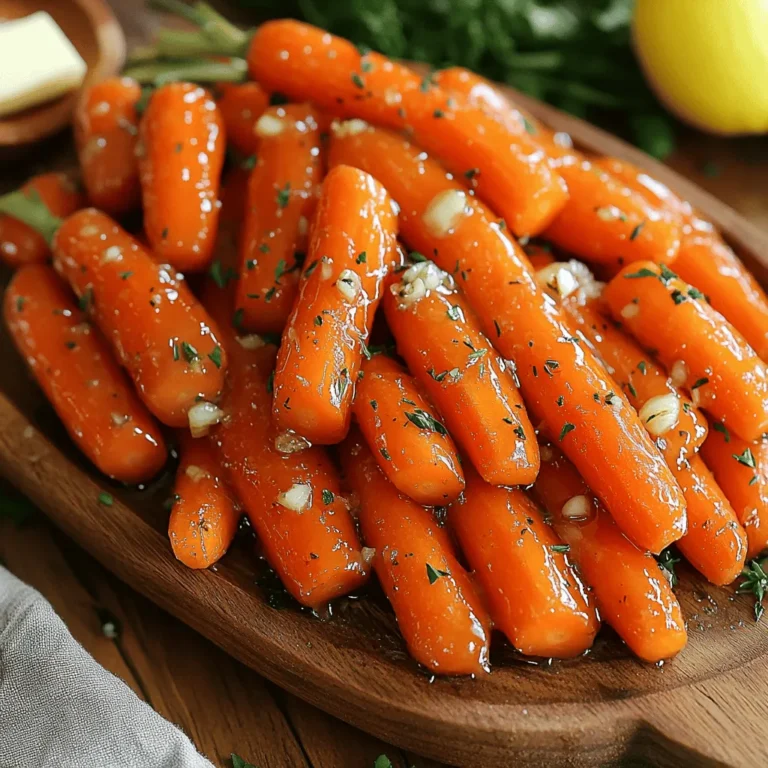 For the best honey garlic glazed carrots, you need simple, fresh ingredients. Here is what you will need: - 1 pound baby carrots (or sliced regular carrots) - 2 tablespoons unsalted butter - 3 tablespoons honey - 3 cloves garlic, minced - 1/2 teaspoon salt - 1/4 teaspoon black pepper - 1 teaspoon fresh thyme leaves (or 1/4 teaspoon dried thyme) - 1 tablespoon lemon juice - Optional: chopped parsley for garnish Using fresh ingredients makes a big difference. Baby carrots are sweet and tender. If you use regular carrots, cut them into quarters for even cooking. The unsalted butter gives a rich flavor. Honey adds sweetness, while garlic brings a nice kick. The thyme gives a fresh taste that you will love. Lastly, the lemon juice brightens everything up. If you want a pop of color, add some chopped parsley on top. This dish looks great on any table. For the full recipe, check out the section above. To start, you need to prepare your carrots. If you use whole carrots, peel them first. Cut them into quarters lengthwise. This helps them cook evenly. For baby carrots, simply rinse them well under cold water. This removes any dirt and makes them fresh. Next, let's cook those carrots. In a large skillet, melt 2 tablespoons of unsalted butter over medium heat. You want it to bubble lightly but not burn. Once the butter is melted, add your carrots. Sauté them for about 5 minutes. Stir them often so they soften but don’t brown. After that, it’s time to add the flavor. Stir in 3 minced garlic cloves. Cook for another minute. You want the garlic to smell good, not brown. Now, pour in 3 tablespoons of honey, 1/2 teaspoon of salt, 1/4 teaspoon of black pepper, and 1 teaspoon of thyme. Toss everything in the skillet. Make sure the carrots get a nice, even coat of that sweet glaze. Now, let’s finish our dish. Reduce the heat to low and cover the skillet. Let the carrots simmer for about 10 to 12 minutes. Stir them occasionally. This will make them tender and let the sauce thicken. Once they’re soft, remove the skillet from the heat. Add 1 tablespoon of lemon juice for a fresh kick. Finally, transfer the glazed carrots to a serving dish. If you like, you can garnish with chopped parsley. Enjoy this dish as a tasty side! For the full recipe, check out the link. To get the best glaze, adjust the honey based on your taste. If you like it sweeter, add more honey. For less sweetness, reduce the honey. Remember that the glaze thickens as it cooks. Cooking time changes with carrot size. Baby carrots cook faster than larger ones. If using regular carrots, cut them into smaller pieces. Aim for about 1-inch pieces. This helps them cook evenly. You can boost the flavor with herbs and spices. Try adding a pinch of cinnamon or a dash of cayenne pepper for warmth. Fresh rosemary also works well with the honey and garlic. If you don’t have thyme, use other herbs like dill or parsley. You can even swap honey for maple syrup for a unique twist. For a zesty kick, add a splash of orange juice instead of lemon juice. These small changes can make the dish even more exciting. For the full recipe, check the details above. {{image_2}} You can play with this recipe by using different veggies. Try parsnips, turnips, or even sweet potatoes. Each adds a unique taste. When using larger carrots, cut them into smaller pieces. This helps them cook evenly. Adding seasonal veggies like green beans or zucchini can enhance the dish's color and flavor. Want a vegan option? Simply swap butter for olive oil or vegan butter. You can also use maple syrup instead of honey for sweetness. If you're looking to cut down on sugar, reduce the honey or maple syrup. You can even skip it entirely and let the natural sweetness of the carrots shine through. These adjustments keep the dish tasty and friendly for everyone. After enjoying your honey garlic glazed carrots, you will want to store any leftovers properly. Use airtight containers to keep them fresh. Glass containers work well, but plastic ones are fine too. Make sure they cool down before sealing. This helps to avoid extra moisture inside. For refrigeration, store the carrots in the fridge for up to four days. If you want to keep them longer, freeze them. Place the cooled carrots in freezer-safe bags or containers. They can last up to three months in the freezer. When it's time to enjoy your leftovers, reheating is key. The best way to reheat glazed carrots is on the stove. Place them in a skillet over low heat with a splash of water. This helps keep them moist. Stir occasionally until they are heated through. You can also use the microwave. Place the carrots in a microwave-safe dish, cover, and heat in short intervals. Stir between each interval to keep them from drying out. Always check to maintain their wonderful texture and flavor. Yes, you can prepare Honey Garlic Glazed Carrots ahead of time. Cook them fully and let them cool. Store them in an airtight container in the fridge. When you’re ready to eat, simply reheat them in a skillet or microwave. They taste great even after a day or two! Honey Garlic Glazed Carrots pair well with various side dishes. Here are some great options: - Roasted chicken or turkey - Grilled steak - Baked salmon - Quinoa or rice - A fresh green salad These options complement the sweet and savory flavors of the carrots. Honey Garlic Glazed Carrots last about 3 to 5 days in the fridge. Make sure to store them in a sealed container to keep them fresh. If they start to look or smell off, it’s best to toss them out. - Common mistakes to avoid when making glazed carrots: - Don’t overcook the carrots; they should be tender but still firm. - Use fresh garlic for the best flavor. - Make sure to stir the carrots often to avoid burning. - Can I use alternative sweeteners instead of honey? Yes, you can use other sweeteners like maple syrup or agave nectar. Each sweetener has a different flavor, so choose one that you enjoy. Adjust the amount to taste, as some sweeteners are sweeter than honey. In this post, we covered how to make Honey Garlic Glazed Carrots. I shared the key ingredients and step-by-step instructions to get perfect results. You learned tips for flavor and ways to vary the recipe. We also discussed storage and reheating options to keep your dish fresh. Enjoy these glazed carrots as a tasty side dish. Experiment with other veggies and flavors. Cooking can be fun and rewarding! Happy cooking!
