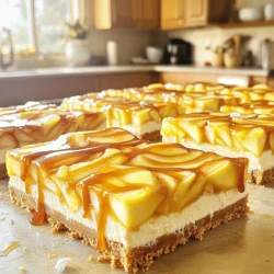 To make these tasty caramel apple cheesecake bars, gather the following ingredients: - 1 1/2 cups graham cracker crumbs - 1/2 cup unsalted butter, melted - 1/4 cup granulated sugar - 2 (8-ounce) packages cream cheese, softened - 1 cup granulated sugar - 2 large eggs - 1 teaspoon vanilla extract - 2 cups peeled and diced apples (like Granny Smith or Honeycrisp) - 1 teaspoon ground cinnamon - 1/4 teaspoon nutmeg - 1 cup caramel sauce (store-bought or homemade) - Sea salt for garnish (optional) Measuring ingredients carefully makes a big difference in baking. Use dry measuring cups for solids, like flour or sugar. For liquids, use a clear liquid measuring cup. Always level off dry ingredients with a flat edge for precision. When using sticky ingredients like honey or syrup, spray the measuring cup with cooking spray first. This makes pouring easier and helps you get every last drop! Choosing the right apples is key for flavor. Granny Smith apples are tart and hold their shape well. They add a nice contrast to the creamy filling. Honeycrisp apples are sweet and juicy, adding a lovely texture. You can also mix different kinds for a fun taste. Just make sure your apples are fresh for the best flavor! To start, preheat your oven to 350°F (175°C). Grab a 9x13 inch baking pan and line it with parchment paper. Leave some overhang on the sides; this helps later when you lift out the bars. In a mixing bowl, combine 1 ½ cups of graham cracker crumbs, ½ cup of melted butter, and ¼ cup of granulated sugar. Mix until it looks like wet sand. Press this mixture firmly into the bottom of the pan. Bake for 10 minutes, then let it cool for a few minutes. Now, let’s make the filling. In a large bowl, beat together two packages of softened cream cheese and 1 cup of sugar until it’s smooth and creamy. Add two large eggs, mixing well after each one. Stir in 1 teaspoon of vanilla extract. In another bowl, take 2 cups of peeled and diced apples, and toss them with 1 teaspoon of ground cinnamon and ¼ teaspoon of nutmeg. Gently fold the apples into the cheesecake batter. Pour the apple cheesecake mixture over your cooled crust. Spread it evenly with a spatula. Drizzle half of the caramel sauce on top. Use a knife to swirl it for a marbled look. Bake the bars for 30-35 minutes. The edges should be set, but the center will still jiggle a bit. Let them cool in the pan for about an hour. Then, refrigerate for at least 4 hours, or overnight if you can wait. Once chilled, lift the bars out using the parchment and cut them into squares. Drizzle the remaining caramel sauce on top, and add a sprinkle of sea salt if you like. For the full details on making these delicious treats, check the Full Recipe. To get a smooth and creamy cheesecake, start with room-temperature cream cheese. Cold cream cheese creates lumps. Beat it well until it's fluffy. Mix in sugar slowly to keep it airy. When you add the eggs, do it one at a time. This helps keep the batter smooth. Don't overmix once the eggs are in. You want a light texture, not dense. Bake at the right temperature. If it’s too hot, the cheesecake can crack. A slight jiggle in the center means it’s just right. To keep your cheesecake bars fresh, wrap them tightly in plastic wrap. This stops them from drying out. You can also store them in an airtight container. Place parchment paper between layers if stacking. Always store them in the fridge. They last about five days this way. If you want to keep them longer, freeze them. Just wrap them well and store in the freezer for up to three months. Thaw them in the fridge when you're ready to enjoy. Serve your caramel apple cheesecake bars chilled for the best taste. A drizzle of caramel sauce on top adds charm. You can also sprinkle some chopped nuts for crunch. Pair these bars with a dollop of whipped cream or vanilla ice cream. A side of spiced cider or coffee makes a great drink choice. For a festive touch, add a sprinkle of cinnamon. These ideas will make your dessert table shine and please your guests. For the full recipe, check out the section above! {{image_2}} If you want a gluten-free crust, use almond flour or gluten-free graham crackers. Mix these with melted butter and a bit of sugar. Press this mix into your pan, just like the regular crust. Bake it the same way. This will create a tasty base that is safe for those avoiding gluten. You can change the toppings to suit your taste! Try adding chopped nuts for crunch. Pecans or walnuts work great. You can also mix in chocolate chips for a sweet twist. Drizzle extra caramel on top for an even richer flavor. These small changes can make each batch unique. Think about seasonal fruits to mix in. In fall, use pears or cranberries for a fun twist. In spring, add fresh berries for a bright taste. You can also spice it up with seasonal spices like pumpkin spice in the fall. These variations keep the dessert fresh and exciting all year long. For the full recipe, check out the details above. After you make your caramel apple cheesecake bars, let them cool completely. Once cooled, cover them tightly with plastic wrap or foil. This keeps them fresh and prevents them from drying out. You can also place them in an airtight container. Refrigerating them helps the flavors meld and enhances their taste. You can freeze these bars for later enjoyment. First, let them cool completely. Cut them into squares, then wrap each piece in plastic wrap. After that, place the wrapped bars in a freezer-safe bag or container. This protects them from freezer burn. When you want to eat them, thaw them in the fridge overnight before serving. In the fridge, your caramel apple cheesecake bars stay fresh for about 5 days. If you freeze them, they can last up to 3 months. Just remember to label your containers with the date. This way, you know how long they’ve been stored. Enjoying these bars later is a real treat! Yes, you can use many types of crust for these cheesecake bars. A simple cookie crust works well too. Try using Oreo cookies, gingersnaps, or even a nut crust. Just make sure the crust holds together well. If you want a gluten-free option, use gluten-free cookies or almond flour. This gives you more choices for a perfect match to the apple flavor. The cheesecake bars are done when the edges look set, but the center still jiggles a bit. They will firm up as they cool. After baking for 30-35 minutes, check the bars with a toothpick. If it comes out clean from the edges, it’s ready. If the center is still too wet, give it a few more minutes. Always let them cool down before cutting. Yes, you can make these bars ahead of time. In fact, they taste even better after chilling overnight. Just store them in the fridge. Cover them tightly with plastic wrap or foil. You can also freeze them if you want to keep them longer. Just remember to thaw them in the fridge before serving. For the best taste, drizzle the caramel just before you serve. For the full recipe, check out the detailed instructions above. In this post, we covered how to make caramel apple cheesecake bars. We listed all the ingredients you need and shared tips on measuring. I showed you how to prepare, bake, and cool the bars for a perfect result. You now know tips for storage, variations, and solutions for common questions. Making these bars can be easy and fun. With the right steps, you will impress your friends and family. Enjoy every bite of this tasty treat!