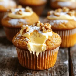 To make these tasty pumpkin cream cheese muffins, you will need: - 1 cup pumpkin puree - 1/2 cup cream cheese, softened - 1/2 cup granulated sugar - 1/2 cup brown sugar, packed - 1/2 cup vegetable oil - 2 large eggs - 1 teaspoon vanilla extract - 2 cups all-purpose flour - 1 teaspoon baking powder - 1 teaspoon baking soda - 1 teaspoon ground cinnamon - 1/2 teaspoon ground nutmeg - 1/2 teaspoon ground ginger - 1/4 teaspoon salt - 1/2 cup chopped walnuts or pecans (optional) These ingredients blend together to create a soft, moist muffin with a sweet, creamy core. If you want to change things up, there are easy swaps for some ingredients: - Pumpkin puree: You can use butternut squash puree or sweet potato puree. - Cream cheese: Try using Greek yogurt for a lighter option. - Granulated sugar: You can replace it with coconut sugar or honey. - Vegetable oil: Applesauce or melted coconut oil works well too. - All-purpose flour: Use whole wheat flour or a gluten-free blend for a healthier muffin. These substitutions keep the muffins delicious while fitting your needs. Each muffin gives you a good balance of nutrients. Here’s a quick look at the nutrition: - Calories: About 180 - Total Fat: 7g - Saturated Fat: 2g - Cholesterol: 35mg - Sodium: 150mg - Total Carbohydrates: 25g - Dietary Fiber: 1g - Sugars: 10g - Protein: 3g This muffin is a treat that satisfies your sweet tooth and provides energy. Enjoy the flavors while knowing they bring some nutrients too! For the full recipe, you can check the link provided above. First, gather all your ingredients. You will need pumpkin puree, cream cheese, sugars, oil, eggs, and vanilla. In a large bowl, mix the pumpkin puree and cream cheese. Add both sugars and mix until smooth. Then, pour in the vegetable oil and crack in the eggs. Stir until well blended. Next, add the vanilla extract for flavor. In another bowl, whisk together the flour, baking powder, baking soda, cinnamon, nutmeg, ginger, and salt. Slowly combine the dry mix with the wet mixture. Be careful not to overmix. If you like, fold in chopped walnuts or pecans for a nice crunch. Preheat your oven to 350°F (175°C). Line a muffin tin with paper liners or grease it with cooking spray. Fill each muffin cup about two-thirds full with batter. This helps them rise nicely without spilling over. Bake in the oven for 18-20 minutes. To check if they are done, insert a toothpick in the center. If it comes out clean, they are ready! Once baked, let the muffins cool in the tin for about five minutes. Then, transfer them to a wire rack. This helps them cool evenly. For serving, you can dust the muffins with powdered sugar. Or, add a dollop of cream cheese frosting on top for an extra treat. Enjoy these muffins fresh for the best flavor! For the full recipe, check out the details above. To make your muffins light and fluffy, mix gently. Overmixing can lead to tough muffins. Combine your wet and dry ingredients until just blended. This keeps the muffins soft. Also, let the batter rest for five minutes before baking. This small wait helps your muffins rise better. One mistake is skipping the oven preheating. Always preheat to 350°F to ensure even baking. Another common error is not measuring flour correctly. Use the spoon and level method. Scoop flour into a measuring cup, then level it off. This step helps avoid dense muffins. Lastly, check for doneness with a toothpick. If it comes out clean, your muffins are ready. To make your muffins even more delicious, add extras! Consider mixing in chocolate chips or dried fruit. Nuts can add a nice crunch, too. A dash of pumpkin spice enhances the pumpkin flavor. You can also swirl in extra cream cheese for a richer taste. For the full recipe, follow the link! {{image_2}} You can make these muffins gluten-free with a few easy swaps. Use a gluten-free flour blend instead of all-purpose flour. This blend often contains rice flour, tapioca flour, and xanthan gum. Check the package for the right amount to use. The taste and texture will still be great. You'll enjoy the same rich pumpkin flavor without the gluten. To make vegan pumpkin cream cheese muffins, replace the eggs with flax eggs. Mix one tablespoon of ground flaxseed with two and a half tablespoons of water. Let it sit for a few minutes to thicken. Use a vegan cream cheese instead of regular cream cheese. This way, you keep the creamy filling while staying plant-based. The muffins will still taste delicious and moist. You can add fun flavors to your muffins. Try folding in chocolate chips for a sweet twist. Dark chocolate pairs well with pumpkin. You can also add spices like cloves or cardamom for more warmth. For a nutty crunch, toss in some chopped nuts. Each of these options makes your muffins unique and even more tasty. Check out the Full Recipe for ways to mix and match! To keep your Pumpkin Cream Cheese Muffins fresh, store them in an airtight container. This helps keep moisture in and stops them from drying out. Place a paper towel at the bottom of the container to absorb any extra moisture. These muffins will stay fresh for about three days at room temperature. If you want to extend their life, consider refrigerating them. In the fridge, they can last up to a week. Freezing muffins is easy and works great! First, let the muffins cool completely. Then wrap each muffin in plastic wrap. After wrapping, place them in a freezer bag or a container. Make sure to remove as much air as possible. They can stay in the freezer for up to three months. When you're ready to eat one, just thaw it at room temperature or microwave it for a few seconds. Reheating your muffins is simple. If you want a warm muffin, microwave it for about 10-15 seconds. This will make it soft and delicious again. If you prefer a crispier texture, pop it in a toaster oven for about five minutes. Enjoy your muffins warm for the best flavor! Remember, you can find the full recipe to make these tasty treats again. Pumpkin cream cheese muffins last about 3 to 5 days at room temperature. Store them in an airtight container. If you want them fresh for longer, keep them in the fridge. They can last up to a week when chilled. You can also freeze them for up to three months. Just make sure they are well-wrapped. Yes, you can use canned pumpkin puree. It saves time and works well in this recipe. Just make sure it's pure pumpkin and not pumpkin pie filling. Canned pumpkin gives a smooth texture and rich flavor. If using fresh pumpkin, cook and puree it first for the best result. You can use Greek yogurt as a great substitute for cream cheese. It adds creaminess and a slight tang. Another option is mascarpone cheese, which has a similar texture. For a non-dairy choice, consider using vegan cream cheese. It works well and keeps the muffins moist and tasty. For more details, check out the Full Recipe for pumpkin cream cheese muffins. You now have all the tools to make delicious pumpkin cream cheese muffins. We covered key ingredients, step-by-step instructions, and helpful tips. Remember to experiment with flavors for your perfect muffin. Storage tips will help keep them fresh longer. I hope you feel confident to try these recipes. Enjoy baking and share them with others!
