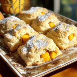 Here’s what you need to make these tasty peach scones: - 2 cups all-purpose flour - 1 tablespoon baking powder - 1/4 teaspoon salt - 1/3 cup granulated sugar - 1/2 cup unsalted butter, cold and cubed - 1/2 cup heavy cream - 1 teaspoon vanilla extract - 1 cup fresh peaches, diced (about 2 medium peaches) - 1 egg, for egg wash (optional) - Extra sugar for sprinkling If you don’t have an ingredient, don’t worry! Here are some swaps: - Flour: You can use whole wheat flour for a heartier scone. - Butter: Coconut oil works great if you need a dairy-free option. - Heavy cream: Substitute with half-and-half or a non-dairy cream. - Peaches: Try using nectarines or apricots for a different flavor. Picking the best peaches is key. Here’s how: - Look for color: Choose peaches that have a deep, golden color. - Feel the firmness: Gently squeeze the peach. It should give a little but not be mushy. - Smell the aroma: Ripe peaches smell sweet and fragrant. - Check for blemishes: Avoid peaches with dark spots or wrinkles. Fresh peaches make these scones shine. For the full recipe, check out the complete guide. First, set your oven to 400°F (200°C). This heats it up for baking. While the oven warms, line a baking sheet with parchment paper. This makes cleanup easy and keeps the scones from sticking. Make sure to use a large enough sheet to hold all your scones. In a big bowl, mix the dry items first. Add 2 cups of all-purpose flour, 1 tablespoon of baking powder, 1/4 teaspoon of salt, and 1/3 cup of granulated sugar. Use a whisk to blend them well. This helps all the ingredients to mix evenly. Next, take 1/2 cup of cold, cubed butter. Add this to the dry mix. Use a pastry cutter or your fingers to combine until it looks like coarse crumbs. In another bowl, pour in 1/2 cup of heavy cream and stir in 1 teaspoon of vanilla extract. This cream mix adds moisture and flavor to the dough. Pour this cream mix into the dry mixture. Stir gently until just combined. Now it's time to add the star of the show—1 cup of diced fresh peaches. Gently fold them in, but be careful not to overmix. This keeps the peaches intact. Transfer the dough to a floured surface. Knead it gently just a few times to bring it all together. Form it into a disc that is about 1 inch thick. Use a knife to cut the disc into wedges, like a pizza. Alternatively, you can use a round cutter for individual scones. Place the cut scones on your prepared baking sheet. If you want a nice golden color, brush the tops with an egg wash. Sprinkle some extra sugar on top for added sweetness. Now, it's time to bake! Place the sheet in the oven and bake for 15-20 minutes. Look for a light golden top. Once done, take them out and let them cool a bit before serving. Enjoy these Easy Peach Scones, perfect for any breakfast table. For the full recipe, refer to the earlier section. To get the best texture in your peach scones, focus on the butter. Use cold butter straight from the fridge. This helps create flaky layers. When mixing, do not overwork the dough. Mix just until combined. Gently fold in the peaches to keep them intact. This method will give you tender scones that melt in your mouth. A few errors can ruin your scones. First, using warm butter can lead to dense scones. Second, don’t skip the egg wash unless you want pale scones. The wash gives a nice shine and color. Also, avoid overmixing the dough. This can make the scones tough instead of light and fluffy. Lastly, always measure your flour correctly. Too much flour will make your scones dry. Timing is key when baking scones. Preheat your oven to 400°F (200°C) before you start mixing. This helps the scones rise properly. Bake them for 15 to 20 minutes. Keep an eye on them; they should be golden brown on top. Let them cool for a few minutes before serving. This brief cooling time allows the flavors to settle. For the complete recipe, check out the Full Recipe section. Enjoy making these delightful peach scones! {{image_2}} You can swap peaches for many fruits. Try using fresh blueberries, strawberries, or raspberries. Each fruit adds a new taste. Blueberries give a burst of sweetness. Strawberries add a nice tang. Raspberries bring a hint of tartness. Just cut the fruit into small pieces before mixing them in. You can make these scones gluten-free easily. Use a gluten-free flour blend instead of all-purpose flour. Look for a blend that has xanthan gum. This helps give the scones a good texture. Keep the other ingredients the same. You will enjoy a tasty treat that fits your needs. Adding nuts or spices can boost flavors. Try folding in chopped walnuts or almonds for crunch. You can also add a dash of cinnamon for warmth. Nutmeg is another great choice for a cozy flavor. Mix these extras into the dough gently for the best results. This makes each scone unique and delicious. For the full recipe, you can check out the detailed steps above. To keep your leftover scones fresh, place them in an airtight container. This helps prevent them from drying out. If you have baked scones, store them at room temperature for up to two days. If you prefer, you can also store them in the fridge. They will stay fresh there for about a week. When you want to enjoy your scones again, reheating them is easy. Preheat your oven to 350°F (175°C). Place the scones on a baking sheet. Heat them for about 5 to 10 minutes. This warms them up and makes them soft again. You can also use a microwave. Heat them for about 15 to 20 seconds. This will warm them quickly but may make them a bit chewy. Freezing scones is a great way to save some for later. First, let them cool completely. Then, wrap each scone in plastic wrap. Place them in a freezer bag or an airtight container. They can stay frozen for up to three months. When you're ready to eat, you can bake them from frozen. Just add a few extra minutes to the baking time. You can find the full recipe to make these tasty scones anytime! Yes, you can use frozen peaches. Just make sure to thaw and drain them first. This helps keep your scones from getting too soggy. I recommend dicing them into small pieces. This way, you get peach flavor in every bite. Remember that frozen peaches may not be as sweet, so you might want to adjust the sugar slightly. Look for a light golden color on top. The edges should be firm, not soft. You can also gently press the center with your finger. If it springs back, the scones are ready. A toothpick can help too. Insert it in the center; if it comes out clean, your scones are done. Serve the warm peach scones on a nice plate. You can sprinkle some powdered sugar on top for a sweet touch. A side of honey or clotted cream pairs nicely. They are great with coffee or tea. For extra flavor, try adding a dollop of peach preserves. Enjoy the warm, peachy goodness! For a full recipe, check the link above. You learned how to make delicious peach scones from fresh ingredients. We explored key substitutions and tips for picking ripe peaches. I gave you step-by-step instructions to prep and bake your scones. You also discovered ways to avoid mistakes and achieve the perfect texture. Consider trying variations with other fruits, too. Store your scones well for later enjoyment. With the right tips, your peach scones will impress everyone. Happy baking!