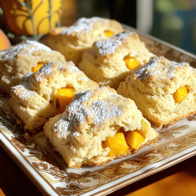 Here’s what you need to make these tasty peach scones: - 2 cups all-purpose flour - 1 tablespoon baking powder - 1/4 teaspoon salt - 1/3 cup granulated sugar - 1/2 cup unsalted butter, cold and cubed - 1/2 cup heavy cream - 1 teaspoon vanilla extract - 1 cup fresh peaches, diced (about 2 medium peaches) - 1 egg, for egg wash (optional) - Extra sugar for sprinkling If you don’t have an ingredient, don’t worry! Here are some swaps: - Flour: You can use whole wheat flour for a heartier scone. - Butter: Coconut oil works great if you need a dairy-free option. - Heavy cream: Substitute with half-and-half or a non-dairy cream. - Peaches: Try using nectarines or apricots for a different flavor. Picking the best peaches is key. Here’s how: - Look for color: Choose peaches that have a deep, golden color. - Feel the firmness: Gently squeeze the peach. It should give a little but not be mushy. - Smell the aroma: Ripe peaches smell sweet and fragrant. - Check for blemishes: Avoid peaches with dark spots or wrinkles. Fresh peaches make these scones shine. For the full recipe, check out the complete guide. First, set your oven to 400°F (200°C). This heats it up for baking. While the oven warms, line a baking sheet with parchment paper. This makes cleanup easy and keeps the scones from sticking. Make sure to use a large enough sheet to hold all your scones. In a big bowl, mix the dry items first. Add 2 cups of all-purpose flour, 1 tablespoon of baking powder, 1/4 teaspoon of salt, and 1/3 cup of granulated sugar. Use a whisk to blend them well. This helps all the ingredients to mix evenly. Next, take 1/2 cup of cold, cubed butter. Add this to the dry mix. Use a pastry cutter or your fingers to combine until it looks like coarse crumbs. In another bowl, pour in 1/2 cup of heavy cream and stir in 1 teaspoon of vanilla extract. This cream mix adds moisture and flavor to the dough. Pour this cream mix into the dry mixture. Stir gently until just combined. Now it's time to add the star of the show—1 cup of diced fresh peaches. Gently fold them in, but be careful not to overmix. This keeps the peaches intact. Transfer the dough to a floured surface. Knead it gently just a few times to bring it all together. Form it into a disc that is about 1 inch thick. Use a knife to cut the disc into wedges, like a pizza. Alternatively, you can use a round cutter for individual scones. Place the cut scones on your prepared baking sheet. If you want a nice golden color, brush the tops with an egg wash. Sprinkle some extra sugar on top for added sweetness. Now, it's time to bake! Place the sheet in the oven and bake for 15-20 minutes. Look for a light golden top. Once done, take them out and let them cool a bit before serving. Enjoy these Easy Peach Scones, perfect for any breakfast table. For the full recipe, refer to the earlier section. To get the best texture in your peach scones, focus on the butter. Use cold butter straight from the fridge. This helps create flaky layers. When mixing, do not overwork the dough. Mix just until combined. Gently fold in the peaches to keep them intact. This method will give you tender scones that melt in your mouth. A few errors can ruin your scones. First, using warm butter can lead to dense scones. Second, don’t skip the egg wash unless you want pale scones. The wash gives a nice shine and color. Also, avoid overmixing the dough. This can make the scones tough instead of light and fluffy. Lastly, always measure your flour correctly. Too much flour will make your scones dry. Timing is key when baking scones. Preheat your oven to 400°F (200°C) before you start mixing. This helps the scones rise properly. Bake them for 15 to 20 minutes. Keep an eye on them; they should be golden brown on top. Let them cool for a few minutes before serving. This brief cooling time allows the flavors to settle. For the complete recipe, check out the Full Recipe section. Enjoy making these delightful peach scones! {{image_2}} You can swap peaches for many fruits. Try using fresh blueberries, strawberries, or raspberries. Each fruit adds a new taste. Blueberries give a burst of sweetness. Strawberries add a nice tang. Raspberries bring a hint of tartness. Just cut the fruit into small pieces before mixing them in. You can make these scones gluten-free easily. Use a gluten-free flour blend instead of all-purpose flour. Look for a blend that has xanthan gum. This helps give the scones a good texture. Keep the other ingredients the same. You will enjoy a tasty treat that fits your needs. Adding nuts or spices can boost flavors. Try folding in chopped walnuts or almonds for crunch. You can also add a dash of cinnamon for warmth. Nutmeg is another great choice for a cozy flavor. Mix these extras into the dough gently for the best results. This makes each scone unique and delicious. For the full recipe, you can check out the detailed steps above. To keep your leftover scones fresh, place them in an airtight container. This helps prevent them from drying out. If you have baked scones, store them at room temperature for up to two days. If you prefer, you can also store them in the fridge. They will stay fresh there for about a week. When you want to enjoy your scones again, reheating them is easy. Preheat your oven to 350°F (175°C). Place the scones on a baking sheet. Heat them for about 5 to 10 minutes. This warms them up and makes them soft again. You can also use a microwave. Heat them for about 15 to 20 seconds. This will warm them quickly but may make them a bit chewy. Freezing scones is a great way to save some for later. First, let them cool completely. Then, wrap each scone in plastic wrap. Place them in a freezer bag or an airtight container. They can stay frozen for up to three months. When you're ready to eat, you can bake them from frozen. Just add a few extra minutes to the baking time. You can find the full recipe to make these tasty scones anytime! Yes, you can use frozen peaches. Just make sure to thaw and drain them first. This helps keep your scones from getting too soggy. I recommend dicing them into small pieces. This way, you get peach flavor in every bite. Remember that frozen peaches may not be as sweet, so you might want to adjust the sugar slightly. Look for a light golden color on top. The edges should be firm, not soft. You can also gently press the center with your finger. If it springs back, the scones are ready. A toothpick can help too. Insert it in the center; if it comes out clean, your scones are done. Serve the warm peach scones on a nice plate. You can sprinkle some powdered sugar on top for a sweet touch. A side of honey or clotted cream pairs nicely. They are great with coffee or tea. For extra flavor, try adding a dollop of peach preserves. Enjoy the warm, peachy goodness! For a full recipe, check the link above. You learned how to make delicious peach scones from fresh ingredients. We explored key substitutions and tips for picking ripe peaches. I gave you step-by-step instructions to prep and bake your scones. You also discovered ways to avoid mistakes and achieve the perfect texture. Consider trying variations with other fruits, too. Store your scones well for later enjoyment. With the right tips, your peach scones will impress everyone. Happy baking!