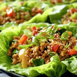 To make spicy chicken lettuce wraps, gather these simple ingredients: - 1 lb ground chicken - 2 tablespoons olive oil - 1/2 cup red bell pepper, diced - 1/2 cup water chestnuts, chopped - 2 green onions, sliced - 2 cloves garlic, minced - 1 tablespoon ginger, minced - 3 tablespoons soy sauce (or tamari for gluten-free) - 1 tablespoon sriracha sauce - 1 tablespoon rice vinegar - 1 teaspoon sesame oil - Salt and pepper to taste - 1 head of iceberg or butter lettuce, leaves separated - Sesame seeds for garnish When measuring your ingredients, use dry measuring cups for solid items like bell peppers and water chestnuts. For liquids, use a clear measuring cup with markings. Remember to level off the top of your dry ingredients for accuracy. A kitchen scale can help for the chicken, ensuring you use the exact amount. This helps keep your recipe consistent and tasty. Each ingredient in the spicy chicken lettuce wraps adds flavor and health benefits. Ground chicken is a lean protein that helps build muscle. Bell peppers provide vitamins A and C, boosting your immune system. Water chestnuts add crunch and fiber, aiding digestion. Garlic and ginger can support heart health and reduce inflammation. Lettuce is low in calories and high in water, perfect for hydration. Together, these ingredients create a balanced meal that is both satisfying and healthy. For the full recipe, check out the entire guide to make this dish at home! To start, gather all your ingredients. You need: - 1 lb ground chicken - 2 tablespoons olive oil - 1/2 cup red bell pepper, diced - 1/2 cup water chestnuts, chopped - 2 green onions, sliced - 2 cloves garlic, minced - 1 tablespoon ginger, minced - 3 tablespoons soy sauce (or tamari for gluten-free) - 1 tablespoon sriracha sauce - 1 tablespoon rice vinegar - 1 teaspoon sesame oil - Salt and pepper to taste - 1 head of iceberg or butter lettuce, leaves separated - Sesame seeds for garnish It helps to chop the bell pepper and water chestnuts before cooking. This will save time later. Mince the garlic and ginger too. Keep everything close by. Heat the olive oil in a large skillet over medium heat. Once hot, add the minced garlic and ginger. Sauté them for about 30 seconds. This will fill your kitchen with a lovely aroma. Next, add the ground chicken. Cook it until it turns brown, about 5-7 minutes. Break it into small pieces while it cooks. This ensures even cooking. After the chicken is browned, toss in the diced red bell pepper and chopped water chestnuts. Cook for another 3-4 minutes. You want the veggies to be tender but still crisp. Now, prepare the sauce. In a small bowl, whisk together the soy sauce, sriracha, rice vinegar, and sesame oil. Pour this mixture over the chicken. Stir well to combine, and season with salt and pepper. Let it cook for another 2-3 minutes. Finally, remove the skillet from heat and stir in the sliced green onions. To serve, take a washed lettuce leaf. Spoon some of the spicy chicken mixture into the leaf. This creates a nice wrap. Garnish with sesame seeds for a bit of crunch. These wraps are fun to eat and look great on a plate. You can serve them as a light dinner or as an appetizer for a party. Enjoy these spicy chicken lettuce wraps with friends or family. For more details, check out the Full Recipe. When making spicy chicken lettuce wraps, avoid overcooking the chicken. This can make it dry. Cook it just until it’s browned and no longer pink. Don't skip the water chestnuts. They add a wonderful crunch that you need. Also, be careful with the sauce. Too much can make it soggy. Use just enough to coat the chicken well. To boost flavor, add fresh herbs like cilantro or basil. These can brighten the dish. You can also try adding a splash of lime juice. It adds a nice zing. For texture, consider mixing in chopped nuts, like cashews or peanuts. They give a great crunch and richness. Garnishing can elevate your wraps. Use sesame seeds for a nice touch. They add a nutty flavor. Thinly sliced jalapeños can add heat. If you want something fresh, top with cucumber slices. You can also serve with lime wedges on the side. This adds a fun twist to your meal. For the full recipe, don't forget to check out the complete instructions. {{image_2}} You can make spicy chicken lettuce wraps vegetarian or vegan. Replace ground chicken with mushrooms or lentils. Use diced tofu for a protein boost. These options bring great texture and flavor. Add soy sauce and spices to keep it tasty. You can still enjoy the crunch and freshness of the lettuce. If you want to try different proteins, consider turkey or beef. Ground turkey is a lean choice. It cooks similarly to chicken, so you won’t miss a beat. For a beef twist, choose lean ground beef. It adds a rich taste that pairs well with the spices. Both options work great in the same recipe. You can change the flavor of your wraps easily. Try using hoisin sauce for a sweet touch. Add lime juice for a zesty kick. Chopped cilantro or mint can give a fresh taste. For a smoky flavor, add a bit of chipotle sauce. Feel free to experiment with spices and sauces. Each change gives you a new dish to enjoy. For the full recipe, check out the details above. To keep your spicy chicken lettuce wraps fresh, store leftovers in the fridge. Place the chicken filling in an airtight container. Keep the lettuce leaves separate. This helps them stay crisp. Use the wraps within three days for the best taste. Label your container with the date. This way, you won't forget when you made them! When it’s time to eat leftovers, reheat the chicken filling. Use a skillet over medium heat. Add a splash of water to keep it moist. Stir until it's warm, about 5 minutes. Avoid reheating in the microwave. The lettuce will wilt and lose its crunch. Serve the warm filling in fresh lettuce leaves. You can freeze the chicken filling for longer storage. Let it cool completely. Then, place it in a freezer-safe container. Make sure to seal it tightly to prevent freezer burn. Use it within two to three months for the best flavor. When ready to eat, thaw it in the fridge overnight. Reheat it before serving in fresh lettuce. This keeps your meal tasty and healthy. Check out the Full Recipe for more cooking tips! If you do not have lettuce, try using cabbage leaves. Cabbage adds a nice crunch. You can also use collard greens or Swiss chard. These greens hold the filling well and taste great. Some people like to use rice paper wraps for a different twist. You can be creative with your wraps! Yes, you can prep the filling ahead of time. Cook the chicken mixture, then store it in the fridge. Just keep the lettuce leaves separate. When you are ready to eat, warm the filling on the stove. Then, spoon it into the lettuce. It's an easy way to enjoy a quick meal! To make it milder, use less sriracha sauce. You can also skip it entirely. For a spicier kick, add more sriracha or some diced jalapeños. If you want a different flavor, try adding chili garlic sauce. Taste as you go, so you get the heat just right for you. For the full recipe, check the link above! This blog post covered every key step for making Spicy Chicken Lettuce Wraps. We discussed the important ingredients and their benefits. You learned easy cooking techniques and tips to enhance your dish. Exploring variations helps tailor the wraps to your taste. Finally, proper storage keeps your leftovers fresh. Enjoy crafting these tasty wraps! Feel free to experiment and make them your own.