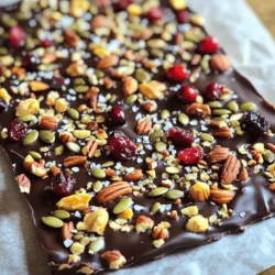 To make Dark Chocolate Sea Salt Bark, you will need these main ingredients: - 8 oz dark chocolate (70% cocoa or higher), chopped - 1 cup mixed nuts (almonds, cashews, and pecans) - 1/2 cup dried fruits (cranberries, cherries, or apricots) - 1/4 cup pumpkin seeds - Sea salt, for sprinkling These ingredients create a lovely balance of flavors. The rich dark chocolate pairs well with the crunch of nuts and the chewiness of dried fruits. Feel free to customize your bark with these optional add-ins: - Coconut flakes - Chia seeds - Orange zest - Mint leaves Adding these can change the flavor and texture. Try different combinations to find your favorite! Each ingredient in this bark brings its own health perks: - Dark chocolate: Rich in antioxidants, it can improve heart health and boost mood. - Mixed nuts: They provide healthy fats, protein, and fiber, which support heart health. - Dried fruits: These are full of vitamins and minerals, adding natural sweetness. - Pumpkin seeds: These are high in magnesium and zinc, good for immune function. - Sea salt: A sprinkle enhances flavor and helps balance your electrolytes. This treat not only tastes great but also has health benefits! Enjoy making your bark with these ingredients. For the full recipe, check out the provided link. To start, chop the dark chocolate into small pieces. This helps it melt quickly and evenly. I like to use a heatproof bowl. Place the bowl over a pot with simmering water. Stir the chocolate as it melts to keep it smooth. If you prefer, you can use a microwave. Heat it in 30-second bursts, stirring after each. Keep going until the chocolate is fully melted and shiny. Next, grab a baking tray that is about 9x13 inches. Line it with parchment paper. Make sure the paper hangs over the edges a bit. This will help you lift the bark out later. Smooth the paper out so it fits snugly in the tray. This step keeps your treat from sticking. Now that your chocolate is melted, pour it onto the lined tray. Use a spatula to spread it out evenly. Once it’s flat, it’s time for the fun part! Sprinkle the mixed nuts, dried fruits, and pumpkin seeds on top. Press them down gently so they stick. Finally, sprinkle a little sea salt over everything. This adds a nice touch of flavor. Now, place the tray in the fridge for 1-2 hours to set. When it’s firm, lift the bark out and break it into pieces. Enjoy your homemade treat! For the full recipe, refer to the detailed instructions above. To get the best texture in your bark, focus on the chocolate. Use dark chocolate with at least 70% cocoa. This gives a rich taste and smooth feel. When melting, keep the heat low. High heat can make the chocolate grainy. Melt it slowly, and stir often. This helps keep it glossy and nice. One big mistake is not using a double boiler. If you use direct heat, the chocolate can burn. Another mistake is adding toppings too late. Sprinkle your nuts and fruits right after spreading the melted chocolate. This way, they stick better. Lastly, don’t skip the sea salt. It balances the sweet and makes each bite pop. Melt chocolate in short bursts. If using a microwave, do 30 seconds at a time. Stir in between to ensure even melting. If you prefer the double boiler, place a bowl over simmering water. Make sure the bowl doesn’t touch the water. This gentle heat works wonders. For the full recipe, check out the instructions above. Enjoy your bark! {{image_2}} You can change the taste of your bark easily. For a spicy twist, add a pinch of cayenne or chili powder. This gives a warm kick that pairs well with dark chocolate. If you want it nut-free, skip the nuts and use seeds instead. Sunflower or chia seeds work great. You can even mix in some coconut flakes for a tropical touch. While I love dark chocolate, you can use other types too. Milk chocolate offers a sweeter taste, which is perfect for kids. White chocolate adds a creamy flavor that blends well with fruits. Just remember, the cocoa content affects the final taste. Choose what suits your palate best! You can also make this bark fit any season. For fall, add pumpkin spice or dried apple pieces. During the holidays, try adding crushed peppermint candies or orange zest. In summer, mix in fresh berries or lemon zest for a bright flavor. These seasonal tweaks keep your bark fun and festive! For the full recipe of Dark Chocolate Sea Salt Bark, check the details above. To keep your Dark Chocolate Sea Salt Bark fresh, store it in an airtight container. This prevents moisture and air from ruining its taste. You can keep it at room temperature for up to a week. If you live in a warm area, the fridge is a better choice. Make sure to separate layers with parchment paper to avoid sticking. You can freeze the bark for longer storage. Cut it into pieces and wrap each piece in plastic wrap. Place them in a freezer bag, removing as much air as possible. This method helps keep the bark fresh. It can last for up to three months in the freezer. To enjoy, thaw it in the fridge for a few hours before serving. Dark Chocolate Sea Salt Bark can stay fresh for a while. At room temperature, it lasts about one week, and in the fridge, it can go for two weeks. Look for white spots, which are signs of fat bloom, indicating aging chocolate. If the bark smells off or has a strange taste, it’s best to throw it away. Enjoy your bark while it’s fresh for the best flavor! I recommend using dark chocolate with at least 70% cocoa. This chocolate gives a rich flavor and a nice balance of sweetness. The higher cocoa content means it has less sugar. This makes the bark taste less sweet and more chocolatey. Yes, you can make this bark vegan. Use dairy-free dark chocolate. Many brands offer vegan options, so check the label. The rest of the ingredients are already plant-based. This makes it easy to enjoy a tasty treat without dairy. You can find quality dark chocolate at local grocery stores. Look for brands that use high-quality cocoa beans. Specialty stores and online retailers also carry great options. Some popular brands include Ghirardelli, Lindt, and Valrhona. These brands ensure you get the best flavor for your bark. To adjust for allergies, swap out any nuts or seeds for safe options. For nut allergies, try using seeds like sunflower seeds. If you have a gluten allergy, check that all ingredients are gluten-free. You can also avoid dried fruits if you have a sugar concern. Always read labels to ensure safety. You now know how to make Dark Chocolate Sea Salt Bark easily. We discussed key ingredients, step-by-step instructions, and helpful tips. You learned variations to keep things fun. Also, we covered storage methods and answered common questions. Enjoy creating your own bark and feel proud of your tasty treat! It's simple to make and full of benefits. Happy snacking!