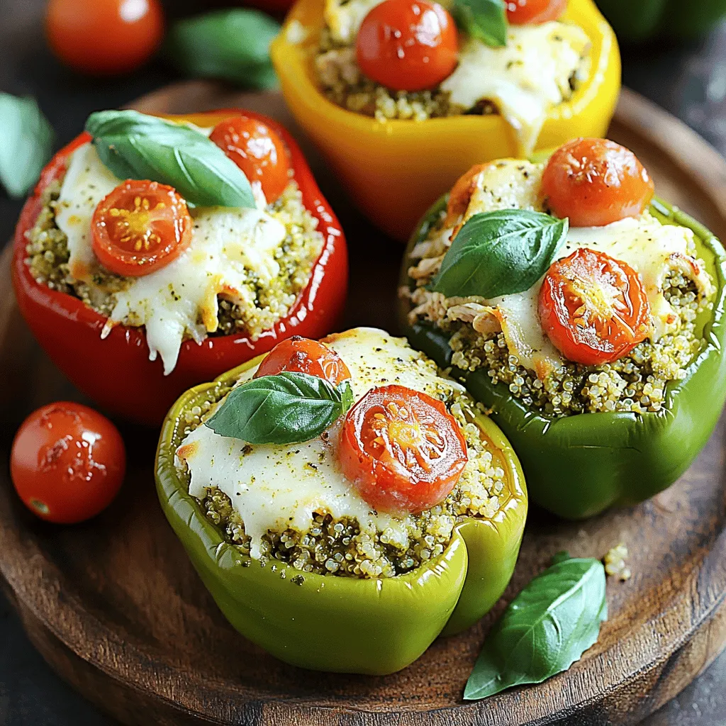 To make pesto chicken stuffed peppers, gather these main ingredients: - 4 large bell peppers (red, yellow, or green) - 2 cups cooked chicken, shredded (rotisserie chicken works great) - 1/2 cup pesto sauce (store-bought or homemade) - 1 cup cooked quinoa (or rice for a different texture) - 1/2 cup cherry tomatoes, halved - 1/2 cup mozzarella cheese, shredded - 1/4 cup grated Parmesan cheese - Salt and pepper to taste - 2 tablespoons olive oil - Fresh basil leaves for garnish These ingredients blend well together. The pesto gives a fresh taste. The chicken adds protein, while the peppers provide crunch. Each bite is a mix of flavors. If you don’t have some items, here are good swaps: - For bell peppers, use zucchini or eggplant. - Swap cooked chicken for ground turkey or tofu for a vegetarian option. - Use store-bought pesto if you lack time to make your own. - Brown rice or couscous can replace quinoa. - Other cheeses like cheddar or feta can give a new taste. These swaps help you make this dish work with what you have on hand. Be creative! Pesto chicken stuffed peppers are not only tasty but also healthy. Here’s a quick look at the nutrition for one serving: - Calories: 350 - Protein: 30g - Carbohydrates: 25g - Fiber: 5g - Fat: 15g These peppers are a great choice for a balanced meal. They provide protein, healthy fats, and fiber. For the full recipe, check the link. Start by preheating your oven to 375°F (190°C). Choose four large bell peppers. You can use red, yellow, or green. Cut the tops off each pepper. Remove the seeds and membranes carefully. Set aside the tops for later, if you like. Drizzle a little olive oil inside each pepper. Lightly season with salt, too. This step adds flavor and helps the peppers cook well. In a big mixing bowl, add two cups of shredded cooked chicken. Rotisserie chicken works great and saves time. Pour in half a cup of pesto sauce. Then, add one cup of cooked quinoa or rice for a nice texture. Toss in half a cup of halved cherry tomatoes. Next, mix in half a cup of shredded mozzarella cheese and a quarter cup of grated Parmesan cheese. Season the mixture with salt and pepper to taste. Stir well until everything is coated in the pesto. This mixture brings all the flavors together. Carefully spoon the pesto chicken mixture into each bell pepper. Pack it in gently so it fits well. Place the stuffed peppers upright in a baking dish. If they tip over, slice a thin layer off the bottom to help them stand. Top each pepper with the rest of the mozzarella cheese. Cover the dish with foil and bake for 25 minutes. After that, remove the foil. Bake for another 10 to 15 minutes. Look for tender peppers and bubbly, golden cheese. Once done, let them cool for a few minutes. Garnish with fresh basil leaves before serving. Enjoy the tasty and colorful meal! For the complete process, check the Full Recipe. To make sure your peppers turn out great, choose fresh ones. Look for firm, bright colors. Cut the tops off carefully and remove all seeds. This helps the peppers cook evenly. Drizzle olive oil inside to add flavor. Season them lightly with salt. This simple step enhances the taste. When serving your pesto chicken stuffed peppers, presentation matters. Place them on a nice platter. Drizzle extra pesto on top for a burst of flavor. Add freshly chopped basil for color. You can slice the peppers in half for easy serving. This also helps guests enjoy every bite. These stuffed peppers pair well with a side salad. A light green salad adds freshness. You might also enjoy some crusty bread. A glass of white wine complements the dish nicely. If you want more heat, serve with a spicy sauce on the side. For the full recipe, check out the details above. {{image_2}} You can easily make this dish vegetarian. Replace the chicken with cooked lentils or chickpeas. Both options add protein and texture. Use the same pesto sauce for flavor. You can also mix in some spinach or kale for extra nutrients. These greens blend well with the other flavors in the dish. If you're not a fan of chicken, consider using turkey or tofu. Shredded turkey works well and has a mild taste. Tofu can be crumbled and mixed with the pesto. Both options keep the meal light yet filling. Just ensure to season your protein choice well to enhance the flavor. Boost the taste of your stuffed peppers with herbs and spices. Try adding garlic powder or Italian seasoning to the chicken mix. A squeeze of lemon juice brightens the flavors, too. You can also top the peppers with a bit of balsamic glaze before serving. This adds a sweet and tangy twist. For those who love a kick, sprinkle some red pepper flakes on top. After cooking your pesto chicken stuffed peppers, let them cool down. Place them in an airtight container. This will keep them fresh for up to three days in the fridge. If you want to keep them longer, consider freezing. Just ensure they are fully cooled before wrapping. To reheat, preheat your oven to 350°F (175°C). Place the stuffed peppers in a baking dish. Cover them with foil to keep them moist. Heat for about 20-25 minutes or until warm. You can also use a microwave. Heat on medium power for about 3-4 minutes, checking often. To freeze, wrap each stuffed pepper in plastic wrap, then place them in a freezer bag. They can last up to three months in the freezer. When ready to eat, thaw them overnight in the fridge. Then, follow the reheating instructions mentioned above. This method keeps your meal prep easy and tasty! For the full recipe, check out the details provided above. Making pesto sauce is simple and fun. Start with fresh basil leaves. Use about 2 cups. Add 1/2 cup of grated Parmesan cheese. Next, add 1/3 cup of pine nuts. You can also use walnuts if you prefer. Then, add 2-3 cloves of garlic for flavor. Blend these ingredients in a food processor. While blending, slowly drizzle in 1/2 cup of olive oil. Season with salt and pepper to taste. This gives you a fresh and tasty sauce. Absolutely! You can get creative with your stuffed peppers. Zucchini, eggplant, or even tomatoes work great. They all have shapes that hold filling well. Just make sure to adjust the cooking time. Softer vegetables may need less time in the oven, while sturdier ones may need more. Experimenting can lead to exciting new flavors. For the best flavor, I recommend using mozzarella cheese. It melts beautifully and adds creaminess. You can also mix in some goat cheese for tanginess. If you want a stronger flavor, use aged cheddar or fontina. Feel free to combine different cheeses for a unique taste. This blog post guides you through making pesto chicken stuffed peppers. We covered ingredients, step-by-step instructions, and helpful tips. You learned about variations, storage, and even some FAQs. Pesto chicken stuffed peppers are easy to make and full of flavor. With a few swaps, you can change the dish to fit your taste. Enjoy trying new ideas and flavors!