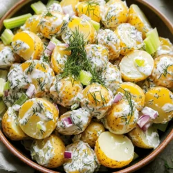 - 2 pounds baby potatoes, halved - 1 cup Greek yogurt - 1/4 cup mayonnaise - 2 tablespoons fresh dill, chopped - 1 tablespoon Dijon mustard - 1 tablespoon apple cider vinegar - 1/2 teaspoon garlic powder - 1/2 teaspoon onion powder - Salt and pepper to taste - 1/4 cup red onion, finely diced - 1/2 cup celery, diced - 1/4 cup sweet pickles, chopped (optional) Choosing the right ingredients makes a big difference. Always use fresh, firm baby potatoes. They add texture and taste. Look for Greek yogurt with no added sugar. It gives a creamy base without extra calories. Fresh dill should smell strong and fragrant. Avoid wilted herbs for the best flavor. If you want a lighter salad, swap the mayonnaise for extra Greek yogurt. You can also replace the sweet pickles with diced cucumbers for a fresh crunch. For a lower-carb option, use cauliflower instead of potatoes. This keeps the dish light but still flavorful. For those needing to avoid dairy, try using a plant-based yogurt. Start by taking your baby potatoes and cutting them in half. Place them in a large pot. Cover the potatoes with cold water and add a pinch of salt. Bring the pot to a boil over medium-high heat. Once boiling, lower the heat to medium. Let the potatoes simmer for about 12 to 15 minutes. You want them fork-tender but not mushy. When done, drain the potatoes and let them cool. In a big mixing bowl, gather your dressing ingredients. Combine 1 cup of Greek yogurt and 1/4 cup of mayonnaise. Add 2 tablespoons of chopped fresh dill, 1 tablespoon of Dijon mustard, and 1 tablespoon of apple cider vinegar. Next, sprinkle in 1/2 teaspoon of garlic powder and 1/2 teaspoon of onion powder. Finally, add a pinch of salt and pepper. Whisk everything together until the dressing is smooth and creamy. Once the potatoes have cooled, it’s time to mix! Add the cooled potatoes to the bowl with the dressing. Also, add in 1/4 cup of finely diced red onion, 1/2 cup of diced celery, and 1/4 cup of chopped sweet pickles, if you like. Gently fold the potatoes into the dressing. Be careful not to mash the potatoes; you want them to stay whole. Taste your mixture and adjust the seasoning with more salt and pepper if needed. Cover the bowl with plastic wrap and refrigerate for at least 1 hour. This waiting time helps blend the flavors. For a full recipe, you can refer to the section above. Start with fresh, small potatoes for the best taste. Baby potatoes cook evenly and stay firm. Rinse them well to remove dirt. Halve them for quicker cooking. Use cold water in your pot; this helps cook them evenly. Add salt to the water to enhance the flavor. Boil them until fork-tender, around 12-15 minutes. Don't overcook, or they will turn mushy. Drain them and let them cool before mixing. For a zesty kick, add a splash of lemon juice. You can also mix in chopped fresh herbs like parsley or chives. If you want a bit of crunch, diced bell peppers work well. Sweet pickles add a nice twist too. For a creamier taste, increase the Greek yogurt slightly. Taste as you go! Adjust the seasonings to match your preference. Serve your creamy dill potato salad in a big, shallow bowl. This allows everyone to see its vibrant colors. Sprinkle extra fresh dill on top for a pop of green. You can also add slices of hard-boiled eggs for a fancy touch. For fun, use colorful bowls or plates to make it eye-catching. The prettier your dish, the more inviting it becomes! {{image_2}} You can change the flavor of your creamy dill potato salad by using different herbs. Fresh parsley adds a nice touch. Chives offer a mild onion flavor. If you love a bit of spice, try adding fresh basil or tarragon. These herbs can brighten the dish and make it unique. Don't be afraid to mix and match herbs for a personal twist! Swap out ingredients for fun new flavors. Instead of Greek yogurt, you can use sour cream or a dairy-free yogurt. For a zesty kick, replace the apple cider vinegar with lemon juice. You can even add roasted red peppers for a sweet taste. Each swap can change the dish and keep it fresh! Make your creamy dill potato salad seasonal. In spring, add peas or asparagus for crunch and color. In summer, diced tomatoes or cucumbers can make it refreshing. In fall, try adding roasted sweet potatoes for a warm flavor. Each season brings new ingredients that can make your salad special and tasty. For the full recipe, check out the Creamy Dill Potato Salad recipe above. To store your creamy dill potato salad, place it in an airtight container. Make sure to seal it well to keep out air. You can keep it in the fridge for up to four days. If you plan to eat it later, avoid adding extra toppings until you serve it. This keeps the salad fresh and tasty. Freezing creamy dill potato salad is not the best choice. The texture of potatoes may change when frozen. If you still want to freeze it, place the salad in a freezer-safe container. Use it within one month for the best flavor. When ready to eat, thaw it in the fridge overnight. Stir it well before serving to mix the ingredients again. Creamy dill potato salad stays fresh for about four days in the fridge. Always check for signs of spoilage before eating. Look for changes in smell or texture. If you see any mold, discard it right away. Enjoy this dish when it’s fresh for the best taste! For the full recipe, check out the details above. To make creamy dill potato salad vegan, swap Greek yogurt and mayonnaise for plant-based options. Use vegan yogurt and vegan mayo to keep the creamy texture. The rest of the recipe remains the same. This way, you still get the tasty flavors without using dairy. Yes, you can use other types of potatoes. While baby potatoes work well, you may try Yukon Gold or red potatoes. Just cut them into even pieces so they cook the same way. Each potato type adds a unique flavor and texture. Experiment to find your favorite! Creamy dill potato salad pairs well with many dishes. It goes great with grilled chicken, burgers, or fish. You can also serve it alongside fresh vegetables or with a light sandwich. This salad adds a nice touch to any summer meal. Check out the Full Recipe to see how to make it shine on your table! This blog post showed you how to make a delicious creamy dill potato salad. We covered the best ingredients and how to ensure their quality. I shared tips on preparing and combining everything for the best taste. Different variations let you get creative, and I also provided clear storage info to keep your salad fresh. In the end, cooking is fun and we all can try new things. Enjoy making this potato salad and don’t be afraid to change it up!