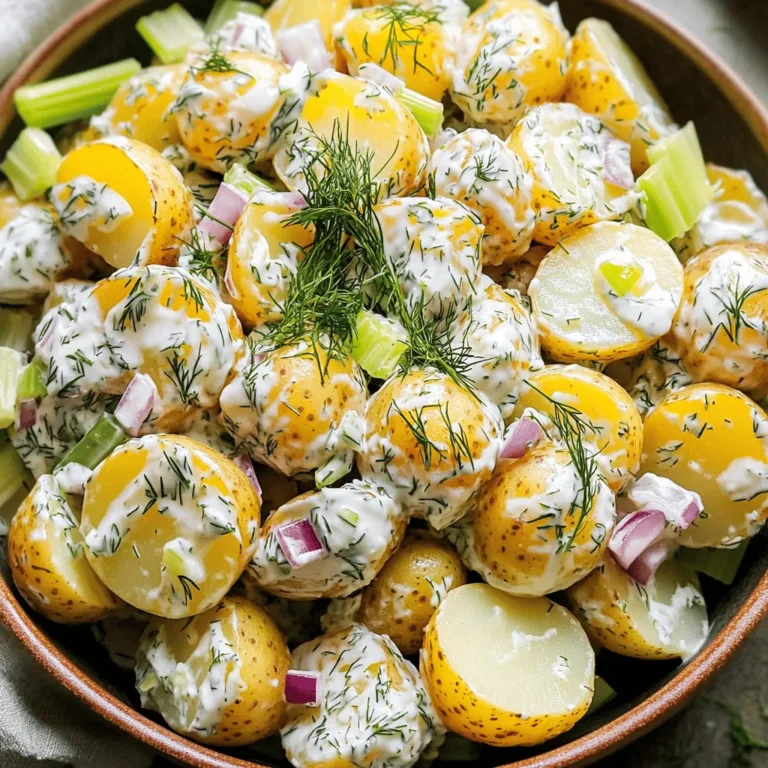- 2 pounds baby potatoes, halved - 1 cup Greek yogurt - 1/4 cup mayonnaise - 2 tablespoons fresh dill, chopped - 1 tablespoon Dijon mustard - 1 tablespoon apple cider vinegar - 1/2 teaspoon garlic powder - 1/2 teaspoon onion powder - Salt and pepper to taste - 1/4 cup red onion, finely diced - 1/2 cup celery, diced - 1/4 cup sweet pickles, chopped (optional) Choosing the right ingredients makes a big difference. Always use fresh, firm baby potatoes. They add texture and taste. Look for Greek yogurt with no added sugar. It gives a creamy base without extra calories. Fresh dill should smell strong and fragrant. Avoid wilted herbs for the best flavor. If you want a lighter salad, swap the mayonnaise for extra Greek yogurt. You can also replace the sweet pickles with diced cucumbers for a fresh crunch. For a lower-carb option, use cauliflower instead of potatoes. This keeps the dish light but still flavorful. For those needing to avoid dairy, try using a plant-based yogurt. Start by taking your baby potatoes and cutting them in half. Place them in a large pot. Cover the potatoes with cold water and add a pinch of salt. Bring the pot to a boil over medium-high heat. Once boiling, lower the heat to medium. Let the potatoes simmer for about 12 to 15 minutes. You want them fork-tender but not mushy. When done, drain the potatoes and let them cool. In a big mixing bowl, gather your dressing ingredients. Combine 1 cup of Greek yogurt and 1/4 cup of mayonnaise. Add 2 tablespoons of chopped fresh dill, 1 tablespoon of Dijon mustard, and 1 tablespoon of apple cider vinegar. Next, sprinkle in 1/2 teaspoon of garlic powder and 1/2 teaspoon of onion powder. Finally, add a pinch of salt and pepper. Whisk everything together until the dressing is smooth and creamy. Once the potatoes have cooled, it’s time to mix! Add the cooled potatoes to the bowl with the dressing. Also, add in 1/4 cup of finely diced red onion, 1/2 cup of diced celery, and 1/4 cup of chopped sweet pickles, if you like. Gently fold the potatoes into the dressing. Be careful not to mash the potatoes; you want them to stay whole. Taste your mixture and adjust the seasoning with more salt and pepper if needed. Cover the bowl with plastic wrap and refrigerate for at least 1 hour. This waiting time helps blend the flavors. For a full recipe, you can refer to the section above. Start with fresh, small potatoes for the best taste. Baby potatoes cook evenly and stay firm. Rinse them well to remove dirt. Halve them for quicker cooking. Use cold water in your pot; this helps cook them evenly. Add salt to the water to enhance the flavor. Boil them until fork-tender, around 12-15 minutes. Don't overcook, or they will turn mushy. Drain them and let them cool before mixing. For a zesty kick, add a splash of lemon juice. You can also mix in chopped fresh herbs like parsley or chives. If you want a bit of crunch, diced bell peppers work well. Sweet pickles add a nice twist too. For a creamier taste, increase the Greek yogurt slightly. Taste as you go! Adjust the seasonings to match your preference. Serve your creamy dill potato salad in a big, shallow bowl. This allows everyone to see its vibrant colors. Sprinkle extra fresh dill on top for a pop of green. You can also add slices of hard-boiled eggs for a fancy touch. For fun, use colorful bowls or plates to make it eye-catching. The prettier your dish, the more inviting it becomes! {{image_2}} You can change the flavor of your creamy dill potato salad by using different herbs. Fresh parsley adds a nice touch. Chives offer a mild onion flavor. If you love a bit of spice, try adding fresh basil or tarragon. These herbs can brighten the dish and make it unique. Don't be afraid to mix and match herbs for a personal twist! Swap out ingredients for fun new flavors. Instead of Greek yogurt, you can use sour cream or a dairy-free yogurt. For a zesty kick, replace the apple cider vinegar with lemon juice. You can even add roasted red peppers for a sweet taste. Each swap can change the dish and keep it fresh! Make your creamy dill potato salad seasonal. In spring, add peas or asparagus for crunch and color. In summer, diced tomatoes or cucumbers can make it refreshing. In fall, try adding roasted sweet potatoes for a warm flavor. Each season brings new ingredients that can make your salad special and tasty. For the full recipe, check out the Creamy Dill Potato Salad recipe above. To store your creamy dill potato salad, place it in an airtight container. Make sure to seal it well to keep out air. You can keep it in the fridge for up to four days. If you plan to eat it later, avoid adding extra toppings until you serve it. This keeps the salad fresh and tasty. Freezing creamy dill potato salad is not the best choice. The texture of potatoes may change when frozen. If you still want to freeze it, place the salad in a freezer-safe container. Use it within one month for the best flavor. When ready to eat, thaw it in the fridge overnight. Stir it well before serving to mix the ingredients again. Creamy dill potato salad stays fresh for about four days in the fridge. Always check for signs of spoilage before eating. Look for changes in smell or texture. If you see any mold, discard it right away. Enjoy this dish when it’s fresh for the best taste! For the full recipe, check out the details above. To make creamy dill potato salad vegan, swap Greek yogurt and mayonnaise for plant-based options. Use vegan yogurt and vegan mayo to keep the creamy texture. The rest of the recipe remains the same. This way, you still get the tasty flavors without using dairy. Yes, you can use other types of potatoes. While baby potatoes work well, you may try Yukon Gold or red potatoes. Just cut them into even pieces so they cook the same way. Each potato type adds a unique flavor and texture. Experiment to find your favorite! Creamy dill potato salad pairs well with many dishes. It goes great with grilled chicken, burgers, or fish. You can also serve it alongside fresh vegetables or with a light sandwich. This salad adds a nice touch to any summer meal. Check out the Full Recipe to see how to make it shine on your table! This blog post showed you how to make a delicious creamy dill potato salad. We covered the best ingredients and how to ensure their quality. I shared tips on preparing and combining everything for the best taste. Different variations let you get creative, and I also provided clear storage info to keep your salad fresh. In the end, cooking is fun and we all can try new things. Enjoy making this potato salad and don’t be afraid to change it up!