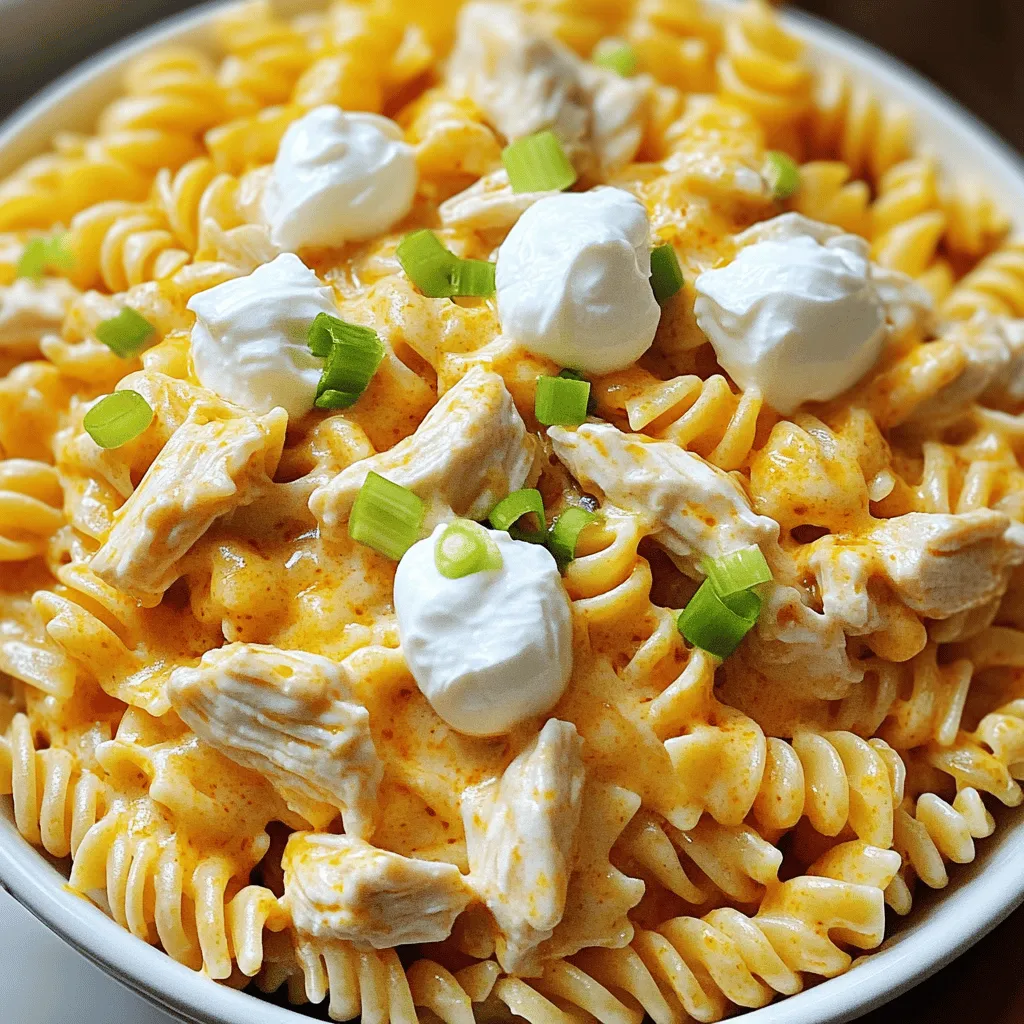 To make Creamy Buffalo Chicken Pasta, gather these key items: - 2 cups rotini pasta - 1 lb boneless, skinless chicken breasts, diced - 2 tablespoons olive oil - 1 cup buffalo sauce (mild or hot) - 1 cup heavy cream - 1 cup shredded cheddar cheese - 1/2 cup cream cheese, softened - 1 teaspoon garlic powder - 1 teaspoon onion powder - Salt and pepper to taste - Chopped green onions for garnish These ingredients work together to create a rich and spicy dish. The buffalo sauce gives it a kick. The cream and cheeses make it smooth and creamy. If you want to mix things up, try these additions: - Cooked bacon for extra crunch - Spinach or broccoli for veggies - Different cheese like mozzarella or blue cheese - A squeeze of lime for a zesty touch These options let you customize the dish to your taste. You will need some simple tools to make this dish: - A large pot for boiling pasta - A large skillet for cooking chicken and sauce - A wooden spoon for stirring - A measuring cup for liquids - A knife and cutting board for prepping chicken Using the right equipment makes cooking easier and more fun. Start by boiling a large pot of salted water. Add the rotini pasta and cook it until it is al dente, about 8-10 minutes. Stir occasionally to prevent sticking. Once cooked, drain the pasta and set it aside. This step makes sure the pasta is just right, not too soft. In a large skillet, heat 2 tablespoons of olive oil over medium heat. Add 1 pound of diced, boneless, skinless chicken breasts. Season the chicken with 1 teaspoon of garlic powder, 1 teaspoon of onion powder, salt, and pepper. Cook for about 6-8 minutes, stirring often. Ensure the chicken is fully cooked and no longer pink. This gives the chicken great flavor. Once the chicken is cooked, pour 1 cup of buffalo sauce over it. Stir well to coat the chicken. Let it simmer for 2-3 minutes, allowing the chicken to soak up the spicy goodness. Now, lower the heat and add 1 cup of heavy cream, 1/2 cup of softened cream cheese, and 1 cup of shredded cheddar cheese. Keep stirring until the cheese melts and the sauce is creamy and smooth. This sauce brings the whole dish together. Now, add the drained rotini pasta to the skillet with the sauce. Toss everything together gently until the pasta is well coated in the creamy buffalo sauce. Make sure every piece of pasta gets that rich flavor. This is where the magic happens! Serve the creamy buffalo chicken pasta warm. Top it with chopped green onions for a fresh crunch and a splash of color. You can also pair it with a crisp salad or some garlic bread. Enjoy every savory bite! You can boost the taste of your creamy buffalo chicken pasta easily. Try adding a splash of lemon juice. This will brighten the dish. Adding fresh herbs like parsley or cilantro makes it pop. For a kick, mix in some extra buffalo sauce. You can also use smoked paprika for a smoky flavor. To get juicy chicken, start with diced breasts. First, heat your olive oil over medium heat. Then, season the chicken well with salt and pepper. Cook it until golden brown, about 6-8 minutes. Make sure it’s cooked through without drying it out. If you want more flavor, marinate the chicken in buffalo sauce before cooking. This adds depth and makes it more tasty. Avoid cooking the chicken on high heat. It can burn the outside while leaving the inside raw. Also, don’t skip the cream cheese. It helps make the sauce rich and creamy. Lastly, don't forget to drain your pasta well. Excess water can make the sauce thin. Following these tips will help you create a perfect dish every time. {{image_2}} To spice up your creamy buffalo chicken pasta, use a hotter buffalo sauce. You can also add sliced jalapeños. This brings heat and flavor to the dish. You may want to use pepper jack cheese instead of cheddar. It melts well and adds a nice kick. Another idea is to sprinkle in crushed red pepper flakes. This gives each bite an extra zing. If you want a vegetarian option, try using plant-based chicken or tofu. Cook the tofu in the same way as chicken. Use the same spices to keep the flavor strong. For the sauce, you can replace the heavy cream with a plant-based cream. Nutritional yeast can add a cheesy flavor. This keeps the dish rich and tasty without meat. For a gluten-free version, swap the rotini pasta with gluten-free pasta. Many brands offer great alternatives. Ensure the buffalo sauce is gluten-free as well. This is key since some sauces may contain gluten. You can also try zucchini noodles or spaghetti squash. These choices keep your dish low in carbs while still being delicious. Store your creamy buffalo chicken pasta in an airtight container. This helps keep it fresh. Let the pasta cool before sealing. It can stay in the fridge for up to three days. Make sure to label your container with the date. When you are ready to eat leftovers, reheat gently. You can use a microwave or a stovetop. If using the microwave, heat in short bursts. Stir often to avoid hot spots. On the stovetop, add a splash of water or cream. This keeps the sauce creamy and prevents sticking. You can freeze creamy buffalo chicken pasta if you want to save some for later. Place it in a freezer-safe container. Leave some space at the top for expansion. It will last for about three months in the freezer. When ready to eat, thaw it overnight in the fridge before reheating. You can use milk mixed with cornstarch. This mix will create a creamy texture. You can also try half-and-half for a lighter option. For dairy-free, use coconut cream or cashew cream. Each substitute changes the flavor a bit, but they all work. Yes, you can use any pasta you like. Penne, fusilli, or spaghetti are great choices. Just be sure to cook it according to the package instructions. Different shapes hold the sauce in unique ways, which can add to your dish. To reduce the heat, use mild buffalo sauce. You can also mix in a little cream or milk to cool down the spice. Adding more cheese can help balance the heat too. If you want, leave out the buffalo sauce for a creamy chicken pasta instead. You can prepare the chicken and sauce ahead. Just store them in the fridge. When ready to eat, cook the pasta and mix everything together. This dish is best enjoyed fresh, but reheating works too. We explored the key ingredients and step-by-step process for making creamy Buffalo chicken pasta. Remember to mix up flavors with various ingredients and cooking tips. You can also try spicy, vegetarian, or gluten-free versions to suit your taste. For leftovers, proper storage and reheating keep your dish fresh. These insights help you enjoy a delicious, satisfying meal anytime. Now, it’s time to gather your ingredients and start cooking! Enjoy your delicious creation.