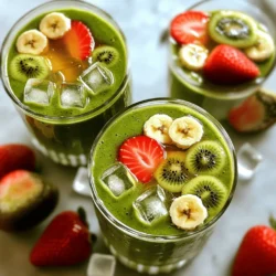 - 1 cup fresh spinach leaves - 1 ripe banana - 1 cup strawberries, hulled and halved - 2 kiwis, peeled and sliced Fresh produce makes this smoothie good for you and tasty. Spinach gives it a bright green color and a boost of vitamins. The ripe banana adds creaminess and natural sweetness. Strawberries and kiwis bring a tangy flavor that wakes up your taste buds. - 1 cup almond milk (or any milk of choice) Almond milk is my go-to for this smoothie. It keeps the drink light and adds a nutty flavor. You can also use soy or oat milk if you prefer. Each milk brings its own taste and nutrition. - 1 tablespoon honey or maple syrup - Ice cubes Sweeten your smoothie with honey or maple syrup. This is great if your fruits are not sweet enough. Ice cubes can chill your drink and make it refreshing. If you want a colder smoothie, add a handful of ice before blending. First, you need to get your fruits ready. Start by hulling and slicing the strawberries. This means removing the green tops and cutting them in half. Next, peel the kiwis and slice them into small rounds. This prep makes blending easier. Now it's time to blend! Begin by adding the fresh spinach leaves and almond milk to your blender. Blend until it looks smooth. This creates a green base. Then, toss in the ripe banana, strawberries, and kiwis. If you like it sweet, add honey or maple syrup. Blend everything together until it's creamy and well mixed. If you want your smoothie colder, add some ice cubes and blend again. This will give it a nice chill. After blending, taste your smoothie. If it needs more sweetness, add a bit more honey or syrup. Blend for a few more seconds to mix everything well. Now, it’s ready to pour into glasses! To make the best smoothie, start with ripe strawberries and kiwis. Ripe strawberries have a bright red color and sweet smell. Look for firm, plump fruit without blemishes. For kiwis, choose ones that yield slightly when you press them. This means they are juicy and sweet. When it comes to spinach, fresh is best. Fresh spinach should be bright green and crisp. If you use frozen spinach, thaw it first and drain excess water. This way, your smoothie stays thick and tasty. Creaminess is key in a great smoothie. To achieve this, use a ripe banana. Bananas add natural sweetness and smoothness. Blend the spinach and almond milk first to create a smooth base. Then, add the fruits. This order helps everything mix well. If your smoothie feels too thick, add a splash of almond milk. Blend again to make it smoother. If you like a colder drink, toss in some ice cubes while blending. This will chill your smoothie without watering it down. Presentation matters! Pour your smoothie into tall glasses for a nice look. You can add a slice of kiwi or a strawberry on the rim for a fun touch. Pair your smoothie with a light snack. Whole grain toast or a handful of nuts work well. These snacks keep you full and add extra nutrition to your meal. {{image_2}} You can change the fruit in your smoothie to create new flavors. Try using other berries, like blueberries or raspberries. These berries add sweetness and color to your drink. If you want to mix it up, try mango or pineapple. These fruits give a tropical twist that brightens your smoothie. If you want a different base, use coconut milk or oat milk instead of almond milk. Each milk gives its own taste and texture. For sweetening, you can swap honey or maple syrup with agave nectar or stevia. These options help to customize your smoothie’s flavor without losing health benefits. To make your smoothie even healthier, add protein powder. This helps you feel full longer and supports muscle health. You can also include other greens like kale or Swiss chard. These greens boost vitamins and minerals, making your drink even better for you. To store leftover smoothie, pour it into an airtight container. Seal it tightly and put it in the fridge. Drink it within 24 hours for the best taste. If you want to keep your ingredients fresh, store spinach in a damp paper towel inside a plastic bag. This helps keep it crisp. Store strawberries in the fridge in their original container. Keep kiwis at room temperature until they ripen, then refrigerate. You can freeze mixed fruits for later use. Just wash, peel, and cut them into small pieces. Place the fruit in a single layer on a baking sheet and freeze for about two hours. After that, transfer them to a freezer bag. For smoothie packs, combine your fruits and spinach in bags. When you're ready, just grab a bag, add almond milk, and blend. To safely thaw your smoothie, place it in the fridge overnight. You can also use the microwave on low heat for a few seconds. After thawing, re-blend the smoothie for freshness. This helps mix everything smoothly again, so you enjoy the best taste. You can use other leafy greens if you want. Some great options are: - Kale - Swiss chard - Collard greens - Arugula These greens will also give your smoothie a nice flavor and boost its nutrition. Yes, you can prep this smoothie ahead of time. Store it in a sealed container. It stays fresh in the fridge for up to 24 hours. If you want to keep it longer, freeze it. Just blend it again when you are ready to drink. This smoothie is great for meal prep! Here are some tips: - Prepare the fruits and greens in advance. - Store them in freezer bags for easy use. - Blend the smoothie when you're ready to drink. This way, you have a quick and tasty snack ready to go! This blog post covered how to create a delicious smoothie. You learned about fresh produce, dairy options, and tasty add-ins. I shared simple steps for prep and blending, plus tips for perfecting texture. You’ve seen ways to change up ingredients and boost nutrition. Finally, we discussed smart storage practices. Smoothies are fun, healthy, and easy to make. Enjoy experimenting with flavors and ingredients. Now, go blend something tasty!