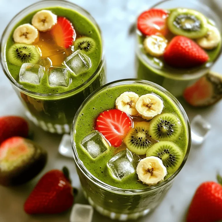 - 1 cup fresh spinach leaves - 1 ripe banana - 1 cup strawberries, hulled and halved - 2 kiwis, peeled and sliced Fresh produce makes this smoothie good for you and tasty. Spinach gives it a bright green color and a boost of vitamins. The ripe banana adds creaminess and natural sweetness. Strawberries and kiwis bring a tangy flavor that wakes up your taste buds. - 1 cup almond milk (or any milk of choice) Almond milk is my go-to for this smoothie. It keeps the drink light and adds a nutty flavor. You can also use soy or oat milk if you prefer. Each milk brings its own taste and nutrition. - 1 tablespoon honey or maple syrup - Ice cubes Sweeten your smoothie with honey or maple syrup. This is great if your fruits are not sweet enough. Ice cubes can chill your drink and make it refreshing. If you want a colder smoothie, add a handful of ice before blending. First, you need to get your fruits ready. Start by hulling and slicing the strawberries. This means removing the green tops and cutting them in half. Next, peel the kiwis and slice them into small rounds. This prep makes blending easier. Now it's time to blend! Begin by adding the fresh spinach leaves and almond milk to your blender. Blend until it looks smooth. This creates a green base. Then, toss in the ripe banana, strawberries, and kiwis. If you like it sweet, add honey or maple syrup. Blend everything together until it's creamy and well mixed. If you want your smoothie colder, add some ice cubes and blend again. This will give it a nice chill. After blending, taste your smoothie. If it needs more sweetness, add a bit more honey or syrup. Blend for a few more seconds to mix everything well. Now, it’s ready to pour into glasses! To make the best smoothie, start with ripe strawberries and kiwis. Ripe strawberries have a bright red color and sweet smell. Look for firm, plump fruit without blemishes. For kiwis, choose ones that yield slightly when you press them. This means they are juicy and sweet. When it comes to spinach, fresh is best. Fresh spinach should be bright green and crisp. If you use frozen spinach, thaw it first and drain excess water. This way, your smoothie stays thick and tasty. Creaminess is key in a great smoothie. To achieve this, use a ripe banana. Bananas add natural sweetness and smoothness. Blend the spinach and almond milk first to create a smooth base. Then, add the fruits. This order helps everything mix well. If your smoothie feels too thick, add a splash of almond milk. Blend again to make it smoother. If you like a colder drink, toss in some ice cubes while blending. This will chill your smoothie without watering it down. Presentation matters! Pour your smoothie into tall glasses for a nice look. You can add a slice of kiwi or a strawberry on the rim for a fun touch. Pair your smoothie with a light snack. Whole grain toast or a handful of nuts work well. These snacks keep you full and add extra nutrition to your meal. {{image_2}} You can change the fruit in your smoothie to create new flavors. Try using other berries, like blueberries or raspberries. These berries add sweetness and color to your drink. If you want to mix it up, try mango or pineapple. These fruits give a tropical twist that brightens your smoothie. If you want a different base, use coconut milk or oat milk instead of almond milk. Each milk gives its own taste and texture. For sweetening, you can swap honey or maple syrup with agave nectar or stevia. These options help to customize your smoothie’s flavor without losing health benefits. To make your smoothie even healthier, add protein powder. This helps you feel full longer and supports muscle health. You can also include other greens like kale or Swiss chard. These greens boost vitamins and minerals, making your drink even better for you. To store leftover smoothie, pour it into an airtight container. Seal it tightly and put it in the fridge. Drink it within 24 hours for the best taste. If you want to keep your ingredients fresh, store spinach in a damp paper towel inside a plastic bag. This helps keep it crisp. Store strawberries in the fridge in their original container. Keep kiwis at room temperature until they ripen, then refrigerate. You can freeze mixed fruits for later use. Just wash, peel, and cut them into small pieces. Place the fruit in a single layer on a baking sheet and freeze for about two hours. After that, transfer them to a freezer bag. For smoothie packs, combine your fruits and spinach in bags. When you're ready, just grab a bag, add almond milk, and blend. To safely thaw your smoothie, place it in the fridge overnight. You can also use the microwave on low heat for a few seconds. After thawing, re-blend the smoothie for freshness. This helps mix everything smoothly again, so you enjoy the best taste. You can use other leafy greens if you want. Some great options are: - Kale - Swiss chard - Collard greens - Arugula These greens will also give your smoothie a nice flavor and boost its nutrition. Yes, you can prep this smoothie ahead of time. Store it in a sealed container. It stays fresh in the fridge for up to 24 hours. If you want to keep it longer, freeze it. Just blend it again when you are ready to drink. This smoothie is great for meal prep! Here are some tips: - Prepare the fruits and greens in advance. - Store them in freezer bags for easy use. - Blend the smoothie when you're ready to drink. This way, you have a quick and tasty snack ready to go! This blog post covered how to create a delicious smoothie. You learned about fresh produce, dairy options, and tasty add-ins. I shared simple steps for prep and blending, plus tips for perfecting texture. You’ve seen ways to change up ingredients and boost nutrition. Finally, we discussed smart storage practices. Smoothies are fun, healthy, and easy to make. Enjoy experimenting with flavors and ingredients. Now, go blend something tasty!