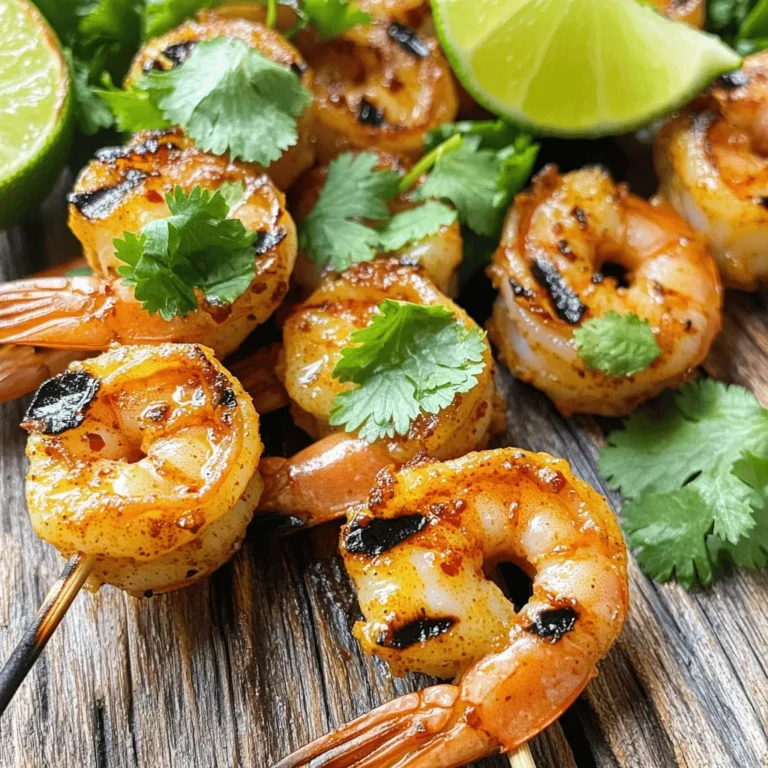 - 1 lb large shrimp, peeled and deveined - 2 tablespoons olive oil - 1 tablespoon chili powder - 1 teaspoon smoked paprika - 1 teaspoon garlic powder - 1 teaspoon cumin - Juice of 2 limes - Zest of 1 lime - Salt and pepper to taste - Fresh cilantro, chopped (for garnish) - Lime wedges (for serving) To make Chili Lime Grilled Shrimp, you need fresh and flavorful ingredients. Start with one pound of large shrimp. Peel and devein them first. This step is key for easy eating. Next, gather your spices. The blend of chili powder, smoked paprika, garlic powder, and cumin gives the shrimp a zesty kick. The olive oil helps everything mix well and keeps the shrimp moist. Don't forget the lime! You will need juice from two limes and the zest of one. The lime adds a bright flavor that balances the spices. Finally, ensure you have salt and pepper for taste. Fresh cilantro makes a great garnish, and lime wedges are perfect for serving. With these ingredients, you are ready to create a dish that is both simple and full of flavor. To make the marinade, start by mixing olive oil, chili powder, smoked paprika, garlic powder, cumin, lime juice, and lime zest in a large bowl. Add salt and pepper to taste. Whisk everything until it is well blended. This marinade brings the bright flavors of chili and lime to the shrimp. Marinating is key. You can let the shrimp soak in the marinade for at least 30 minutes, or up to 2 hours. The longer they marinate, the more flavor they will absorb. Just remember, don’t go past two hours. Next, preheat your grill or grill pan to medium-high heat. This temperature gives the shrimp a nice char without burning them. If you use wooden skewers, soak them in water for 30 minutes. This step keeps them from catching fire while grilling. Now it's time to grill! Thread the shrimp onto the skewers. Grill them for 2 to 3 minutes on each side. Look for that perfect pink color, and they should be opaque. This means they are done. Overcooking can make shrimp tough, so watch them closely. Once cooked, take them off the grill and let them rest for a moment. This helps keep them juicy. You can now garnish with fresh cilantro and serve with lime wedges on the side. Enjoy the burst of flavor! To make your chili lime grilled shrimp even better, try adding these spices: - Cayenne pepper for a kick. - Dried oregano for an earthy taste. - Fresh herbs like parsley or basil for brightness. If you want a stronger flavor, marinate your shrimp longer. You can let them soak for up to 2 hours. This will help the flavors really sink in. If you’re short on time, even 30 minutes will add some flavor. Don’t worry if you don’t have a grill. You can use your oven or broiler instead. Set your oven to broil and place the shrimp on a baking sheet. Cook them for 2-3 minutes on each side. For even cooking on the grill, make sure your grill is hot. Preheat it to medium-high. When you place the shrimp on the grill, leave some space between them. This helps them cook evenly. Chili lime grilled shrimp pairs well with many side dishes. Here are some ideas: - Rice or quinoa for a filling meal. - Grilled vegetables for a healthy twist. - A fresh salad for a light option. Get creative with your serving ideas. You can make shrimp tacos with tortillas and toppings. Or toss the shrimp in a salad for a zesty kick. Enjoy your meal! {{image_2}} You can change the spice level of your chili lime grilled shrimp easily. For milder shrimp, cut back on the chili powder. You can also add a touch of honey to balance the heat. If you like it spicy, try adding fresh chili or a splash of hot sauce. Jalapeños or serranos work well for this. Adjust to your taste and enjoy the kick! If you want to switch things up, try different proteins. Chicken, fish, or even tofu can work great with the same marinade. For chicken, cut it into bite-sized pieces and marinate like the shrimp. For fish, use firm types like salmon or mahi-mahi. Tofu is a fun, vegetarian option. Just press it to remove water and marinate for flavor. You don’t have to stick to just lime! Try adding different citrus fruits like orange or grapefruit for a unique twist. Fresh herbs like parsley or basil can brighten the dish too. If you like sweet flavors, mix in some honey or brown sugar for a caramelized touch. These variations keep the dish fresh and exciting every time. To keep your grilled shrimp fresh, cool them first. Place them on a plate to let them cool down. Once they reach room temperature, transfer them to a storage container. Use a container with a tight lid to prevent air from getting in. Store the shrimp in the fridge for up to three days. They taste best when eaten fresh but can last for a short time. To reheat grilled shrimp, the best method is to use a skillet. Heat the skillet on medium-low. Place the shrimp in the skillet and cover it with a lid. Heat for about two to three minutes until warm. This method helps keep the shrimp tender. Avoid using the microwave, as it may make the shrimp tough or rubbery. If you want to keep grilled shrimp longer, freezing is a great option. Place the cooled shrimp in a single layer on a baking sheet. Freeze them for about an hour until firm. After that, transfer them to a freezer bag or container. Remove as much air as possible before sealing. To thaw, place the shrimp in the fridge overnight. This helps maintain the best texture when you’re ready to enjoy them again. You can tell shrimp are done when they turn pink and opaque. Look for a slight curl in the shrimp. If they are firm to touch, they are ready. Overcooking shrimps makes them tough. So, keep an eye on the clock. Aim for 2-3 minutes on each side. Yes, you can use frozen shrimp. Just thaw them first. The best way is to leave them in the fridge overnight. If you're in a hurry, place them in a bowl of cold water for 15-20 minutes. Once thawed, pat them dry before marinating. This helps the flavors stick better. Chili lime grilled shrimp go well with many sides. Here are some popular options: - Rice or quinoa for a filling base. - Grilled vegetables like bell peppers and zucchini. - A fresh salad with avocado and lime dressing. - Corn on the cob for a sweet crunch. - You can pair it with a light drink like iced tea or a fruity cocktail. Grilling shrimp is simple and fun. We covered the ingredients, marinade, and grilling steps. I shared tips to boost flavor and variations to try. You can enjoy shrimp in many ways, like tacos or salads. Store leftovers correctly to keep them fresh. With these ideas, you’ll impress everyone. Dive in, experiment, and savor your next meal! Enjoy grilling shrimp!