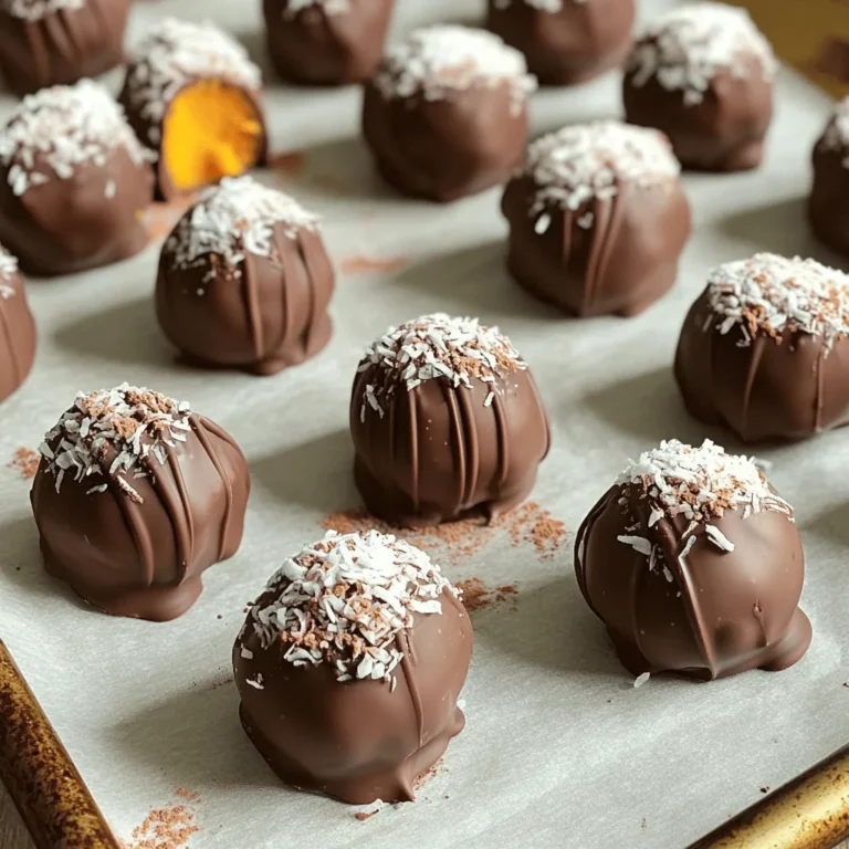 To make No Bake Chocolate Espresso Pumpkin Truffles, you will need the following: - 1 cup pumpkin puree - 1 cup almond flour - 1/2 cup cocoa powder - 1/2 cup maple syrup - 1 tablespoon espresso powder - 1 teaspoon vanilla extract - 1/4 teaspoon cinnamon - Pinch of salt - 1/2 cup dark chocolate chips (dairy-free if desired) - Unsweetened shredded coconut or cocoa powder for rolling Substitutions can help you make these truffles fit your taste. Here are some ideas: - Pumpkin puree: You can use sweet potato puree or butternut squash puree. - Almond flour: Use oat flour or coconut flour if you have nut allergies. - Maple syrup: Agave syrup or honey can replace maple syrup for sweetness. - Espresso powder: Instant coffee works well if you don’t have espresso powder. - Dark chocolate chips: Use milk chocolate or white chocolate if you prefer a different flavor. Using high-quality ingredients makes a big difference in flavor. Here’s why: - Pumpkin puree: Fresh or organic pumpkin puree offers the best flavor and nutrients. - Cocoa powder: Choose unsweetened cocoa powder for a rich taste without added sugars. - Maple syrup: Pure maple syrup has a depth of flavor that enhances the truffles. - Dark chocolate: High-quality chocolate melts smoothly and coats the truffles perfectly. By selecting the best ingredients, you create a deep and satisfying flavor in your truffles. Quality ingredients help the truffles stand out, making them a treat to remember. Start by gathering your ingredients. You need pumpkin puree, almond flour, cocoa powder, maple syrup, espresso powder, vanilla extract, cinnamon, and a pinch of salt. In a large mixing bowl, add all these ingredients. Use a spoon to mix them well. You want to create a thick and creamy mixture. This blending step is key to delicious truffles. Once your mixture is smooth, cover the bowl with plastic wrap. Place it in the fridge for about 30 minutes. Chilling helps the mixture firm up. A firmer mix makes it easier to shape into balls. While you wait, you can clean up your area or prepare your baking sheet. After chilling, take the mixture out of the fridge. Use a tablespoon to scoop out some of the mix. Roll it into small balls, about one inch wide. Place the balls on a baking sheet lined with parchment paper. Next, melt the dark chocolate chips in a microwave-safe bowl. Heat them in 20-second intervals. Stir after each interval until smooth. Dip each truffle in the melted chocolate. Make sure to coat it fully. Use a fork to lift it out, letting excess chocolate drip off. While the chocolate is still wet, roll the truffles in shredded coconut or cocoa powder. This adds flavor and a nice touch. Finally, chill the coated truffles again for about 15 minutes. Enjoy them chilled or at room temperature! To shape perfect truffles, chill the mixture first. This makes it easy to scoop. Use a tablespoon to get even portions. Roll them into smooth balls. Keep them about one inch wide. The warmth of your hands can help. If the mixture sticks, wet your hands slightly. This keeps it from clumping. Melting chocolate needs care. Use a microwave-safe bowl. Heat in short bursts of 20 seconds. Stir in between to avoid burning. Chocolate should melt evenly. If it gets too thick, add a bit of coconut oil. This helps it coat your truffles better. Always dip warm truffles into warm chocolate. This helps the chocolate stick. To gain the best flavor, use quality ingredients. Fresh pumpkin puree gives a rich taste. Espresso powder adds a nice kick. Don't skip the vanilla extract; it enhances sweetness. A pinch of salt brings out all the flavors. Experiment with different flavorings too. A dash of nutmeg or ginger can change everything. {{image_2}} You can change these truffles in fun ways. Try adding peanut butter for a nutty twist. A teaspoon of orange zest adds a bright flavor. You can even mix in spices like nutmeg or ginger for extra warmth. These small changes can make each batch unique and exciting. If you have allergies, you can still enjoy these truffles. Use sunflower seed flour instead of almond flour for a nut-free version. For sweeteners, agave syrup works well if you avoid maple syrup. Always check labels to ensure your ingredients are safe for your needs. Toppings can change the look and taste of your truffles. Instead of cocoa powder, roll them in finely chopped nuts or crushed graham crackers. You can also use crushed freeze-dried fruit for a pop of color and flavor. Each topping makes the truffles special and fun to eat. Store your No Bake Chocolate Espresso Pumpkin Truffles in an airtight container. This keeps them fresh and tasty. Make sure to place parchment paper between layers if you stack them. This helps prevent sticking. Keep the container in the fridge to maintain the best flavor and texture. These truffles can last about one week in the fridge. After that, they may lose their great taste and texture. If you want to enjoy them longer, consider freezing them. This keeps them fresh for up to three months. Just be sure to label your container with the date. To freeze your truffles, first, let them set fully in the fridge. Then, place them on a baking sheet in a single layer. Freeze them for about one hour. Once frozen, transfer the truffles to an airtight container. You can also use freezer bags, but remove as much air as possible. This way, you can enjoy your delicious truffles anytime! Yes, you can use different nut flours. Almond flour works well, but you may try cashew or hazelnut flour. Each nut flour adds its unique taste. You might need to adjust the amount. For example, cashew flour is finer and may blend differently. You can substitute pumpkin puree with other purees. Sweet potato or butternut squash puree can work. These options give a similar texture and flavor. However, they may alter the taste slightly. When using a substitute, ensure it is smooth and thick. You know the truffles are done when they hold their shape. After chilling, they should feel firm but not hard. When coating in chocolate, the truffles should be easy to roll. If they fall apart, they may need more chilling time. In this blog post, we explored key elements for making truffles, from choosing quality ingredients to the step-by-step process. You learned how to shape and coat them perfectly while discovering flavor variations and storage tips. Truffles can be fun and easy to make with the right guidance. Enjoy experimenting with your own ideas and creating tasty treats that delight everyone. Now, it's your turn to craft some delicious truffles!