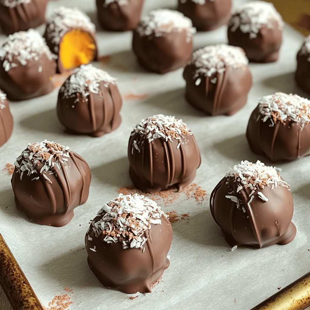 To make No Bake Chocolate Espresso Pumpkin Truffles, you will need the following: - 1 cup pumpkin puree - 1 cup almond flour - 1/2 cup cocoa powder - 1/2 cup maple syrup - 1 tablespoon espresso powder - 1 teaspoon vanilla extract - 1/4 teaspoon cinnamon - Pinch of salt - 1/2 cup dark chocolate chips (dairy-free if desired) - Unsweetened shredded coconut or cocoa powder for rolling Substitutions can help you make these truffles fit your taste. Here are some ideas: - Pumpkin puree: You can use sweet potato puree or butternut squash puree. - Almond flour: Use oat flour or coconut flour if you have nut allergies. - Maple syrup: Agave syrup or honey can replace maple syrup for sweetness. - Espresso powder: Instant coffee works well if you don’t have espresso powder. - Dark chocolate chips: Use milk chocolate or white chocolate if you prefer a different flavor. Using high-quality ingredients makes a big difference in flavor. Here’s why: - Pumpkin puree: Fresh or organic pumpkin puree offers the best flavor and nutrients. - Cocoa powder: Choose unsweetened cocoa powder for a rich taste without added sugars. - Maple syrup: Pure maple syrup has a depth of flavor that enhances the truffles. - Dark chocolate: High-quality chocolate melts smoothly and coats the truffles perfectly. By selecting the best ingredients, you create a deep and satisfying flavor in your truffles. Quality ingredients help the truffles stand out, making them a treat to remember. Start by gathering your ingredients. You need pumpkin puree, almond flour, cocoa powder, maple syrup, espresso powder, vanilla extract, cinnamon, and a pinch of salt. In a large mixing bowl, add all these ingredients. Use a spoon to mix them well. You want to create a thick and creamy mixture. This blending step is key to delicious truffles. Once your mixture is smooth, cover the bowl with plastic wrap. Place it in the fridge for about 30 minutes. Chilling helps the mixture firm up. A firmer mix makes it easier to shape into balls. While you wait, you can clean up your area or prepare your baking sheet. After chilling, take the mixture out of the fridge. Use a tablespoon to scoop out some of the mix. Roll it into small balls, about one inch wide. Place the balls on a baking sheet lined with parchment paper. Next, melt the dark chocolate chips in a microwave-safe bowl. Heat them in 20-second intervals. Stir after each interval until smooth. Dip each truffle in the melted chocolate. Make sure to coat it fully. Use a fork to lift it out, letting excess chocolate drip off. While the chocolate is still wet, roll the truffles in shredded coconut or cocoa powder. This adds flavor and a nice touch. Finally, chill the coated truffles again for about 15 minutes. Enjoy them chilled or at room temperature! To shape perfect truffles, chill the mixture first. This makes it easy to scoop. Use a tablespoon to get even portions. Roll them into smooth balls. Keep them about one inch wide. The warmth of your hands can help. If the mixture sticks, wet your hands slightly. This keeps it from clumping. Melting chocolate needs care. Use a microwave-safe bowl. Heat in short bursts of 20 seconds. Stir in between to avoid burning. Chocolate should melt evenly. If it gets too thick, add a bit of coconut oil. This helps it coat your truffles better. Always dip warm truffles into warm chocolate. This helps the chocolate stick. To gain the best flavor, use quality ingredients. Fresh pumpkin puree gives a rich taste. Espresso powder adds a nice kick. Don't skip the vanilla extract; it enhances sweetness. A pinch of salt brings out all the flavors. Experiment with different flavorings too. A dash of nutmeg or ginger can change everything. {{image_2}} You can change these truffles in fun ways. Try adding peanut butter for a nutty twist. A teaspoon of orange zest adds a bright flavor. You can even mix in spices like nutmeg or ginger for extra warmth. These small changes can make each batch unique and exciting. If you have allergies, you can still enjoy these truffles. Use sunflower seed flour instead of almond flour for a nut-free version. For sweeteners, agave syrup works well if you avoid maple syrup. Always check labels to ensure your ingredients are safe for your needs. Toppings can change the look and taste of your truffles. Instead of cocoa powder, roll them in finely chopped nuts or crushed graham crackers. You can also use crushed freeze-dried fruit for a pop of color and flavor. Each topping makes the truffles special and fun to eat. Store your No Bake Chocolate Espresso Pumpkin Truffles in an airtight container. This keeps them fresh and tasty. Make sure to place parchment paper between layers if you stack them. This helps prevent sticking. Keep the container in the fridge to maintain the best flavor and texture. These truffles can last about one week in the fridge. After that, they may lose their great taste and texture. If you want to enjoy them longer, consider freezing them. This keeps them fresh for up to three months. Just be sure to label your container with the date. To freeze your truffles, first, let them set fully in the fridge. Then, place them on a baking sheet in a single layer. Freeze them for about one hour. Once frozen, transfer the truffles to an airtight container. You can also use freezer bags, but remove as much air as possible. This way, you can enjoy your delicious truffles anytime! Yes, you can use different nut flours. Almond flour works well, but you may try cashew or hazelnut flour. Each nut flour adds its unique taste. You might need to adjust the amount. For example, cashew flour is finer and may blend differently. You can substitute pumpkin puree with other purees. Sweet potato or butternut squash puree can work. These options give a similar texture and flavor. However, they may alter the taste slightly. When using a substitute, ensure it is smooth and thick. You know the truffles are done when they hold their shape. After chilling, they should feel firm but not hard. When coating in chocolate, the truffles should be easy to roll. If they fall apart, they may need more chilling time. In this blog post, we explored key elements for making truffles, from choosing quality ingredients to the step-by-step process. You learned how to shape and coat them perfectly while discovering flavor variations and storage tips. Truffles can be fun and easy to make with the right guidance. Enjoy experimenting with your own ideas and creating tasty treats that delight everyone. Now, it's your turn to craft some delicious truffles!