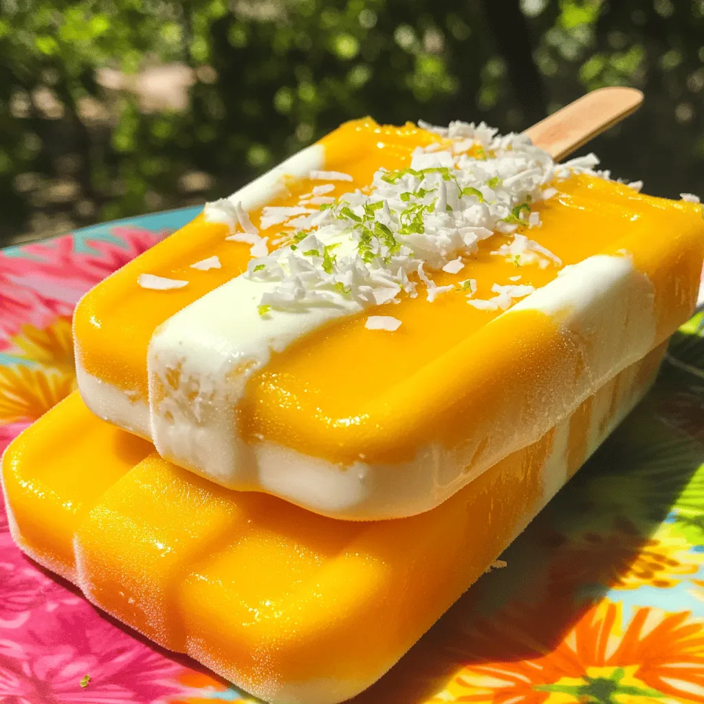 - 2 ripe mangoes, peeled and diced - 1 cup coconut milk (full-fat for creaminess) - 1/2 cup Greek yogurt (or dairy-free alternative) - 1/4 cup honey or maple syrup - 1 tablespoon fresh lime juice - Pinch of salt The key to these popsicles lies in using ripe mangoes. They provide a sweet and juicy base that shines in every bite. Coconut milk brings a rich creaminess that makes these popsicles extra special. I prefer full-fat coconut milk for the best texture. Greek yogurt adds a nice tang and creaminess too. You can swap it for a dairy-free option if you like. The honey or maple syrup sweetens the mix, but you can adjust it to suit your taste. A splash of fresh lime juice adds brightness, and a pinch of salt enhances all the flavors. - Shredded coconut - Chopped nuts Feel free to get creative with toppings. Shredded coconut adds texture and a tropical feel. Chopped nuts give a nice crunch and extra flavor. These add-ins make your popsicles unique and fun! You can mix and match as you like. To start, wash your ripe mangoes. Peel them and chop them into small pieces. This helps the blender mix everything easily. Place the diced mangoes into your blender. Next, add one cup of coconut milk. I recommend using full-fat coconut milk for a creamier popsicle. Then, add half a cup of Greek yogurt. If you prefer a dairy-free treat, use a dairy-free yogurt instead. Now, add a quarter cup of honey or maple syrup. This sweetens the mix just right. Squeeze in one tablespoon of fresh lime juice for a zesty touch. Finally, sprinkle in a pinch of salt. This helps balance the sweetness. Blend all the ingredients until they are smooth and creamy. Taste the mix. If you want it sweeter, add a bit more honey or maple syrup. Once your mixture is ready, it’s time to fill the popsicle molds. Carefully pour the mango-coconut mix into each mold. Leave a little space at the top. The mixture will expand as it freezes. After that, insert popsicle sticks into the molds. Make sure they sit straight. Place the molds in the freezer. You need to freeze them for at least six hours. This ensures they are completely solid. For best results, try not to open the freezer door too much during this time. When the popsicles are frozen solid, it’s time to take them out. To make this easier, run warm water over the outside of the molds for a few seconds. This helps loosen them up. Gently pull the popsicles out. If they stick, run the warm water a little longer. For a fun presentation, you can roll the popsicles in shredded coconut or sprinkle them with chopped nuts. This adds a nice crunch. Serve them on a colorful plate. You can also drizzle some extra coconut milk or add lime zest for a pretty finish. Enjoy your refreshing summer treat! To make your popsicles creamy, use full-fat coconut milk. It gives a rich flavor. Greek yogurt adds thickness as well. For a dairy-free version, try coconut yogurt. This keeps the texture smooth and tasty. If you want a lighter treat, use low-fat yogurt. You can also blend in a banana for extra creaminess without dairy. Taste the mixture before freezing. If it's not sweet enough, add more honey or maple syrup. Start with a little. You can always add more later. For a healthier choice, use mashed ripe bananas or dates. They add natural sweetness without extra sugar. Remember to mix well after adding any sweetener. This ensures even flavor in every bite. {{image_2}} You can play with flavors in your creamy coconut mango popsicles. Adding other fruits can change the taste. Try mixing in diced pineapple or banana. These fruits add sweetness and a fun twist. You can make the popsicles even more tropical and tasty. Infusing spices is another fun way to change the flavor. A dash of cinnamon gives a warm touch. Ginger adds a nice zing. Both spices pair well with mango and coconut. They make your popsicles unique and exciting. If you want a dairy-free version, you can easily swap ingredients. Use non-dairy yogurt instead of Greek yogurt. Coconut yogurt works great. It keeps the creamy texture and adds more coconut flavor. You can also choose different types of milk. Almond milk or oat milk can replace coconut milk. Just pick a milk you enjoy. These swaps make it easy for everyone to enjoy creamy coconut mango popsicles. To keep your creamy coconut mango popsicles fresh, store them in the freezer. Make sure they are in a cold spot. It’s best to keep them at 0°F (-18°C) or lower. Homemade popsicles can last up to three months in the freezer. After that, they may lose their taste and texture. Freezer burn can ruin your popsicles. To prevent this, wrap each popsicle in plastic wrap or foil. You can also place them in airtight containers. This adds a layer of protection. Use containers made from glass or BPA-free plastic. They help keep the popsicles fresh and tasty. Remember, the key is to keep air out! Creamy coconut mango popsicles can last up to two months in the freezer. For best taste, eat them within a month. Store the popsicles in an airtight container. This helps keep them fresh and prevents ice crystals from forming. Label your container with the date. This way, you will know when to enjoy them. Yes, you can use frozen mangoes instead of fresh ones. Frozen mangoes are often picked at their peak ripeness. They can make your popsicles just as tasty. Just let the frozen mangoes thaw for a bit before blending. This makes it easier to mix them smoothly. You might need to adjust the sweetness. Frozen fruits can be sweeter than fresh ones. If you want to replace Greek yogurt, there are many options. You can use regular yogurt if you like a lighter taste. For a dairy-free option, try coconut yogurt or almond yogurt. Silken tofu can also work well. It gives a creamy texture without dairy. Each alternative will change the flavor a bit, so taste the mix as you go. Creamy coconut mango popsicles are easy and fun to make. You learned about the key ingredients like ripe mangoes and coconut milk. We covered how to blend these well, freeze them, and serve them beautifully. You can add your twist with toppings or flavors. Finally, proper storage keeps your popsicles fresh. Experiment with sweetness and textures to make them just right for you. Enjoy your creamy treat anytime!