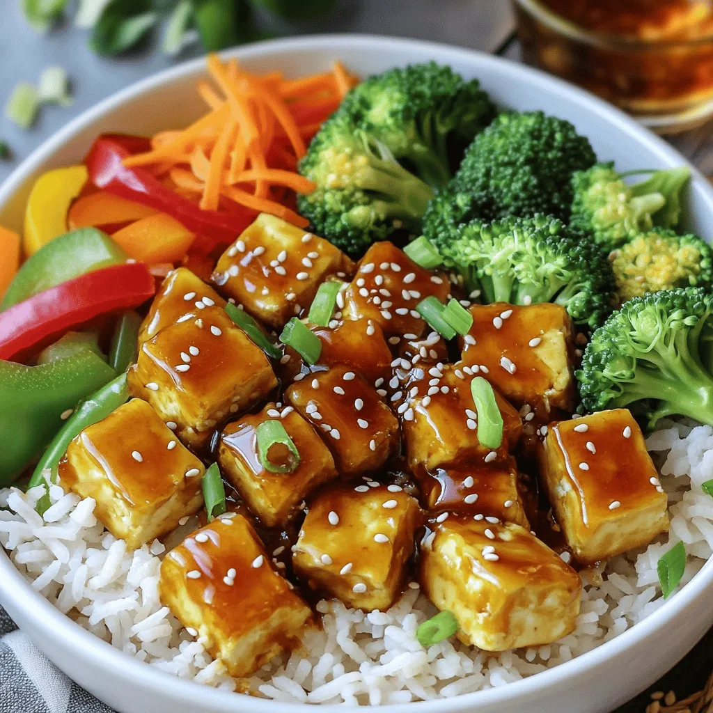 - 1 block firm tofu - 2 cups cooked jasmine rice - 1 cup broccoli florets - 1 cup bell peppers, sliced (mixed colors) - 1/2 cup shredded carrots - 2 green onions, chopped - 1/4 cup honey - 2 tablespoons Sriracha sauce - 1 tablespoon soy sauce - 1 tablespoon rice vinegar - 2 tablespoons cornstarch - 2 tablespoons vegetable oil - 1 teaspoon sesame oil - Sesame seeds for garnish Gathering these ingredients makes the cooking process smooth. Firm tofu is key for that perfect texture. I love using jasmine rice for its lovely fragrance. Fresh veggies add color and crunch. For the sauce, honey gives sweetness while Sriracha brings heat. Soy sauce and rice vinegar add depth. Cornstarch helps the tofu crisp up nicely. Vegetable and sesame oil make everything sizzle perfectly. Finally, sesame seeds add a nice touch on top. With all these ingredients ready, you're set for a great meal. 1. Start by draining the tofu. Press it to remove excess water. 2. Cut the tofu into 1-inch cubes. Make sure they are even for cooking. 3. Place the cornstarch in a bowl, then toss the tofu cubes in it. Ensure each piece is coated well. 1. Heat the vegetable oil and sesame oil in a skillet over medium heat. 2. Add the tofu cubes in a single layer. Cook them for about 3-4 minutes on each side. You want them golden brown and crispy. Remove the tofu and set it aside. 1. In a small bowl, combine honey, Sriracha, soy sauce, and rice vinegar. 2. Whisk until everything is well mixed. This sauce will bring the dish to life. 1. In the same skillet, add broccoli and bell peppers. Stir-fry for about 4-5 minutes. They should be tender but still crisp. 2. Add shredded carrots and cook for another minute. This adds color and crunch to your meal. 1. Return the crispy tofu to the skillet. Pour the honey Sriracha sauce over everything. 2. Gently toss to coat all the ingredients evenly. Heat for an additional 2-3 minutes until everything is hot. 1. Divide the cooked jasmine rice into bowls. This will be the base of your dish. 2. Top the rice with the honey Sriracha glazed tofu and vegetable mixture. 3. For the final touch, sprinkle with chopped green onions and sesame seeds. Serve warm and enjoy your meal! Tofu needs to be pressed well. This step removes excess water. When you press tofu, it becomes firmer. A firmer tofu has a better texture when cooked. Use a clean kitchen towel or paper towels. Place a heavy object on top for about 15-20 minutes. This will help get the moisture out. Cook tofu in a single layer. This ensures even cooking. If the pieces touch, they might not brown well. Use medium heat for a nice crisp. Check the tofu after 3-4 minutes. Flip it when it turns golden brown. You can adjust the sauce to fit your taste. To make it sweeter, add more honey. For more heat, add extra Sriracha. You can also mix in garlic or ginger for more flavor. If you want to change things up, try different sauces. A teriyaki sauce or a sweet chili sauce can work well. You can also add a splash of lime juice for a zesty kick. These bowls pair well with many sides. Try a simple green salad with a light dressing. A side of steamed edamame also complements the dish. For toppings, consider adding avocado or nuts. Chopped peanuts or cashews add crunch. You can also sprinkle fresh herbs like cilantro for extra flavor. {{image_2}} You can swap tofu for tempeh or chickpeas. Tempeh has a nutty flavor and a firm texture. It works well in this dish. Chickpeas add protein and a nice bite. You can mix them with tofu for a protein boost. Feel free to change up the vegetables. Choose seasonal options like zucchini or asparagus. You can use what you like best. If you love spinach, toss it in at the end. This meal can be as colorful and fresh as you want! This recipe fits many diets. It is vegan since it does not use meat or dairy. For gluten-free eaters, use tamari instead of soy sauce. This simple switch keeps the flavor while making it safe for everyone. To keep your Honey Sriracha Glazed Tofu Bowls fresh, store leftovers in the fridge. Use airtight containers to keep moisture in and air out. This helps maintain the flavor and texture of your dish. Let the meal cool down before placing it in the fridge. It should last up to three days. To reheat your tofu bowls, use a microwave or stovetop. If using a microwave, place the bowl on a safe plate. Heat in short intervals. Stir between each interval to ensure even warming. On the stovetop, warm in a pan over low heat, stirring often. To avoid sogginess, do not cover the bowl. This keeps the tofu crispy. You can freeze Honey Sriracha Glazed Tofu Bowls for later use. First, cool the dish completely. Divide it into portions in freezer-safe containers. Make sure to leave space for expansion. When ready to eat, thaw in the fridge overnight. Reheat in a microwave or on the stovetop until hot. Enjoy your tasty meal anytime! Yes, you can make this recipe ahead. For meal prep, cook the tofu and veggies in advance. Store them in separate containers. Keep the sauce in a small jar. When you are ready to eat, just warm up everything and mix in the sauce. Yes, tofu is gluten-free. It is made from soybeans, which do not contain gluten. Always check the label to ensure no gluten is added during processing. You can serve many side dishes with these bowls. Here are some ideas: - Steamed edamame - A simple green salad - Cucumber salad - Fresh fruit like mango or pineapple For drinks, try iced tea or a light beer. Yes, you can use other types of rice. Brown rice adds a nutty flavor. Quinoa is a great gluten-free option. Cauliflower rice is a low-carb choice. Just adjust cooking times as needed. This blog post covered how to make Honey Sriracha Glazed Tofu Bowls. We explored key ingredients like firm tofu, jasmine rice, and fresh veggies. You learned step-by-step how to prepare and cook everything, mix it up, and serve it hot. Tips helped you enhance the tofu texture and customize the sauce. Variations let you switch proteins and veggies based on your taste. Lastly, we discussed how to store leftovers and reheat them perfectly. Enjoy your delicious bowls, tailored to your liking, and share this recipe with friends!