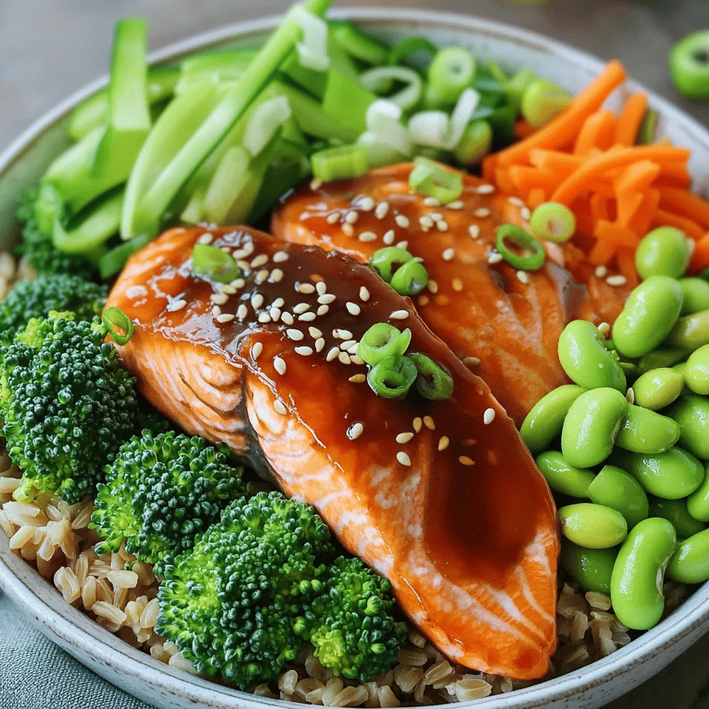 - 2 salmon fillets - 1 cup brown rice - 1/4 cup low-sodium soy sauce - 2 tablespoons honey or maple syrup - 1 tablespoon rice vinegar - 1 tablespoon sesame oil - 1 teaspoon fresh ginger, minced - 1 teaspoon garlic, minced - 1 cup broccoli florets - 1 carrot, julienned - 1/2 cup edamame (shelled) - Salt and pepper to taste To create a flavorful teriyaki salmon bowl, you need key ingredients. Salmon fillets provide rich taste and healthy fats. Brown rice serves as a hearty base. The teriyaki marinade combines soy sauce, honey or maple syrup, rice vinegar, sesame oil, ginger, and garlic for a sweet and savory flavor. - 2 green onions, sliced - Sesame seeds Add green onions and sesame seeds as a garnish. They bring extra crunch and a fresh taste. These toppings make your dish look vibrant and appealing. - Honey vs. maple syrup - Alternative vegetables You can swap honey for maple syrup based on your taste. For veggies, feel free to use what you have. Zucchini, bell peppers, or snap peas work well too. This flexibility helps you enjoy teriyaki salmon bowls your way. To make the teriyaki marinade, grab a small bowl. Add 1/4 cup low-sodium soy sauce, 2 tablespoons honey or maple syrup, 1 tablespoon rice vinegar, and 1 tablespoon sesame oil. Then, add 1 teaspoon minced ginger and 1 teaspoon minced garlic. Now, whisk everything together until well mixed. This marinade adds rich flavor to the salmon. Place 2 salmon fillets in a shallow dish. Pour half of the marinade over the salmon. Let the salmon marinate for at least 20 minutes. This helps the fish soak up great flavors. Make sure to flip it halfway for even taste. First, rinse 1 cup of brown rice under cold water until the water runs clear. Then, in a medium pot, combine the rinsed rice with 2 cups of water and a pinch of salt. Bring it to a boil, then reduce the heat to low. Cover the pot and let it simmer for about 40-45 minutes. This will make the rice nice and tender. While the rice cooks, prepare the veggies. Steam 1 cup of broccoli florets and 1 julienned carrot for about 5-7 minutes. You can use a steamer basket or the microwave with a little water. The veggies should be tender but still crisp. Heat a non-stick skillet over medium-high heat. Take the salmon out of the marinade, placing it skin-side down in the skillet. Cook for about 4-5 minutes on the first side. Flip the salmon and brush it with the remaining marinade. Cook for another 3-4 minutes until the salmon flakes easily with a fork. This ensures it is perfectly cooked. Once everything is cooked, fluff the brown rice with a fork. In each bowl, start with a layer of brown rice. Then, add the salmon, steamed broccoli, carrots, and 1/2 cup of shelled edamame. This layering makes your bowl look delicious and colorful. Sprinkle sliced green onions and sesame seeds on top for extra flavor and crunch. These small touches make a big difference in taste and presentation. Enjoy your beautiful teriyaki salmon bowl! - Ensuring perfect salmon texture: Cook the salmon on medium-high heat. Start skin-side down. This helps the skin crisp up. Cook for 4-5 minutes. Flip and brush with marinade. Finish cooking for 3-4 minutes. The salmon should flake easily. This means it's done! - Preventing overcooked vegetables: Steam broccoli and carrots for just 5-7 minutes. You want them tender but still crisp. Overcooking makes them mushy. Keep an eye on the time. A colorful plate is a happy plate! - Marinade timing for different fish types: Salmon benefits from at least 20 minutes of marinating. Other fish like cod need less time, about 10-15 minutes. Always check the thickness of the fish for best flavor absorption. - Flavor combinations to enhance: Add a splash of lime juice for brightness. You can also mix in some chili flakes for heat. Experiment with sesame seeds or fresh herbs. This can take your dish to the next level! - Best side dishes to pair: Serve your teriyaki salmon with a side of pickled ginger. This adds a nice zing. You can also try a simple salad with a light dressing. It keeps the meal fresh. - Drink pairings for teriyaki salmon bowls: A light, crisp white wine works well. Think Sauvignon Blanc or Pinot Grigio. If you prefer non-alcoholic drinks, try iced green tea. It complements the flavors nicely. {{image_2}} You can switch up the protein in your teriyaki bowls. If you prefer chicken, use boneless thighs or breasts. Simply marinate and cook them the same way as the salmon. Tofu is another great choice. Choose firm tofu for the best texture. Marinate it just like the fish, and pan-fry until golden brown. If you love shrimp, they can add a nice twist too. Cook them for just 2-3 minutes until they turn pink and opaque. Brown rice is great, but you can try other grains. Quinoa adds a nutty flavor and is packed with protein. Use it in the same amount as rice. Cauliflower rice is a low-carb option. It cooks quickly and absorbs flavors well. You can also use jasmine or basmati rice for a different taste. These rice types can offer a fragrant twist to your meal. Want to spice up your marinade? Add chili flakes for heat. A sprinkle of five-spice powder can bring a warm flavor. Consider mixing in some citrus zest, like orange or lime, for brightness. You can also add sesame seeds into the marinade for an extra crunch. For an Asian twist, try a splash of mirin or sake. These small changes can make a big difference in taste. To store your teriyaki salmon bowls, let them cool first. Place the bowls in airtight containers. This keeps them fresh in the fridge for up to three days. Always label the containers with the date. This helps you track how long they have been stored. You can freeze teriyaki salmon bowls for later use. Make sure the bowls are cooled completely. Then, use freezer-safe containers or bags. Remove as much air as possible to prevent freezer burn. They can last up to three months in the freezer. When ready to eat, thaw them in the fridge overnight. To reheat your salmon bowls, use a microwave for quick results. Heat them for one to two minutes. You can also use an oven. Preheat it to 350°F (175°C) and place the bowls inside for about 10-15 minutes. This keeps the salmon moist. Check the middle to ensure it’s hot. Enjoy your tasty meal! You should marinate the salmon for at least 20 minutes. This allows the salmon to soak up the flavors of the teriyaki sauce. If you have more time, you can marinate it for up to an hour. Just remember, longer marinating times can enhance the taste even more. Brown rice is the best choice for teriyaki salmon bowls. It gives a nutty flavor and adds more fiber. You can also use white rice if you prefer a lighter taste. Quinoa is another great option if you want something different. Yes, you can prepare teriyaki salmon bowls ahead of time. Cook the rice and vegetables earlier in the day. You can also marinate the salmon and store it in the fridge. When you’re ready to eat, just cook the salmon and assemble your bowl. Most teriyaki sauces are not gluten-free. They often contain soy sauce, which has wheat. However, you can find gluten-free soy sauce or make your own teriyaki sauce using gluten-free ingredients. Just check the labels to be sure. Teriyaki salmon bowls are packed with nutrients. Salmon is high in omega-3 fatty acids, which are great for heart health. Brown rice provides fiber and keeps you full. Adding broccoli and carrots gives you vitamins and minerals. This meal is balanced and good for your body. In this blog post, I covered how to make tasty teriyaki salmon bowls. First, I shared the key ingredients like salmon, brown rice, and teriyaki marinade. Next, I explained easy steps for marinating and cooking, ensuring you achieve perfect texture. I included helpful tips, variations, and storage advice to enhance your meal. These bowls are simple, nutritious, and allow for creative tweaks. Enjoy making this dish your own and savor the delicious flavors!
