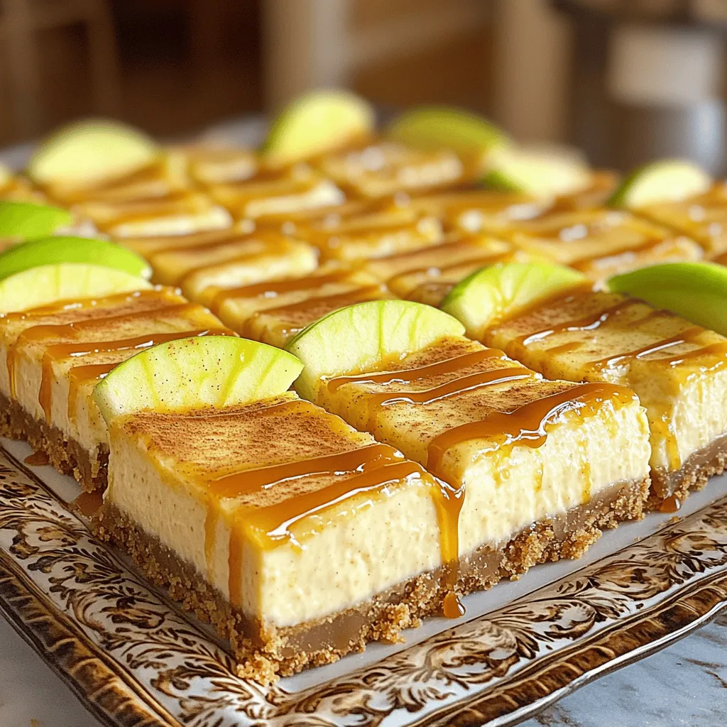 Here’s what you need to make caramel apple cheesecake bars: - 1 ½ cups graham cracker crumbs - 1/4 cup granulated sugar - 1/3 cup unsalted butter, melted - 2 (8 oz) packages cream cheese, softened - 1 cup granulated sugar - 1 teaspoon vanilla extract - 2 large eggs - 2 medium apples, peeled, cored, and diced (Granny Smith or Honeycrisp work best) - 1 teaspoon ground cinnamon - 1/4 cup caramel sauce (plus more for drizzling) - pinch of salt For a fun touch, consider garnishing with extra caramel sauce or thin apple slices. If you have dietary needs, there are swaps you can make: - Use gluten-free graham crackers for a gluten-free option. - For a lower sugar version, try using a sugar substitute in the filling. - Vegan cream cheese can replace regular cream cheese for a dairy-free option. For best results, I suggest using Philadelphia cream cheese. It has a smooth texture and rich flavor. Here are the tools you will need for this recipe: - 8x8-inch baking pan - Parchment paper for easy removal - Medium mixing bowl for the crust - Large mixing bowl or electric mixer for the filling - Spatula for spreading the filling These tools will help you create the perfect bars. Enjoy the process and the tasty results! 1. Preheating the oven and preparing the baking pan Start by preheating your oven to 325°F (163°C). This heat helps the cheesecake bake evenly. Next, line an 8x8-inch baking pan with parchment paper. Let the paper hang over the edges. This makes it easy to lift the bars out later. 2. Making the crust: detailed explanation In a medium bowl, mix together 1 ½ cups of graham cracker crumbs, 1/4 cup of sugar, and 1/3 cup of melted unsalted butter. Stir until all crumbs are wet. Press this mixture firmly into the bottom of your prepared pan. Make sure it is even and compact. Bake the crust for 10 minutes to set it. After baking, let it cool slightly before adding the filling. 1. Mixing the cream cheese and sugars In a large mixing bowl, beat 2 packages of softened cream cheese with an electric mixer. Mix until it is smooth and creamy. Gradually add in 1 cup of granulated sugar. Continue mixing until both ingredients are fully combined. 2. Incorporating eggs and vanilla Add 1 teaspoon of vanilla extract. Then, add 2 large eggs one at a time. Mix well after each egg. Don’t forget to scrape down the bowl's sides to catch any lumps. This ensures a nice smooth filling. 1. Pouring filling over the crust Gently fold in 2 diced apples, 1 teaspoon of ground cinnamon, and 1/4 cup of caramel sauce into the cream cheese mixture. Pour this cheesecake filling over your pre-baked crust. Use a spatula to spread it out evenly. 2. Checking doneness and cooling tips Bake the cheesecake bars for 30-35 minutes. Check if the edges are set while the center is still slightly jiggly. Once done, remove them from the oven. Let the bars cool completely at room temperature. After cooling, refrigerate for at least 2 hours to firm them up before serving. - Overmixing the filling: Mix just until smooth. Overmixing adds too much air, which can cause cracks. - Not cooling bars properly: Let the bars cool at room temp first. Then chill in the fridge. This helps them set well. - Tips for caramel and cinnamon adjustment: Start with the recipe's amounts. If you want more flavor, add an extra teaspoon of cinnamon. For caramel, drizzle more on top before serving. - Ways to enhance apple flavor: Use tart apples like Granny Smith or Honeycrisp. They add a nice zing. You can also sauté apples lightly in butter and sugar before adding them to the filling. - Adjustments for different oven types: Every oven is a bit different. If your bars seem too soft at the time listed, bake a few minutes longer. - Signs of doneness for cheesecake bars: Look for the edges to be set. The center should still jiggle a little. It will firm up as it cools. {{image_2}} You can easily change the taste of your caramel apple cheesecake bars. Adding nuts can bring a nice crunch. Chopped pecans or walnuts work well. You can also try adding different fruits. Pears or cherries can add a unique twist. These swaps keep the dessert fun and fresh! For those watching their sugar, consider low-sugar or sugar-free options. You can use sugar substitutes like stevia or erythritol. They blend well without altering the taste much. If gluten is a concern, try a gluten-free crust. Almond flour or gluten-free graham crackers are great choices. They still give a tasty and satisfying base. Serving your cheesecake bars can be just as fun as making them. Pair them with vanilla ice cream or whipped cream for extra creaminess. Add a drizzle of caramel sauce on top for more flavor. For parties, try creative ideas like serving them in small cups. This way, guests can grab their own treat easily. You can also add apple slices and a sprinkle of cinnamon for a nice touch. To keep your cheesecake bars fresh, refrigerate them. Place them in an airtight container. If you have leftovers, use parchment paper to separate layers. This method helps prevent sticking. You can store them for up to five days in the fridge. For longer storage, freeze the bars. Wrap them tightly in plastic wrap, then place in a freezer bag. They can last up to three months. To warm your cheesecake bars, take them out of the fridge. Place them in the microwave on low power. Heat for about 15-20 seconds. This method keeps the texture nice. If you prefer them cold, serve straight from the fridge. Both ways taste great, so choose what you like. Caramel apple cheesecake bars stay fresh for about five days in the fridge. If you freeze them, they can last up to three months. Check for signs of spoilage before eating. If you see mold or a strange smell, it's best to throw them away. Enjoy your treats while they are fresh! Yes, you can swap the graham cracker crust. Here are a few options: - Oreo Crust: Crush Oreos and mix with melted butter for a rich chocolate flavor. - Nut Crust: Use crushed almonds or walnuts for a crunchy base. - Shortbread Crust: A buttery shortbread mix adds a sweet touch. Each crust brings a unique taste, so feel free to experiment! Yes, you can prepare the cheesecake filling in advance. Here’s how: - Mix Ingredients: Combine cream cheese, sugars, and eggs as per the recipe. - Store Properly: Place it in an airtight container in the fridge. - Use Within Two Days: This keeps it fresh and tasty. Making it ahead saves time on baking day! If your cheesecake bars are too soft, try these solutions: - Cool Longer: Ensure they cool completely at room temperature before chilling. - Chill More: Refrigerate them for a longer time to firm up. - Bake Longer: If the center jiggles too much, bake for an extra few minutes. These tips help achieve that perfect, firm texture! The blog post covered the essentials of making delicious caramel apple cheesecake bars. We explored ingredients, tools, and step-by-step directions. I shared tips to avoid common mistakes and ways to enhance flavor. We also looked at variations and storage methods for keeping your bars fresh. Remember, experimenting with flavors can lead to a unique twist. With these guidelines, you can create a treat everyone will love. Happy baking!