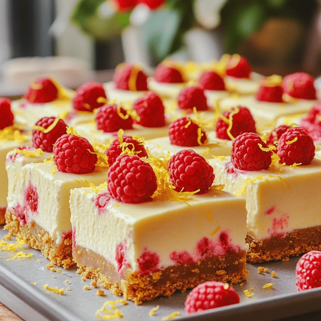 For the No Bake Lemon Raspberry Cheesecake Bars, you will need: - 1 ½ cups graham cracker crumbs - ½ cup unsalted butter, melted - 2 cups cream cheese, softened - 1 cup powdered sugar - 1 cup fresh raspberries (plus extra for topping) - 1 tablespoon lemon zest - ¼ cup fresh lemon juice - 1 teaspoon vanilla extract - Pinch of salt Gathering fresh and quality ingredients makes a big difference in taste. Use these items for a vibrant, creamy dessert. You can swap ingredients based on what you have: - For graham cracker crumbs, use crushed vanilla wafers or digestive biscuits. - If you need a dairy-free version, try vegan cream cheese. - Maple syrup can replace powdered sugar for a more natural sweetness. - Use lime juice instead of lemon juice for a twist. These substitutes help you enjoy this dessert while fitting your dietary needs. Freshness matters in every bite. Use cream cheese that is near its sell-by date for the best creaminess. Choose raspberries that are plump and bright, as this ensures great flavor. When picking lemons, look for ones that feel heavy for their size. They should have a smooth skin. Quality ingredients lead to a better dessert experience. To start, grab a medium bowl. Combine 1 ½ cups of graham cracker crumbs with ½ cup of melted unsalted butter. Mix until the crumbs are fully coated. This step gives your crust a rich taste. Next, line an 8x8 inch baking dish with parchment paper. This helps with easy removal later. Firmly press the crumb mixture into the bottom of the dish. Make sure to create an even layer. Set this aside while you prepare the filling. In a large mixing bowl, use an electric mixer to beat 2 cups of softened cream cheese. Beat until it’s smooth and creamy. This is the base of your cheesecake. Gradually add in 1 cup of powdered sugar. Mix until well combined. Next, add in 1 tablespoon of lemon zest, ¼ cup of fresh lemon juice, 1 teaspoon of vanilla extract, and a pinch of salt. Mix again until everything blends well. Now, gently fold in 1 cup of fresh raspberries. Be careful not to break them too much. You want some whole berries for texture and flavor. Now it’s time to spread the filling. Pour the cheesecake mixture over your prepared crust. Use a spatula to spread it evenly. Once it looks nice and smooth, cover the dish with plastic wrap. Chill in the fridge for at least 4 hours, or until set. This step helps the flavors meld together. After chilling, lift the cheesecake out using the parchment paper. Cut into bars and garnish with extra raspberries on top. Enjoy your delicious no-bake lemon raspberry cheesecake bars! To get the best texture for your no bake lemon raspberry cheesecake bars, focus on the cream cheese. Make sure it is soft and at room temperature. This helps it mix smoothly. Use an electric mixer for a creamy filling. Mix until you don’t see any lumps. Folding in the raspberries gently is key too. You want some whole berries in the mix for a fun texture. One common mistake is not chilling the bars long enough. These bars need at least four hours in the fridge to set properly. Skipping this step can lead to a gooey mess when you cut them. Also, don’t overmix the raspberries. If you break them too much, the color will bleed into the filling. This can make the bars look less appealing. For a beautiful presentation, serve the bars on a chilled platter. A drizzle of raspberry sauce adds a pop of color. You can make this sauce by blending fresh raspberries with a bit of sugar. A sprinkle of lemon zest on top brings out the flavors and adds a nice touch. Always garnish with extra raspberries for a fresh look. This makes your no bake lemon raspberry cheesecake bars look as good as they taste! {{image_2}} You can easily change the flavor of these cheesecake bars. Try using blueberries instead of raspberries for a sweeter taste. Strawberries also work well and add a nice red color. If you want a citrus twist, add orange zest and juice for a fresh flavor. You can mix in other flavors like almond or coconut for a fun twist. Just remember, keep the balance of flavors in mind. If you need gluten-free bars, swap graham crackers with gluten-free cookies or almond flour. For a vegan version, use a plant-based cream cheese. Coconut cream can replace cream cheese as well. Use maple syrup or agave instead of powdered sugar for sweetness. This way, you can enjoy a delicious treat that fits your diet. To make these bars even more special, consider adding a chocolate drizzle on top. Melt dark or white chocolate, then drizzle it over the chilled bars. You can also sprinkle crushed nuts like almonds or pecans for added crunch. These extra touches not only enhance the flavor, but they also make your bars look stunning. Let your creativity flow and enjoy experimenting with these variations! Store your No Bake Lemon Raspberry Cheesecake Bars in the fridge. Keep them in a covered container. They will stay fresh for up to five days. Make sure to use parchment paper when storing. This helps prevent sticking and keeps the bars intact. You can freeze these bars for later enjoyment. Wrap each bar tightly in plastic wrap. Place them in a freezer-safe container. They will last for about two months in the freezer. When you're ready to eat, thaw them in the fridge overnight. This keeps the texture creamy and fresh. For the best taste, serve the bars cold. You can add fresh raspberries or lemon zest on top before serving. This adds a nice touch and fresh flavor. Avoid cutting the bars too early, as they need time to set. Keeping them sealed and chilled helps maintain their delicious taste. Yes, you can use frozen raspberries. Just thaw them first. Drain any extra juice. This helps keep the texture right in the cheesecake. Frozen raspberries work well, though fresh ones taste better. The bars last about 5 days in the fridge. Store them in an airtight container. This keeps them fresh and tasty. If they last longer, the flavor may change, so enjoy them soon! You can make these bars a day or two ahead. Just store them in the fridge until you are ready to serve. Chilling helps the flavors blend well. This makes it a great make-ahead dessert for parties! You learned about making delicious cheesecake bars from this guide. We explored key ingredients, helpful tips, and variations to suit your taste. Remember, using fresh and quality ingredients ensures the best flavor. Avoid common mistakes for the perfect texture, and don’t hesitate to try new flavors. Store them properly to keep them fresh. Embrace your creativity with this simple recipe. Enjoy your baking adventure and share these treats with friends!