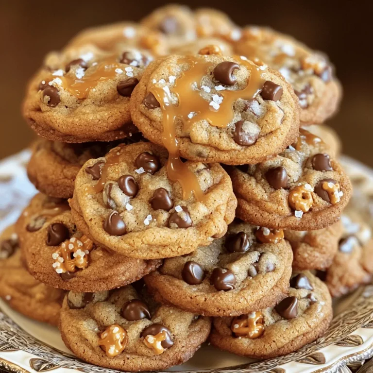 - 1 cup unsalted butter, softened - 1 cup brown sugar, packed - 1/2 cup granulated sugar - 2 large eggs - 2 teaspoons vanilla extract - 3 cups all-purpose flour - 1 teaspoon baking soda - 1/2 teaspoon salt - 1 cup semi-sweet chocolate chips - 1 cup mini pretzels, chopped - 1/2 cup caramel bits - Sea salt flakes for topping You might not have unsalted butter. You can use salted butter instead. Just skip adding extra salt. For a dairy-free option, use coconut oil or a vegan butter. If you can't find caramel bits, try using soft caramels. Just chop them into small pieces. You can also melt caramel and drizzle it on top after baking. To make these cookies, you need: - Mixing bowls - Baking sheet and parchment paper - Cookie scoop or tablespoon Each tool helps create the right texture and shape. Using parchment paper keeps the cookies from sticking. A cookie scoop ensures even sizing. This makes baking easy and fun! 1. First, preheat your oven to 350°F (175°C). Line a baking sheet with parchment paper. This step helps cookies bake evenly. 2. In a large bowl, cream together the softened butter, brown sugar, and granulated sugar. Mix until it looks light and fluffy. This usually takes about two minutes. 1. Next, add the two large eggs one at a time. Mix well after each egg. Then, stir in the vanilla extract. This adds great flavor to the dough. 2. In a separate bowl, whisk together the all-purpose flour, baking soda, and salt. Slowly add this dry mix to the wet ingredients. Mix until just combined. Don’t overmix; we want soft cookies. 1. Now, fold in the semi-sweet chocolate chips, chopped mini pretzels, and caramel bits. Make sure they are evenly spread throughout the dough. 2. Using a tablespoon or cookie scoop, drop rounded balls of dough onto your prepared baking sheet. Space them about 2 inches apart to allow for spreading. 3. For a tasty touch, sprinkle a pinch of sea salt flakes on each cookie dough ball. This adds a nice salty-sweet contrast. 4. Bake in the oven for 10-12 minutes. Look for lightly golden edges. The centers can look a bit underbaked; that’s okay. They will firm up while cooling. 5. Once baked, remove the cookies from the oven. Let them cool on the baking sheet for 5 minutes. Then, transfer them to a wire rack to cool completely. Enjoy the smell while they cool! To get the best texture for your cookies, know the difference between chewy and crispy. Chewy cookies need less baking time. Take them out while the centers are soft. Crispy cookies bake longer. They should be golden all over. For even baking, always use a preheated oven. Place your cookies on the center rack. This helps them bake evenly. Rotate the baking sheet halfway through. This step ensures a uniform bake. Serve caramel chocolate pretzel cookies warm for a delightful treat. Pair them with a glass of milk. You can stack the cookies on a decorative plate. Drizzle some melted caramel on top for added flair. Garnish with extra pretzels or chocolate chips for a fun look. One common mistake is overmixing the dough. Mix just until combined. This keeps your cookies soft. Another mistake is not spacing the cookies correctly on the baking sheet. Leave at least two inches between each ball of dough. This allows them to spread without sticking together. {{image_2}} You can switch up the chocolate type in this recipe. Dark chocolate adds a rich flavor. White chocolate offers a sweet, creamy taste. Both work well with the salty pretzels. You can also add nuts like pecans or walnuts for crunch. Dried fruits, like cranberries or raisins, can bring a chewy texture. These small changes can make your cookies fun and unique. Want to try something new? You can make cookie bars instead of individual cookies. Just press the dough into a baking pan and cut it into squares after baking. This method is great for parties. You can also make gluten-free cookies. Substitute the all-purpose flour with a gluten-free mix. This way, everyone can enjoy the treat. Adding spices can change the cookie game. A sprinkle of cinnamon can add warmth and depth. If you like extra sweetness, drizzle melted chocolate or caramel over the baked cookies. This not only makes them look fancy but also enhances the flavor. You can even mix in a bit of sea salt for that perfect sweet and salty combo. These small twists can elevate your cookies to a new level of enjoyment. To keep your caramel chocolate pretzel cookies fresh, store them in an airtight container. This will help maintain their softness and flavor for days. If you have a lot of cookies, layer them with parchment paper to prevent sticking. If you want to store cookies for a longer time, try freezing them. First, let the cookies cool completely. Then, place them in a single layer on a baking sheet and freeze for about an hour. After they are frozen, transfer them to a freezer bag. You can keep them in the freezer for up to three months. For the best taste, reheat your cookies before enjoying them. You can use the microwave for this. Place a cookie on a plate and heat it for about 10-15 seconds. This warms it and makes it soft again. If you prefer the oven, preheat it to 350°F (175°C). Heat the cookies on a baking sheet for about 5 minutes. Caramel chocolate pretzel cookies can last about one week when stored properly at room temperature. If you freeze them, they will stay good for up to three months. Always check for freshness before eating. If they smell off or look dry, it's best to toss them. Yes, you can make the dough ahead of time. Just follow these steps: - Prepare the dough as instructed. - After mixing, cover the bowl tightly with plastic wrap. - Place the dough in the fridge for up to 3 days. - When ready to bake, scoop and bake as directed. Chilling the dough helps the flavors meld. It also makes the cookies thicker and chewier. If you don’t have caramel bits, don’t worry! Here are some options: - Use soft caramels, cut into small pieces. - Try butterscotch chips for a different flavor. - Use melted caramel sauce, though this may change the dough texture. Each substitute brings a unique twist, so feel free to experiment! Knowing when cookies are done is key. Look for these signs: - The edges should be lightly golden. - The centers may look a bit soft. - The cookies will firm up while cooling. If they look too underbaked, they might need a minute or two more. Always trust your instincts! These caramel chocolate pretzel cookies blend sweet and salty flavors perfectly. We covered the ingredients, tools, and step-by-step instructions to make them right. Baking tips help achieve your desired texture, while variations let you get creative. Proper storage keeps your cookies fresh, and FAQs answer common queries. Baking cookies should be fun and rewarding. Enjoy the process and share your creations!
