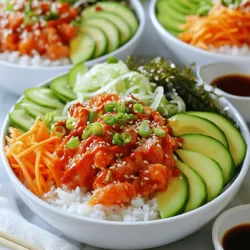 - 1 cup sushi rice - 1 can (6 oz) tuna packed in water, drained - 2 tablespoons mayonnaise (preferably Japanese Kewpie) These main ingredients form the base of your spicy tuna sushi bowl. Sushi rice is sticky and gives a nice texture. Canned tuna provides protein and is quick to use. Kewpie mayonnaise adds a creamy, savory flavor that makes the dish special. - 1 tablespoon rice vinegar - 1 tablespoon sugar - 1 teaspoon salt - 1 tablespoon sriracha (adjust for spice level) These seasonings enhance the rice and tuna. Rice vinegar adds brightness. Sugar balances the vinegar's tartness. Salt brings out the flavors. Sriracha adds heat, so feel free to change the amount based on your taste. - 1 avocado, sliced - 1 cucumber, thinly sliced - 1 carrot, julienned - Seaweed salad (for garnish) - 2 green onions, chopped - Sesame seeds (for garnish) Fresh veggies make your bowl colorful and crunchy. Avocado adds creaminess. Cucumber and carrot give a nice crunch. Seaweed salad adds flavor and texture, while green onions and sesame seeds provide a finishing touch. These ingredients not only look good but also taste great and keep the meal healthy. 1. Start by rinsing the sushi rice under cold water. This clears out the extra starch. Keep rinsing until the water runs clear. 2. In a pot, add the rinsed rice and 1 1/4 cups of water. Bring it to a boil over medium heat. Once boiling, cover the pot and lower the heat. Let it simmer for 18-20 minutes. The water should absorb fully. 3. After cooking, remove the pot from heat but let it sit covered for another 10 minutes. 1. In a small bowl, mix 1 tablespoon rice vinegar, 1 tablespoon sugar, and 1 teaspoon salt. Stir until everything dissolves. 2. Pour this mixture into the cooked rice. Use a fork to fluff the rice gently. Let it cool for a few minutes. 1. In a separate bowl, combine 1 can of drained tuna, 2 tablespoons of Kewpie mayonnaise, and 1 tablespoon of sriracha. 2. Mix well until all ingredients are combined. Adjust the sriracha if you want more heat. 1. Take your bowls and divide the sushi rice evenly among them. 2. On top of the rice, add a generous scoop of the spicy tuna mixture. 3. Arrange sliced avocado, thin cucumber slices, and julienned carrot around the tuna. 4. Finally, sprinkle chopped green onions on top for a fresh touch. 5. Garnish with seaweed salad and sesame seeds. Now you have a beautiful and tasty spicy tuna sushi bowl ready to enjoy! To make fluffy sushi rice, rinse it well. Rinsing removes extra starch. You want the water to run clear. This step helps the rice cook evenly. After rinsing, cook the rice in the right amount of water. The ratio is 1 cup of rice to 1 ¼ cups of water. Bring it to a boil, then lower the heat. Cover and let it simmer for 18-20 minutes. Let the rice sit covered for 10 minutes after cooking. This resting period helps it steam and become fluffy. Common mistakes include using too much water or not rinsing the rice. Overcooked rice can become mushy. Be careful not to stir the rice too much while cooking. This can break the grains and change the texture. For a milder bowl, reduce the sriracha. Start with half the amount and taste. You can always add more if you want extra heat. Another option is to use different sauces. Try chili oil or spicy mayo for a new flavor. You can also mix in some crushed red pepper for spice. It gives a nice kick without overpowering the dish. If you like a sweeter taste, add honey or agave to the tuna mix. It balances the heat well. Arranging your ingredients well makes the bowl inviting. Start with the rice as a base. Then, add the spicy tuna in the center. Place avocado slices, cucumber, and carrot around it. This creates a colorful display. Try to use contrasting colors for visual appeal. Garnishing with seaweed salad and sesame seeds adds texture. You can also use edible flowers for a fun touch. The key is to make it look as good as it tastes. Don't forget to serve with soy sauce on the side for dipping. {{image_2}} You can switch up the protein in your sushi bowl. If you prefer fish, use fresh salmon instead of tuna. Salmon has a rich flavor and works well with the same sauces. For a plant-based option, try tofu. Just marinate the tofu in soy sauce for extra taste. You can grill or pan-fry it for added texture. Both options give you a tasty twist on the classic recipe. There are many ways to change the flavor of your bowl. For the sauce, you can use Greek yogurt instead of mayonnaise. It adds creaminess without extra fat. If you want more heat, try using chili paste instead of sriracha. You can also add different vegetables. Radishes add crunch and a peppery taste. Bell peppers bring sweetness and color to your dish. These swaps keep the meal exciting and fresh. Using seasonal ingredients makes your dish even better. In spring, add fresh peas or asparagus for a pop of green. In summer, include juicy cherry tomatoes or corn for sweetness. Fall is great for roasted sweet potatoes or butternut squash. In winter, you can use hearty vegetables like kale or Brussels sprouts. Adjusting your ingredients based on the season keeps your bowls vibrant and flavorful all year round. To store your spicy tuna sushi bowls, place them in an airtight container. Make sure to separate the tuna from the rice if possible. This helps keep the rice fresh. You can refrigerate the bowls for up to two days. After that, the flavors may change, and the rice can dry out. You can freeze the spicy tuna mixture. Place it in a freezer-safe bag and remove air. This helps prevent freezer burn. The spicy tuna will stay good for up to three months. However, sushi rice does not freeze well. It can become mushy when reheated. It’s best to make the rice fresh each time. For reheating sushi rice, use the microwave. Place the rice in a bowl and add a splash of water. Cover with a damp paper towel to keep it moist. Heat it for 30-second intervals until warm. Stir between intervals to ensure even heating. This method helps maintain the rice's texture and flavor. Enjoy your spicy tuna sushi bowls fresh! You can use fresh or canned tuna for this dish. Fresh tuna gives a nice texture and taste. Look for sushi-grade tuna for the best quality. If you use canned tuna, choose one packed in water for a lighter flavor. Both options work well, but fresh tuna may add a gourmet touch. Yes! You can prep the ingredients ahead of time. Cook the sushi rice and let it cool. Store it in the fridge in an airtight container. Prepare the spicy tuna mixture and keep it chilled as well. Assemble the bowls just before serving to keep everything fresh. Yes, this recipe can be gluten-free. Use gluten-free soy sauce for serving. Check the mayonnaise too; some brands contain gluten. Most ingredients, like rice and fresh veggies, are naturally gluten-free. This makes it easy to enjoy for those with gluten sensitivities. To make it vegetarian or vegan, swap the tuna for tofu or tempeh. You can marinate and cook it for flavor. Use vegan mayo instead of Kewpie mayonnaise. This keeps the creamy texture while making it plant-based. You won’t miss the tuna with these tasty substitutes. A few great side dishes pair well with this meal. Try serving edamame or seaweed salad for a fresh touch. Miso soup is another nice option. For drinks, green tea or a light sake can complement the flavors. They enhance the sushi bowl experience nicely. This article covered how to make tasty spicy tuna sushi bowls. We discussed key ingredients like sushi rice, canned tuna, and fresh veggies. You learned step-by-step instructions for preparation and assembly. Tips for perfect rice and spice levels added helpful insights. In conclusion, this dish is fun to make and easy to customize. Whether you stick to classic flavors or try new variations, you can enjoy a delicious meal.