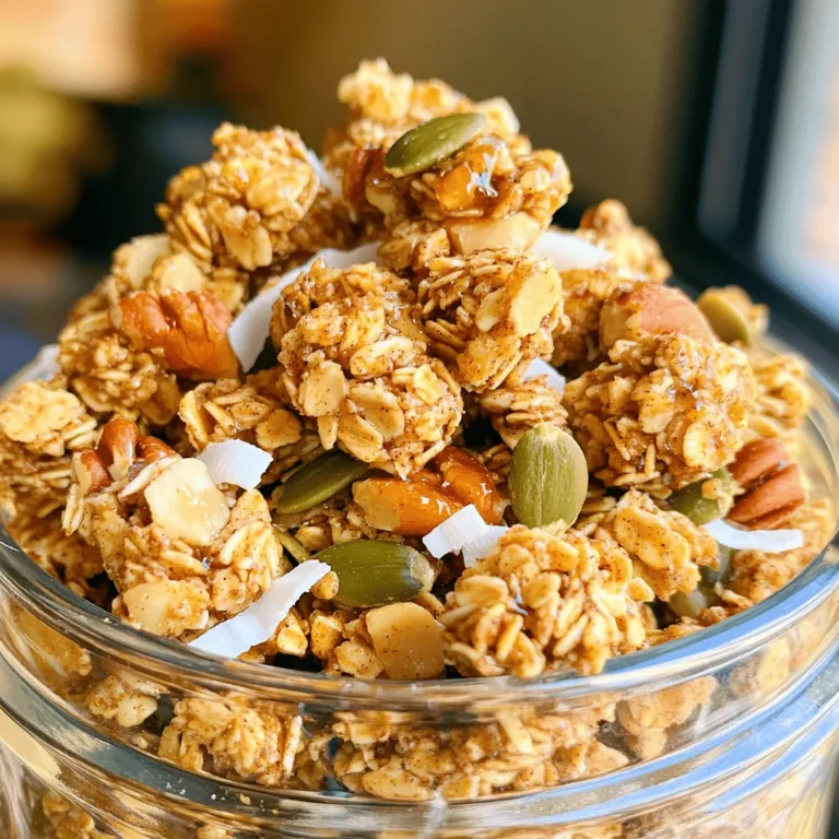 - 3 cups rolled oats - 1 cup chopped nuts (almonds, walnuts, or pecans) - 1/2 cup pumpkin seeds - 1/2 cup unsweetened coconut flakes - 1/3 cup maple syrup - 1/4 cup melted coconut oil - 1 teaspoon vanilla extract - 1 teaspoon ground cinnamon - 1/2 teaspoon salt - 1/2 cup optional dried fruit (raisins, cranberries, or apricots) To make Slow Cooker Maple Cinnamon Granola Clusters, you need simple and wholesome ingredients. Start with rolled oats. They form the base of your granola. Next, choose your favorite nuts. Almonds, walnuts, or pecans all work well. Pumpkin seeds add a nice crunch. Unsweetened coconut flakes give a tropical twist. For sweetness, maple syrup is key. Melted coconut oil helps bind everything. Vanilla extract adds a lovely flavor. Ground cinnamon warms up the mix. A pinch of salt enhances all the flavors. If you love dried fruit, raisins, cranberries, or apricots can be great additions. They add chewiness and extra sweetness. Gather all these ingredients, and you’re ready to create a delicious treat! - In a large bowl, combine 3 cups of rolled oats, 1 cup of chopped nuts, and 1/2 cup of pumpkin seeds. Use your hands or a spoon to mix them well. - Next, add 1/2 cup of unsweetened coconut flakes, 1 teaspoon of ground cinnamon, and 1/2 teaspoon of salt. Stir until everything is evenly distributed. - In another bowl, whisk together 1/3 cup of maple syrup, 1/4 cup of melted coconut oil, and 1 teaspoon of vanilla extract. Make sure this mixture is smooth and well-blended. - Pour the wet mixture into the dry ingredients. Stir well until all the oats and nuts are coated. - Grease the inside of your slow cooker with a bit of coconut oil. Then, transfer the granola mixture into the slow cooker and spread it out evenly. - Cover the slow cooker and set it to low heat. Cook for about 2 to 2.5 hours, stirring every 30 minutes. This helps the granola cook evenly. - After cooking, turn off the slow cooker and let it cool for about 30 minutes with the lid off. This helps the granola clump together. - If you like, stir in 1/2 cup of dried fruit, such as raisins or cranberries. - Finally, transfer the granola clusters to an airtight container. Store them at room temperature for up to two weeks. Stir the granola mix every 30 minutes. This helps it cook evenly. If you want chewy clusters, cook it for about 2 hours. For crunchier clusters, let it go for 2.5 hours. Just keep an eye on it to avoid burning. Serve your granola in clear glass jars. This makes it look pretty and inviting. You can sprinkle extra coconut flakes on top. A drizzle of maple syrup adds a sweet touch. Pair it with yogurt or milk for a tasty breakfast. You can change the sweetness by adding more or less maple syrup. For an extra kick, try adding more cinnamon. Mix in dried fruits like raisins or cranberries for added flavor. You can also swap nuts for your favorites or use seeds. {{image_2}} You can easily mix up the flavor of your granola clusters. One fun option is to add chocolate chips. They melt slightly and create a sweet, gooey treat. Just stir in about 1/2 cup of chocolate chips when the granola cools. Another great idea is to add spices like nutmeg or ginger. These spices add warmth and depth to the flavor. A pinch of nutmeg or a dash of ginger can make your granola unique. For those needing gluten-free options, swap regular oats for gluten-free oats. This keeps the recipe safe for those with gluten allergies. You can also add protein by mixing in protein powder or seeds like chia or flaxseeds. This helps make your granola even more filling and nutritious. If you prefer a vegan version, use maple syrup and coconut oil as your sweeteners and fats. This recipe is already dairy-free! For allergen-free versions, be careful with nuts and seeds. You can skip them or use sunflower seeds or pumpkin seeds instead. These swaps keep the clusters tasty and safe for everyone. To keep your granola fresh, store it in an airtight container. This helps prevent moisture. A glass jar or a plastic container works well. Make sure it seals tightly. You can also use freezer bags if you want to save space. If your granola gets soft, it may lose its crunch. At room temperature, your granola lasts for up to two weeks. Keep it in a cool, dry place. If you refrigerate it, it may last a bit longer, but it’s not necessary. Just remember, the fresher it is, the better it tastes. Freezing granola is super easy. First, let the clusters cool completely. Once cool, place them in a freezer bag. Squeeze out as much air as you can before sealing. It can last up to three months in the freezer. When you want to enjoy it, just take out what you need. Let it thaw at room temperature. You can also pop it in the oven for a few minutes to get it warm and crispy again. You can tell when your granola is done by its color and texture. It should be golden brown and feel dry. Stir it every 30 minutes while cooking. This helps it cook evenly. When it looks crisp and smells great, it’s ready! Yes, you can! If you don't have nuts, try seeds instead. You can use honey instead of maple syrup. If you’re not a fan of coconut, leave it out. Customize it to fit your taste. Feel free to mix dried fruits like raisins or cranberries for extra flavor. There are many tasty ways to enjoy your granola clusters. You can eat them as a snack. They’re great with milk or yogurt too. Top your smoothie or oatmeal with them for added crunch. You can even use them to decorate desserts! Homemade granola can last up to two weeks. Keep it in an airtight container at room temperature. If you want it to last longer, you can freeze it. Just make sure to let it cool completely before storing it. You now have a complete guide for making delicious granola clusters. The steps are easy, from mixing ingredients to storing your creation. Remember to customize flavors or adjust sweetness to fit your taste. Proper storage keeps your granola fresh, so follow those tips. Enjoy this healthy snack as it fits into your life. Be bold in trying new mix-ins and flavors. Homemade granola offers a mix of taste and health that store-bought can't match. Enjoy your tasty, healthy treat!