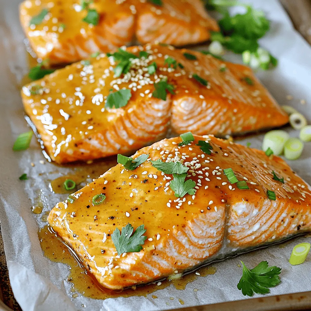 For this honey mustard glazed salmon, you need some simple yet flavorful ingredients. Each element adds to the taste and balance of this dish. Here’s what you’ll require: - 4 salmon fillets (about 6 ounces each) - 1/4 cup honey - 1/4 cup Dijon mustard - 2 tablespoons soy sauce (low sodium) - 2 tablespoons olive oil - 2 cloves garlic, minced - 1 teaspoon fresh ginger, grated - Salt and pepper to taste - 1 tablespoon sesame seeds (optional, for garnish) - Fresh parsley or green onions for garnish This mix of sweet honey, tangy mustard, and savory soy sauce creates a glaze that will make your salmon shine. The garlic and ginger add a nice warmth to the dish. Using fresh ingredients, like garlic and ginger, makes a big difference in flavor. Feel free to mix up the garnishes. Sesame seeds, parsley, or green onions can add a nice touch. They give your dish color and extra flavor. Each ingredient plays a vital role in making this salmon dish quick, easy, and very tasty. First, preheat your oven to 400°F (200°C). This step is key. A hot oven gives the salmon a nice cook. While it heats, line a baking sheet with parchment paper. This makes cleanup easy. Now, let’s make the honey mustard glaze. In a medium bowl, whisk together: - 1/4 cup honey - 1/4 cup Dijon mustard - 2 tablespoons low-sodium soy sauce - 2 tablespoons olive oil - 2 minced garlic cloves - 1 teaspoon grated fresh ginger Mix until everything blends well. The glaze brings a sweet and tangy kick to the salmon. Next, season your salmon fillets with salt and pepper. Use about 1/4 teaspoon of each per fillet. Place the salmon skin-side down on the baking sheet. Brush the honey mustard glaze generously over the top. Save some glaze for later. Bake the salmon in the preheated oven for 12-15 minutes. You'll know it's done when the fish flakes easily with a fork. For a nice finish, switch to broil in the last 2 minutes. This caramelizes the glaze. Keep a close watch to avoid burning. Just 1-2 minutes is enough. To check doneness, look for a light pink color. This means it’s cooked well. If you like your salmon more done, leave it in for another minute. Always use a fork to test if it flakes easily. Enjoy your perfectly cooked salmon! To get the best flavor, use fresh ingredients. Fresh garlic and ginger add a bright taste. Stick with high-quality honey and Dijon mustard. They boost the glaze's depth. Let the salmon soak in the glaze for a while. This step allows the flavors to blend. Brush on more glaze before serving for extra yum. The cooking time for salmon may change based on your oven. If your fillets are thicker, add a few more minutes. Always check for doneness at 12 minutes. The fish should flake easily with a fork. If you prefer a crispier top, broil for the last two minutes. Watch it closely to avoid burning. Pair your honey mustard glazed salmon with tasty sides. Here are some ideas: - Steamed broccoli - Roasted asparagus - Quinoa salad - Garlic mashed potatoes - Basmati rice These sides add color and flavor to your plate. Enjoy a well-rounded meal! {{image_2}} You can switch up the glaze for new flavors. Try using maple syrup instead of honey. This adds a rich sweetness. You can also use whole grain mustard for a stronger taste. Mix in a splash of lemon juice for brightness. Adding herbs like thyme or rosemary can create a fresh twist. These changes can make your dish unique and exciting. You can cook this salmon in different ways. Grilling gives it a smoky flavor. Preheat your grill to medium heat. Place the salmon on a grill pan or directly on the grates. Cook for about 6-8 minutes per side. If you prefer pan-searing, heat olive oil in a skillet. Cook the salmon skin-side down for 4-5 minutes. Flip it and cook for another 3-4 minutes. Both methods give you tasty results. Pairing vegetables with honey mustard glazed salmon makes a great meal. Broccoli or asparagus work well. You can roast them in the oven while the salmon cooks. Just toss them in olive oil, salt, and pepper. For a fresh side, try a simple salad with mixed greens. A light vinaigrette will balance the dish nicely. Carrots or green beans also add color and crunch. Enjoy your meal with these tasty sides! To keep leftover honey mustard glazed salmon fresh, let it cool first. Place it in an airtight container. Store it in the fridge for up to three days. If you want to enjoy it later, freezing is a great option. When you’re ready to reheat, take the salmon out of the fridge. Preheat your oven to 350°F (175°C). Place the salmon on a baking sheet. Cover it with foil to keep it moist. Heat for about 10-15 minutes. Check to see if it’s warm all the way through. You can also use a microwave, but it may dry out. To freeze the salmon, wrap each piece tightly in plastic wrap. Then, place it in a freezer bag. Remove as much air as possible. Label the bag with the date. You can freeze it for up to three months. When you’re ready to eat it, thaw it in the fridge overnight before reheating. Yes, you can. Try trout, tilapia, or cod. These fish work well with the honey mustard glaze. They will give a different taste but still remain delicious. Choose fish that is firm and can hold up well during cooking. Check the color and texture. The salmon should turn from bright pink to a light pink. It should flake easily with a fork. If you have a meat thermometer, the inside should read 145°F (63°C). This will ensure it is safe to eat. You can store it for up to three days. Place it in an airtight container. This keeps it fresh and tasty. Make sure it cools down before storing. To make it spicier, add a pinch of cayenne pepper or red pepper flakes to the glaze. For a sweeter taste, increase the honey by one or two tablespoons. Adjust the flavors to fit your taste. Enjoy experimenting with different levels of heat and sweetness! In this blog post, we covered everything about making Honey Mustard Glazed Salmon. We discussed ingredients, step-by-step instructions, and tips for the best flavor. You learned different cooking methods and how to store leftovers. Now, you can impress family and friends with this simple yet tasty dish. Remember, cooking should be fun and rewarding. Enjoy your delicious salmon, and don't be afraid to try new flavors!