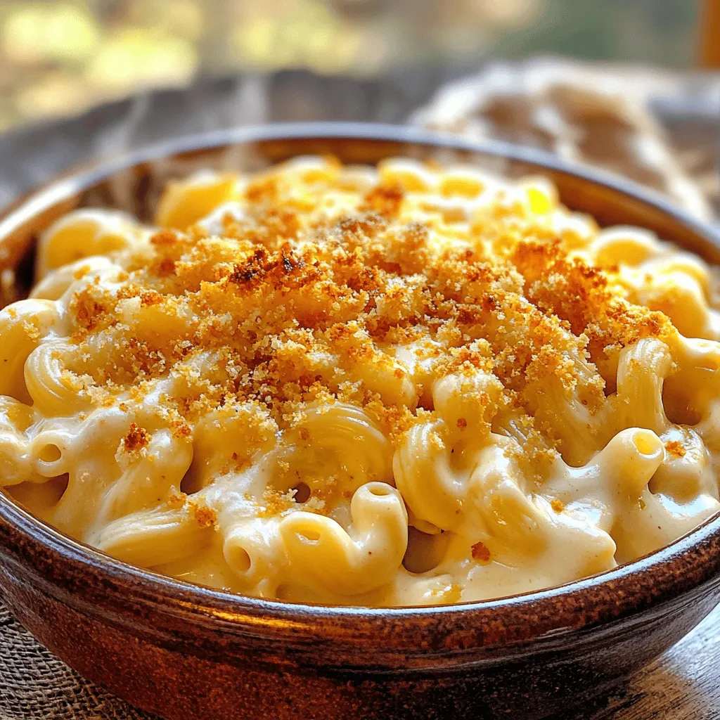- 2 cups elbow macaroni - 4 cups sharp cheddar cheese, shredded - 1 cup cream cheese, cubed - 2 cups whole milk - 1 cup chicken broth - 1 teaspoon garlic powder - 1 teaspoon onion powder - 1 teaspoon mustard powder - 1/2 teaspoon cayenne pepper (optional) - Salt and pepper to taste - 1 cup breadcrumbs (for topping) - 2 tablespoons butter, melted First, let’s gather all the ingredients to create this creamy delight. The elbow macaroni is the base of the dish. Sharp cheddar cheese gives it a rich flavor. Cream cheese adds to the creaminess that you crave. Whole milk and chicken broth help blend everything together. For seasoning, garlic powder and onion powder bring out the taste. Mustard powder adds a slight zing. If you want a bit of heat, cayenne pepper is a great choice. Don't forget salt and pepper to balance the flavors. Lastly, the breadcrumbs and melted butter create a crunchy topping. This adds texture to your creamy mac and cheese. - Slow cooker - Measuring cups and spoons - Mixing bowl - Oven-safe dish (for optional topping) You will need a slow cooker to cook the macaroni and cheese to perfection. Measuring cups and spoons help you get the right amounts. A mixing bowl is useful when preparing the breadcrumb topping. If you want a crunchy finish, an oven-safe dish is needed for broiling. Now that you have your ingredients and tools ready, you’re all set to make some unforgettable slow cooker creamy mac and cheese! - Step 1: Add elbow macaroni to slow cooker. Start by pouring 2 cups of uncooked elbow macaroni into your slow cooker. This is the base for your dish and will soak up all the creamy goodness. - Step 2: Pour in liquids. Next, pour in 2 cups of whole milk and 1 cup of chicken broth over the macaroni. This mix gives the pasta a rich flavor and makes it creamy as it cooks. - Step 3: Add cream cheese and cheddar cheese. Now, cube 1 cup of cream cheese and add it to the slow cooker. Then, sprinkle in 4 cups of shredded sharp cheddar cheese. This combination makes your mac and cheese irresistibly cheesy. - Step 4: Season and stir. It's time to add flavor! Mix in 1 teaspoon each of garlic powder, onion powder, and mustard powder. If you want a little heat, add 1/2 teaspoon of cayenne pepper. Don't forget salt and pepper to taste. Stir everything well to combine all the ingredients. - Step 5: Cook on low. Cover the slow cooker and set it to low. Let it cook for 2 to 3 hours. Stir occasionally if you can. Your macaroni should be tender and the cheese melted into a creamy sauce. - Step 6: Optional broil for crunchy topping. If you like a crispy top, mix 1 cup of breadcrumbs with 2 tablespoons of melted butter in a bowl. After the mac and cheese is done, transfer it to an oven-safe dish. Sprinkle the breadcrumb mixture on top and broil for about 5 minutes until golden brown. This adds a nice crunch to your creamy mac and cheese. To make your mac and cheese rich, use high-quality cheese. Sharp cheddar delivers great flavor. I mix it with cream cheese for extra creaminess. Stir occasionally during cooking. This helps keep the cheese smooth and melts perfectly with the pasta. Feel free to adjust seasonings to taste. If you love garlic, add more garlic powder. Want a hint of spice? A bit more cayenne will do it. You can also add cooked proteins or vegetables. Try shredded chicken, bacon, or broccoli for a twist. Mix in different herbs or spices for extra flavor. Fresh parsley or thyme can brighten the dish. Experiment with different breadcrumb types too. Panko gives a crunchier topping, while regular breadcrumbs are softer. Each choice adds a unique touch. {{image_2}} You can change the cheese for a new taste. Swap cheddar for Gouda or Monterey Jack. Gouda adds a smoky flavor. Monterey Jack gives a creamy texture. Try mixing different cheeses for fun combinations. Want a healthier dish? Use whole grain pasta. It adds fiber and nutrients. You can also switch to lower-fat cheeses or milk. This way, you keep the creaminess while cutting calories. If you like heat, add diced jalapeños or hot sauce. They bring a nice kick. For more flavor, mix in sautéed onions or peppers. These add sweetness and depth to the dish. To store leftovers in the fridge, let the mac and cheese cool first. Then, scoop it into an airtight container. It can last up to three days. Make sure to label the container with the date. This helps you keep track of how long it has been stored. For freezing mac and cheese, use a freezer-safe container. Divide it into portions for easy meals later. Leave some space in the container as the dish will expand when frozen. It can last up to three months in the freezer. Thaw it overnight in the fridge before reheating. To reheat without losing creaminess, warm it slowly on the stove. Add a splash of milk to keep it smooth. Stir it often to avoid burning. You can also microwave it in short bursts. Just remember to stir between each burst. This helps the heat spread evenly. Enjoy your creamy mac and cheese, just like fresh! Yes, you can use gluten-free pasta. Just make sure it cooks well in the slow cooker. Check the package for cooking times. Gluten-free pasta may need less time, so keep an eye on it. You can store leftover mac and cheese in the fridge for up to three days. Put it in an airtight container to keep it fresh. Make sure to let it cool before sealing. Yes, you can prepare this dish ahead of time. Just mix all the ingredients and store them in the slow cooker. Cook it the next day for a warm meal. The best way to reheat creamy mac and cheese is on the stove. Add a splash of milk to help it stay creamy. Stir it over low heat until warmed through. You can also use a microwave, but it may dry out. Absolutely! You can swap cheddar for other cheeses like Gouda or Monterey Jack. Each cheese gives a unique flavor and texture. Feel free to mix and match for fun combinations. To make this recipe vegetarian, simply replace chicken broth with vegetable broth. This keeps the flavor rich and tasty. You can also add vegetables like broccoli or bell peppers for extra nutrition. This blog post covers a creamy mac and cheese recipe that’s easy and delicious. You learned about key ingredients, equipment needed, and step-by-step cooking directions. I shared tips for creaminess and personalization, plus variations for different tastes. Lastly, I provided storage and reheating advice. With this knowledge, you can create your own perfect mac and cheese. Enjoy the process and customize it to fit your tastes!