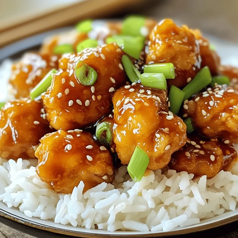 - 1 lb boneless, skinless chicken breasts, cut into bite-sized pieces - 1/2 cup cornstarch - 2 tablespoons vegetable oil - 1/4 cup honey - 3 tablespoons soy sauce - 1 tablespoon sesame oil - 2 cloves garlic, minced - 1 inch ginger, grated - 1 teaspoon sesame seeds (toasted) - 2 green onions, sliced (for garnish) You will need fresh chicken breasts for this dish. Cut them into small pieces. The cornstarch is key to making the chicken crispy. Use a good vegetable oil for frying. For the sauce, honey adds sweetness. Soy sauce brings a savory taste. The sesame oil gives a nutty flavor. Garlic and ginger add depth to the sauce. Don’t forget the garnishes! Toasted sesame seeds add crunch. Sliced green onions give a lovely color and fresh taste. These ingredients work together to make your honey sesame chicken better than takeout. 1. First, take your chicken breasts. Cut them into bite-sized pieces. 2. In a bowl, add 1/2 cup of cornstarch. Toss the chicken pieces in the cornstarch. Make sure each piece is evenly coated. This helps to create a crispy texture when cooked. 3. Heat 2 tablespoons of vegetable oil in a large skillet over medium-high heat. 4. Once the oil is hot, place the chicken in a single layer in the skillet. 5. Cook the chicken for about 4-5 minutes. Turn the pieces occasionally. You want them to be golden brown and crispy. Once done, remove the chicken and set it aside. 1. In the same skillet, turn the heat down to medium. 2. Add 1/4 cup of honey, 3 tablespoons of soy sauce, and 1 tablespoon of sesame oil. 3. Next, add 2 cloves of minced garlic and 1 inch of grated ginger. 4. Pour in 1 tablespoon of rice vinegar. Stir the mixture well. 5. Let this cook for about 2-3 minutes. You will notice the sauce thickening slightly as it cooks. 1. Now, return the cooked chicken to the skillet. 2. Toss the chicken gently in the honey sesame sauce. Make sure every piece is coated and heated through. 3. Just before serving, sprinkle 1 teaspoon of toasted sesame seeds over the chicken. 4. Garnish with 2 sliced green onions. This adds color and flavor to your dish. Serve this delicious Honey Sesame Chicken over cooked white rice or quinoa for a perfect meal! Using fresh ingredients is key. Fresh chicken, crisp garlic, and vibrant ginger make a big difference. They boost flavor and keep your dish bright. Choose high-quality soy sauce and honey for the best taste. To get that perfect texture, cook chicken in a hot skillet. This helps it turn golden brown and crispy. Avoid overcrowding the pan. Cook in batches if needed. This way, each piece gets enough heat for a nice sear. To balance the sauce, adjust honey and soy sauce. More honey makes it sweeter. Adding more soy sauce brings saltiness. Taste as you go. This way, you find the right mix for your taste. If you want different sweeteners, try maple syrup or agave. Both work well and add their own twist. You can even use brown sugar for a deeper flavor. For a beautiful plate, use white rice or quinoa. This adds a nice contrast to the chicken. Drizzle extra sauce on top for shine. Garnish with toasted sesame seeds and green onions. This adds color and texture. Serve in large bowls for a casual look or on elegant plates for special occasions. Make your meal inviting and fun! {{image_2}} You can switch chicken for tofu or shrimp. To make tofu, use firm or extra-firm tofu. Cut it into cubes and press it to remove extra water. For shrimp, choose medium or large shrimp, peeled and deveined. - Cooking times: - Cook tofu for about 3-4 minutes until golden. - Cook shrimp for 2-3 minutes until pink and opaque. This way, you still get a tasty dish, no matter the protein you choose. You can change the flavor of the sauce by using different types of vinegar. Try apple cider vinegar or white wine vinegar for a twist. Each type will give your dish a unique taste. - Adding heat: - Mix in chili paste or red pepper flakes to spice things up. - Start with a small amount, then taste and adjust as needed. Experimenting with these options can help you find your favorite combo. For gluten-free needs, look for gluten-free soy sauce. Many brands offer great flavors without gluten. - Low-carb modifications: - Replace honey with a low-carb sweetener like erythritol or stevia. - You can also serve it over cauliflower rice instead of traditional rice or quinoa. These adjustments can help you enjoy this dish while sticking to your diet! To keep your honey sesame chicken fresh, use airtight containers. Glass or plastic containers work well. Store the chicken in the fridge for up to three days. This way, it stays tasty and safe to eat. You can freeze the honey sesame chicken for later. Place it in a freezer-safe container or bag. Make sure to remove as much air as possible. This helps prevent freezer burn. It will stay good for about three months. When you want to eat it, thaw it in the fridge overnight. Reheat it in a pan over low heat. This keeps the chicken juicy and flavorful. Leftovers can be fun to use in new meals! Try adding the chicken to salads for a tasty lunch. It also works well in wraps with some fresh veggies. You can even mix it with rice or quinoa for a quick dinner. Get creative and enjoy your leftovers! You can serve Honey Sesame Chicken with several tasty sides. Here are some popular options: - Cooked white rice - Quinoa - Steamed broccoli - Fried rice - Stir-fried vegetables These sides add color and flavor. They also balance the sweetness of the chicken. For a fresh touch, a simple salad works well too! Yes, you can prepare this dish in advance. Here are some tips for meal prep: - Cook the chicken and sauce separately. - Store them in airtight containers. - Keep the chicken crispy by reheating in a skillet. This helps to keep the crunch. For best flavor, eat within three days. To achieve a crispy texture, follow these steps: - Coat chicken pieces well in cornstarch. - Make sure the oil is hot before adding chicken. - Don’t overcrowd the pan. This ensures even cooking. Common mistakes include using too much moisture or not heating oil enough. Avoid these for the best crunch! You now have a complete guide to make Honey Sesame Chicken. We covered key ingredients, step-by-step instructions, and helpful tips. You can even explore protein and sauce variations to fit your taste. This dish is simple to prepare and can wow your dinner guests. Whether you keep it traditional or get creative, you can enjoy a flavorful meal. Try it, and impress yourself and others with your cooking skills!