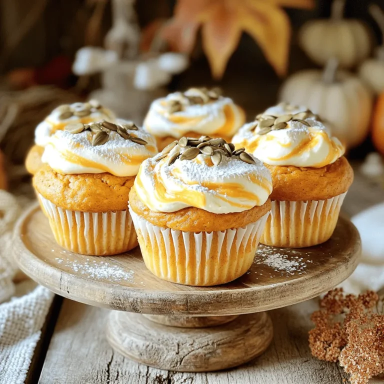 To make these tasty muffins, gather these simple ingredients: - 1 cup all-purpose flour - 1 cup whole wheat flour - 1 teaspoon baking powder - 1 teaspoon baking soda - 1 teaspoon ground cinnamon - 1/2 teaspoon ground nutmeg - 1/2 teaspoon ground ginger - 1/2 teaspoon salt - 1 cup canned pumpkin puree - 1/2 cup brown sugar - 1/4 cup granulated sugar - 1/2 cup vegetable oil - 2 large eggs - 1 teaspoon vanilla extract - 4 oz cream cheese, softened - 1/4 cup powdered sugar - 1/2 teaspoon vanilla extract (for cream cheese filling) For a little extra crunch and flair, consider these optional toppings: - Pumpkin seeds - Pecans You can easily swap ingredients if needed: - Use almond flour for gluten-free muffins. - Replace granulated sugar with coconut sugar for a healthier option. - Substitute applesauce for vegetable oil to cut calories. - Use egg replacers for a vegan option. These swaps let you customize the recipe to fit your needs while keeping it delicious! Start by preheating your oven to 350°F (175°C). Line a muffin tin with paper liners or grease it well. This helps the muffins come out easily. In a medium bowl, whisk together these dry ingredients: - 1 cup all-purpose flour - 1 cup whole wheat flour - 1 teaspoon baking powder - 1 teaspoon baking soda - 1 teaspoon ground cinnamon - 1/2 teaspoon ground nutmeg - 1/2 teaspoon ground ginger - 1/2 teaspoon salt Set this bowl aside. In a larger bowl, mix the wet ingredients. Combine: - 1 cup canned pumpkin puree - 1/2 cup brown sugar - 1/4 cup granulated sugar - 1/2 cup vegetable oil - 2 large eggs - 1 teaspoon vanilla extract Whisk these until smooth and combined. Gradually add the dry mix to the wet mix. Stir gently just until you see no more dry flour. Be careful not to overmix, as this keeps the muffins soft. In a separate bowl, prepare the cream cheese filling. Beat together: - 4 oz cream cheese, softened - 1/4 cup powdered sugar - 1/2 teaspoon vanilla extract Mix until smooth and creamy. This filling adds a delightful surprise in the muffins. Fill each muffin cup about two-thirds full with the pumpkin batter. Use a teaspoon to add a dollop of the cream cheese filling on top of the batter in each cup. Then, cover this with a little more pumpkin batter. If you want, sprinkle pumpkin seeds or pecans on top for extra crunch. Bake in your preheated oven for 18-20 minutes. To check if they are done, insert a toothpick into the center. If it comes out clean, they are ready. Let the muffins cool in the pan for about 5 minutes. After that, transfer them to a wire rack to cool completely. Enjoy these warm for the best taste! To make great muffins, follow these tips: - Measure flour carefully. Too much flour makes muffins dense. - Mix dry and wet ingredients separately first. This helps the batter blend better. - Don’t overmix the batter. Stir until it’s just combined for fluffier muffins. - Fill muffin cups two-thirds full. This allows room for rising. - Use an oven thermometer. It ensures your oven heats accurately. Store muffins at room temperature in an airtight container. They stay fresh for about three days. For longer storage, freeze them. Wrap each muffin in plastic wrap. Then, place them in a freezer bag. When you want one, just thaw it at room temperature. To reheat, pop a muffin in the microwave for about 10-15 seconds. This makes it warm and soft. You can also reheat muffins in an oven at 350°F for 5-7 minutes. Having the right tools helps make baking easier. Here are some must-haves: - Muffin tin: A standard 12-cup tin works best. - Paper liners: These make cleaning up easy and help muffins pop out. - Mixing bowls: Use one large and one medium bowl for mixing. - Whisk: Great for blending dry ingredients and eggs. - Rubber spatula: Perfect for folding and scraping batter. - Oven mitts: Keep your hands safe when handling hot pans. With these tips, your pumpkin cream cheese muffins will be a hit! {{image_2}} You can make these muffins gluten-free with easy swaps. Use a gluten-free flour mix instead of regular flour. You need to check that the flour mix has a binding agent, like xanthan gum. This helps hold the muffins together. Follow the same steps in the recipe. You will still enjoy the creamy filling and warm spices. To make these muffins vegan, you can swap a few ingredients. Replace the eggs with flax eggs. Mix one tablespoon of ground flaxseed with three tablespoons of water. Let it sit for five minutes, and it will thicken up. Use plant-based cream cheese instead of regular cream cheese. You can also use coconut oil in place of vegetable oil. These changes keep the muffins moist and tasty. You can play with flavors in your muffins. Add chocolate chips or nuts for a fun twist. If you want a spicier kick, add some cayenne pepper or chili powder. For a fruity touch, toss in some raisins or dried cranberries. You can also mix in different spices, like allspice or cardamom. These choices let you create your perfect muffin. Each muffin has about 200 calories. This includes the healthy fats and sugars from the ingredients. You will find: - 80 calories from the all-purpose flour - 40 calories from the whole wheat flour - 30 calories from the brown sugar - 20 calories from the granulated sugar - 30 calories from the cream cheese - 20 calories from the vegetable oil These numbers may vary based on your specific brands and measurements. Pumpkin is a star in this recipe. It is rich in vitamins A and C. It also has lots of fiber, which helps digestion. Whole wheat flour adds more nutrients and fiber compared to white flour. Cream cheese offers calcium, which is good for bones. Using brown sugar instead of white sugar gives a slight boost in minerals. Spices like cinnamon and ginger can help with inflammation and may even boost your metabolism. If you want to control portions, use a muffin scoop. This helps keep each muffin the same size. You can also freeze extras for later. Just wrap them in plastic and store in a bag. When you want one, pop it in the microwave for a quick snack. Sharing with friends makes it easy to enjoy the muffins without overindulging. To check if the muffins are done, insert a toothpick into the center. If it comes out clean, they are ready. You can also look for a golden-brown color on top. The muffins should spring back lightly when touched. Yes, you can freeze these muffins. Let them cool completely first. Wrap each muffin tightly in plastic wrap and place them in an airtight container. They stay fresh for about three months in the freezer. When ready to eat, just thaw at room temperature or warm in the oven. To reduce the sweetness, cut back on the brown and granulated sugar. You can use half the amount of each. Another option is to replace sugar with unsweetened applesauce. This keeps the muffins moist while lowering the sugar content. Adjusting spices like cinnamon and nutmeg can also enhance flavor without extra sugar. In this post, we explored how to make delicious pumpkin cream cheese muffins. We covered essential ingredients, preparation steps, and helpful tips for perfect results. You learned about variations for different diets and the nutritional benefits of your ingredients. Now, you can bake with confidence, knowing how to get great outcomes every time. Enjoy these muffins fresh or store them for later. Happy baking and savor each bite!